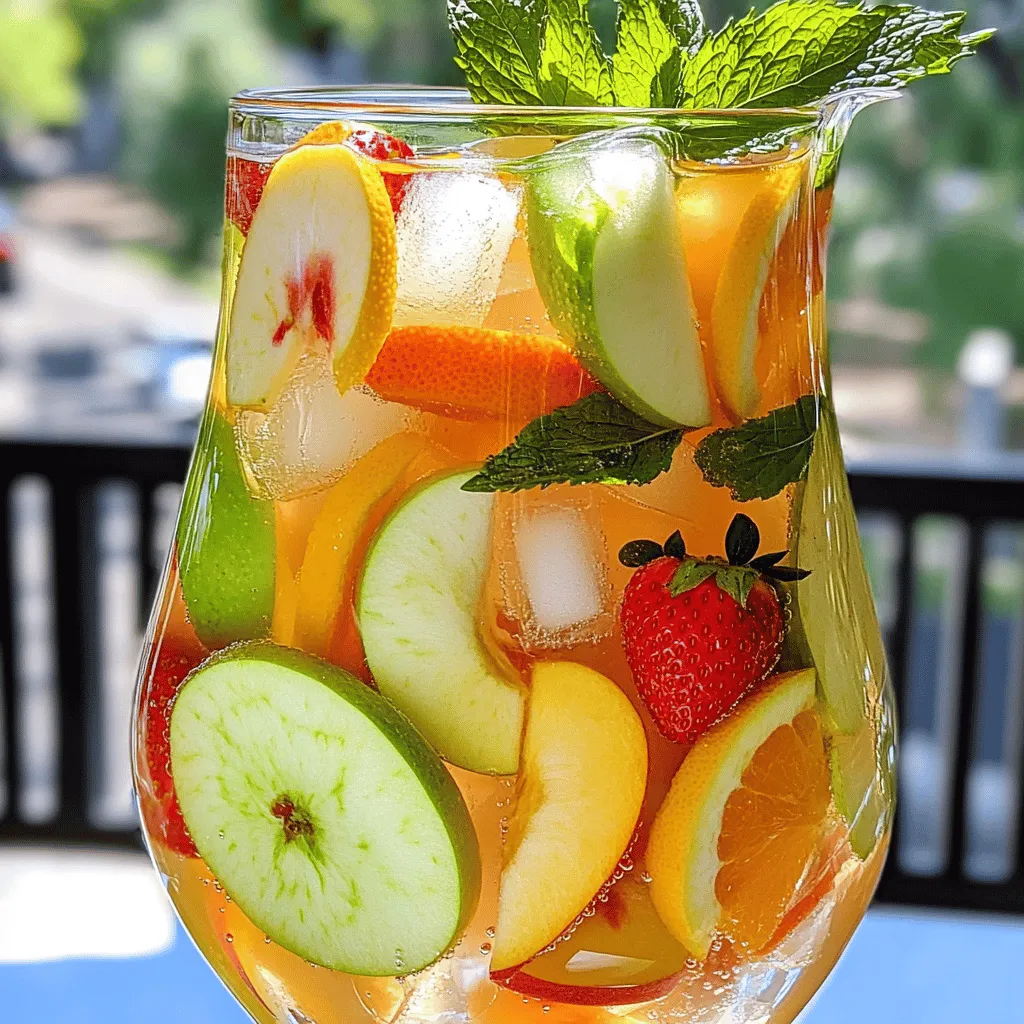 To make white sangria, you need the following ingredients: - 2 cups white grape juice - 1 cup sparkling water or lemon-lime soda - 1 cup peach or apricot nectar - 1 medium green apple, thinly sliced - 1 cup fresh strawberries, halved - 1 orange, thinly sliced - 1 lemon, thinly sliced - A handful of fresh mint leaves - Ice cubes For a great white sangria, I suggest using a dry white wine. Here are some options: - Sauvignon Blanc - Pinot Grigio - Chardonnay These wines have nice fruit notes and mix well. Keep the wine light. Avoid overly sweet options for balance. You can add more fruits for extra flavor. Here are some tasty choices: - Pineapple chunks - Raspberries - Kiwi slices Experiment with herbs, too. Try a sprig of basil or rosemary. They give a unique taste. For sweetness, consider adding a splash of agave syrup or honey. This can help balance the tartness of citrus fruits. To make white sangria, you need a pitcher and some fun. Start by pouring 2 cups of white grape juice into the pitcher. Next, add 1 cup of peach or apricot nectar. Stir them well. This mix is the base of your drink. Now, slowly add 1 cup of sparkling water or lemon-lime soda. Adding it slowly keeps the bubbles fresh. Then, it's time for the fruits. Slice 1 medium green apple and add it. Halve 1 cup of fresh strawberries and toss them in too. Don't forget to slice 1 orange and 1 lemon thinly. Add these slices to the mix. As you stir, gently press the fruit. This helps their juices blend into the sangria. Next, toss in a handful of fresh mint leaves. This step adds a nice, fresh scent. Cover your pitcher and let it chill in the fridge for at least 30 minutes. This waiting time helps the flavors mix well. To keep your sangria bubbly, add the sparkling water last. Pour it in gently. If you need to serve later, wait until just before serving to add the fizz. This way, your drink stays lively and fun. When you’re ready to serve, grab some glasses and fill them with ice cubes. Pour the chilled sangria over the ice. Make sure each glass has fruit. For a pretty touch, garnish with more mint leaves and a slice of citrus. This not only looks nice but also makes each sip even better. Enjoy your refreshing drink! To make your white sangria shine, start with the right wine. I recommend a dry white wine, like Sauvignon Blanc. This wine adds a crisp taste. Next, focus on your fruit. Use fresh, ripe fruit for the best flavor. Slice them thin to help the juices mix well. Let your sangria sit in the fridge for at least 30 minutes. This time helps the flavors blend perfectly. Finding the right balance is key. If your sangria tastes too sweet, add more citrus. Squeeze in fresh lemon or lime juice. This adds acidity and brightens the drink. If it’s too tart for your taste, stir in a bit of sugar or honey. Start with a teaspoon and taste as you go. Remember, you can always add more but can't take it out! Want a tasty drink without the wine? Try the refreshing white sangria mocktail recipe. It’s perfect for everyone. The full recipe includes white grape juice, sparkling water, and fresh fruit. This drink is just as fun and flavorful as the original! Enjoy it at parties or on a sunny afternoon. {{image_4}} To make a tropical white sangria, you can use pineapple and mango. Start with 2 cups of white grape juice. Add 1 cup of pineapple juice. Mix in 1 cup of sparkling water. Include slices of fresh pineapple and mango for a sweet twist. Garnish with coconut flakes for a fun touch. This tropical version will bring a taste of the islands to your glass. For a zesty taste, try a citrus-infused sangria. Use 2 cups of white grape juice. Add 1 cup of orange juice for a bright flavor. Squeeze in juice from a lime and a lemon. Include slices of blood oranges and grapefruits for extra zing. The mix of citrus will wake up your taste buds and keep you refreshed. Change your sangria with the seasons. In summer, use berries like blueberries and raspberries. In fall, add slices of crisp pears and a sprinkle of cinnamon. Winter can bring in pomegranate seeds and cranberries for a festive look. In spring, try fresh herbs like basil or lavender for a fresh touch. Each season offers new flavors to explore in your sangria. Store leftover white sangria in a sealed container. This keeps it fresh. Use a pitcher with a lid or a glass jar. Make sure to keep it in the fridge. Consume the sangria within three days for the best taste. To keep your sangria fresh, avoid adding fruit until serving. Add fruits just before you pour. This prevents the fruits from getting too soggy. If you have leftover fruit, store it in the fridge too. Use it in smoothies or salads later. You can freeze the fruits used in sangria. Slice the fruits and place them on a tray. Freeze them for a couple of hours, then transfer to a bag. Frozen fruits are great for later. They add chill and flavor to your next batch of white sangria. The best wine for white sangria is light and fruity. I recommend using a dry white wine. Good options include Sauvignon Blanc, Pinot Grigio, or Chardonnay. These wines blend well with fruits and juices. Avoid heavy wines, as they can overpower the drink. You can keep white sangria in the fridge for up to three days. However, the fruit will start to lose its freshness after one day. For the best taste, enjoy it within 24 hours. If you want to keep the fizz, add sparkling water just before serving. Yes, you can make white sangria ahead of time! Prepare it a few hours before your event. This allows the flavors to mix well. Just remember to add sparkling water or soda right before serving. This keeps the drink bubbly and refreshing. For a non-alcoholic version, check out the Full Recipe! You learned how to make a tasty white sangria. We covered ingredients, key wines, and more. I shared easy steps for prep and tips for fizz. You can make fun variations, like tropical or citrus sangria. Don't forget about storing leftovers the right way. With this guide, you can impress friends and family. White sangria is refreshing for any occasion. Enjoy making it your own!