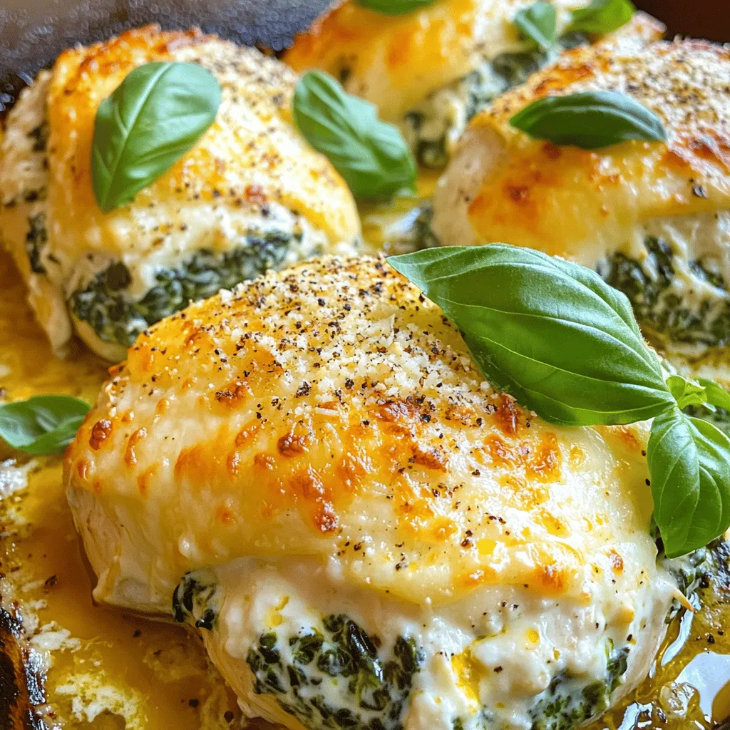 - 4 boneless, skinless chicken breasts - 2 cups fresh spinach, chopped - 1 cup ricotta cheese - 1 cup grated mozzarella cheese, divided - 1/2 cup grated Parmesan cheese - 1 clove garlic, minced - 1 tablespoon olive oil - 1 teaspoon Italian seasoning - Salt and pepper to taste - 1/4 teaspoon red pepper flakes (optional) - Fresh basil leaves for garnish To start, gather all your ingredients. This helps keep your cooking area tidy. Prepping will make the cooking flow smoother. First, preheat your oven to 375°F (190°C). This step is crucial for even cooking later. While the oven heats, season your chicken. Use salt, pepper, and Italian seasoning. Next, heat the olive oil in a skillet. Add the minced garlic. Sauté it for about 30 seconds. You want it fragrant but not brown. Then, add the chopped spinach. Cook just until it wilts, about 2-3 minutes. This brings out its bright flavor and color. Remove the skillet from the heat and let it cool a bit. In a separate bowl, mix the ricotta cheese, half of the mozzarella, and the cooked spinach. Stir well and add a pinch of salt and pepper. If you like spice, toss in some red pepper flakes. This filling is creamy and packed with flavor. Chicken Florentine is a healthy dish. Each serving provides a good amount of protein from the chicken and cheese. Spinach adds vitamins A and C, along with iron. Here’s a rough breakdown for one serving: - Calories: 400 - Protein: 40g - Carbohydrates: 6g - Fat: 24g This dish fits well into a balanced meal. Enjoy it with a side of veggies or a salad for a complete experience. For the full recipe, please refer to the mentioned source. First, preheat your oven to 375°F (190°C). This step warms the oven so your chicken cooks evenly. While the oven heats, take your chicken breasts and season them well. Use salt, pepper, and Italian seasoning to add flavor. Be sure to coat both sides evenly. This seasoning enhances the taste and brings out the best in your dish. Next, grab a large skillet and heat one tablespoon of olive oil over medium heat. Add one clove of minced garlic. Sauté it for about 30 seconds until it smells great. Then, add two cups of chopped spinach. Cook the spinach until it wilts, which usually takes 2-3 minutes. Keep an eye on the color; it should stay vibrant green. Once cooked, remove the skillet from heat and let the spinach cool slightly. Now, let’s prepare the filling. In a mixing bowl, combine one cup of ricotta cheese, half of the grated mozzarella, and the sautéed spinach. Mix everything well and add a pinch of salt and pepper. If you like some heat, add a little red pepper flakes. Take each chicken breast and slice it horizontally to create a pocket. Be careful not to cut all the way through. Stuff each chicken breast generously with the spinach and ricotta mixture. If needed, use toothpicks to secure the openings. This keeps the filling inside while cooking. Place the stuffed chicken in a greased baking dish. Sprinkle the remaining mozzarella and grated Parmesan cheese on top. This will create a tasty, bubbling crust. Bake the dish for 25-30 minutes. The chicken should be cooked through and the cheese melted and golden. Once it’s done, let the chicken rest for 5 minutes before serving. This helps keep the juices inside. Finish by garnishing with fresh basil leaves for a lovely touch. You can find the full recipe above for more detailed steps. Enjoy your Chicken Florentine! To make your Chicken Florentine shine, focus on the chicken. Always choose fresh, high-quality chicken breasts. This choice makes a big difference in taste. Season the chicken well. Use salt, pepper, and Italian seasoning. This will add depth to your dish. When you sauté the garlic, keep an eye on it. Garlic can burn quickly. You want it fragrant, not brown. Cook the spinach just until it wilts. This keeps its bright color and nutrients. Mixing the filling is fun! Make sure to taste it. Adjust the salt and pepper to your liking. Presentation matters. Serve your Chicken Florentine on warm plates. A drizzle of olive oil adds a nice touch. Garnish with fresh basil for color and flavor. This enhances the dish's look and taste. You can also add a squeeze of fresh lemon juice. It brightens the flavors and adds a fresh twist. Chicken Florentine pairs well with many sides. Consider serving it with roasted vegetables. They add color and nutrition to your plate. A light salad with vinaigrette works great too. The acidity of the dressing balances the richness of the chicken. If you want something heartier, try garlic bread or pasta. Both are excellent choices. They soak up the tasty juices from the chicken. For a refreshing drink, serve a crisp white wine or sparkling water. This enhances your meal and makes it special. For the complete recipe, check the Full Recipe link. {{image_4}} You can switch up the cheese in Chicken Florentine. Instead of ricotta, try cream cheese for a richer taste. Goat cheese adds a nice tang. You can also use feta for a salty kick. Mixing cheeses creates exciting flavors. Cheese blends let you customize the dish to your liking. You can make Chicken Florentine for different diets. For a dairy-free option, use cashew cream instead of cheese. If you're gluten-free, ensure your seasonings and ingredients are safe. You can also swap chicken for tofu or tempeh. These changes keep the dish tasty while meeting your needs. Spinach isn't the only green you can use. Kale works well and has a hearty texture. Swiss chard also makes a great choice. If you want something different, try arugula for a peppery flavor. Mixing these greens gives you a fun twist on the classic dish. The full recipe shows how you can easily adapt it. You can keep leftover Chicken Florentine in the fridge. Place it in an airtight container. It stays fresh for up to three days. If you want to enjoy it later, cool it down first. This helps keep the flavors intact. Reheat Chicken Florentine in the oven. Set your oven to 350°F (175°C). Place the chicken in a baking dish. Cover it with foil to keep it moist. Heat for about 15-20 minutes. You can also use a microwave. Just place the chicken on a plate and cover it. Heat for 1-2 minutes on medium power. Freezing is a great way to save Chicken Florentine. Wrap each piece tightly in plastic wrap. Then place them in a freezer bag. They can last up to two months in the freezer. When ready to eat, thaw in the fridge overnight. Then reheat as mentioned above. Enjoy your Chicken Florentine again with these simple storage tips! For the complete cooking process, check the Full Recipe. Chicken Florentine is a tasty dish featuring chicken breast and spinach. It often includes creamy cheese and herbs. The dish reflects Italian flavors and offers a great mix of textures. You bake it until the cheese melts and the chicken cooks perfectly. Yes, you can make Chicken Florentine ahead of time. Prepare the chicken and stuff it with the spinach and cheese. Then, cover it and store it in the fridge for up to 24 hours. When you are ready to cook, just bake it as you normally would. This saves time and effort on busy days. To check if the chicken is cooked, use a meat thermometer. The chicken should reach 165°F (75°C) inside. If you do not have a thermometer, cut into the thickest part. The juices should run clear, and the meat should not be pink. This ensures your Chicken Florentine is safe to eat and delicious. In this post, we explored Chicken Florentine. We covered ingredients, preparation, and nutrition. I shared step-by-step cooking instructions and tips to perfect your dish. You learned how to modify the recipe for different tastes and dietary needs. We also discussed storage and answered common questions. Remember, cooking is fun and open to change. Experiment and make this dish your own! Enjoy your Chicken Florentine journey.