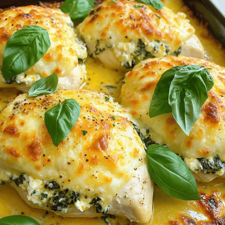 - 4 boneless, skinless chicken breasts - 2 cups fresh spinach, chopped - 1 cup ricotta cheese - 1 cup grated mozzarella cheese, divided - 1/2 cup grated Parmesan cheese - 1 clove garlic, minced - 1 tablespoon olive oil - 1 teaspoon Italian seasoning - Salt and pepper to taste - 1/4 teaspoon red pepper flakes (optional) - Fresh basil leaves for garnish To start, gather all your ingredients. This helps keep your cooking area tidy. Prepping will make the cooking flow smoother. First, preheat your oven to 375°F (190°C). This step is crucial for even cooking later. While the oven heats, season your chicken. Use salt, pepper, and Italian seasoning. Next, heat the olive oil in a skillet. Add the minced garlic. Sauté it for about 30 seconds. You want it fragrant but not brown. Then, add the chopped spinach. Cook just until it wilts, about 2-3 minutes. This brings out its bright flavor and color. Remove the skillet from the heat and let it cool a bit. In a separate bowl, mix the ricotta cheese, half of the mozzarella, and the cooked spinach. Stir well and add a pinch of salt and pepper. If you like spice, toss in some red pepper flakes. This filling is creamy and packed with flavor. Chicken Florentine is a healthy dish. Each serving provides a good amount of protein from the chicken and cheese. Spinach adds vitamins A and C, along with iron. Here’s a rough breakdown for one serving: - Calories: 400 - Protein: 40g - Carbohydrates: 6g - Fat: 24g This dish fits well into a balanced meal. Enjoy it with a side of veggies or a salad for a complete experience. For the full recipe, please refer to the mentioned source. First, preheat your oven to 375°F (190°C). This step warms the oven so your chicken cooks evenly. While the oven heats, take your chicken breasts and season them well. Use salt, pepper, and Italian seasoning to add flavor. Be sure to coat both sides evenly. This seasoning enhances the taste and brings out the best in your dish. Next, grab a large skillet and heat one tablespoon of olive oil over medium heat. Add one clove of minced garlic. Sauté it for about 30 seconds until it smells great. Then, add two cups of chopped spinach. Cook the spinach until it wilts, which usually takes 2-3 minutes. Keep an eye on the color; it should stay vibrant green. Once cooked, remove the skillet from heat and let the spinach cool slightly. Now, let’s prepare the filling. In a mixing bowl, combine one cup of ricotta cheese, half of the grated mozzarella, and the sautéed spinach. Mix everything well and add a pinch of salt and pepper. If you like some heat, add a little red pepper flakes. Take each chicken breast and slice it horizontally to create a pocket. Be careful not to cut all the way through. Stuff each chicken breast generously with the spinach and ricotta mixture. If needed, use toothpicks to secure the openings. This keeps the filling inside while cooking. Place the stuffed chicken in a greased baking dish. Sprinkle the remaining mozzarella and grated Parmesan cheese on top. This will create a tasty, bubbling crust. Bake the dish for 25-30 minutes. The chicken should be cooked through and the cheese melted and golden. Once it’s done, let the chicken rest for 5 minutes before serving. This helps keep the juices inside. Finish by garnishing with fresh basil leaves for a lovely touch. You can find the full recipe above for more detailed steps. Enjoy your Chicken Florentine! To make your Chicken Florentine shine, focus on the chicken. Always choose fresh, high-quality chicken breasts. This choice makes a big difference in taste. Season the chicken well. Use salt, pepper, and Italian seasoning. This will add depth to your dish. When you sauté the garlic, keep an eye on it. Garlic can burn quickly. You want it fragrant, not brown. Cook the spinach just until it wilts. This keeps its bright color and nutrients. Mixing the filling is fun! Make sure to taste it. Adjust the salt and pepper to your liking. Presentation matters. Serve your Chicken Florentine on warm plates. A drizzle of olive oil adds a nice touch. Garnish with fresh basil for color and flavor. This enhances the dish's look and taste. You can also add a squeeze of fresh lemon juice. It brightens the flavors and adds a fresh twist. Chicken Florentine pairs well with many sides. Consider serving it with roasted vegetables. They add color and nutrition to your plate. A light salad with vinaigrette works great too. The acidity of the dressing balances the richness of the chicken. If you want something heartier, try garlic bread or pasta. Both are excellent choices. They soak up the tasty juices from the chicken. For a refreshing drink, serve a crisp white wine or sparkling water. This enhances your meal and makes it special. For the complete recipe, check the Full Recipe link. {{image_4}} You can switch up the cheese in Chicken Florentine. Instead of ricotta, try cream cheese for a richer taste. Goat cheese adds a nice tang. You can also use feta for a salty kick. Mixing cheeses creates exciting flavors. Cheese blends let you customize the dish to your liking. You can make Chicken Florentine for different diets. For a dairy-free option, use cashew cream instead of cheese. If you're gluten-free, ensure your seasonings and ingredients are safe. You can also swap chicken for tofu or tempeh. These changes keep the dish tasty while meeting your needs. Spinach isn't the only green you can use. Kale works well and has a hearty texture. Swiss chard also makes a great choice. If you want something different, try arugula for a peppery flavor. Mixing these greens gives you a fun twist on the classic dish. The full recipe shows how you can easily adapt it. You can keep leftover Chicken Florentine in the fridge. Place it in an airtight container. It stays fresh for up to three days. If you want to enjoy it later, cool it down first. This helps keep the flavors intact. Reheat Chicken Florentine in the oven. Set your oven to 350°F (175°C). Place the chicken in a baking dish. Cover it with foil to keep it moist. Heat for about 15-20 minutes. You can also use a microwave. Just place the chicken on a plate and cover it. Heat for 1-2 minutes on medium power. Freezing is a great way to save Chicken Florentine. Wrap each piece tightly in plastic wrap. Then place them in a freezer bag. They can last up to two months in the freezer. When ready to eat, thaw in the fridge overnight. Then reheat as mentioned above. Enjoy your Chicken Florentine again with these simple storage tips! For the complete cooking process, check the Full Recipe. Chicken Florentine is a tasty dish featuring chicken breast and spinach. It often includes creamy cheese and herbs. The dish reflects Italian flavors and offers a great mix of textures. You bake it until the cheese melts and the chicken cooks perfectly. Yes, you can make Chicken Florentine ahead of time. Prepare the chicken and stuff it with the spinach and cheese. Then, cover it and store it in the fridge for up to 24 hours. When you are ready to cook, just bake it as you normally would. This saves time and effort on busy days. To check if the chicken is cooked, use a meat thermometer. The chicken should reach 165°F (75°C) inside. If you do not have a thermometer, cut into the thickest part. The juices should run clear, and the meat should not be pink. This ensures your Chicken Florentine is safe to eat and delicious. In this post, we explored Chicken Florentine. We covered ingredients, preparation, and nutrition. I shared step-by-step cooking instructions and tips to perfect your dish. You learned how to modify the recipe for different tastes and dietary needs. We also discussed storage and answered common questions. Remember, cooking is fun and open to change. Experiment and make this dish your own! Enjoy your Chicken Florentine journey.