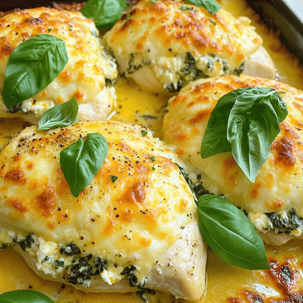 - 4 boneless, skinless chicken breasts - 2 cups fresh spinach, chopped - 1 cup ricotta cheese - 1 cup grated mozzarella cheese, divided - 1/2 cup grated Parmesan cheese - 1 clove garlic, minced - 1 tablespoon olive oil - 1 teaspoon Italian seasoning - Salt and pepper to taste - 1/4 teaspoon red pepper flakes (optional) - Fresh basil leaves for garnish To start, gather all your ingredients. This helps keep your cooking area tidy. Prepping will make the cooking flow smoother. First, preheat your oven to 375°F (190°C). This step is crucial for even cooking later. While the oven heats, season your chicken. Use salt, pepper, and Italian seasoning. Next, heat the olive oil in a skillet. Add the minced garlic. Sauté it for about 30 seconds. You want it fragrant but not brown. Then, add the chopped spinach. Cook just until it wilts, about 2-3 minutes. This brings out its bright flavor and color. Remove the skillet from the heat and let it cool a bit. In a separate bowl, mix the ricotta cheese, half of the mozzarella, and the cooked spinach. Stir well and add a pinch of salt and pepper. If you like spice, toss in some red pepper flakes. This filling is creamy and packed with flavor. Chicken Florentine is a healthy dish. Each serving provides a good amount of protein from the chicken and cheese. Spinach adds vitamins A and C, along with iron. Here’s a rough breakdown for one serving: - Calories: 400 - Protein: 40g - Carbohydrates: 6g - Fat: 24g This dish fits well into a balanced meal. Enjoy it with a side of veggies or a salad for a complete experience. For the full recipe, please refer to the mentioned source. First, preheat your oven to 375°F (190°C). This step warms the oven so your chicken cooks evenly. While the oven heats, take your chicken breasts and season them well. Use salt, pepper, and Italian seasoning to add flavor. Be sure to coat both sides evenly. This seasoning enhances the taste and brings out the best in your dish. Next, grab a large skillet and heat one tablespoon of olive oil over medium heat. Add one clove of minced garlic. Sauté it for about 30 seconds until it smells great. Then, add two cups of chopped spinach. Cook the spinach until it wilts, which usually takes 2-3 minutes. Keep an eye on the color; it should stay vibrant green. Once cooked, remove the skillet from heat and let the spinach cool slightly. Now, let’s prepare the filling. In a mixing bowl, combine one cup of ricotta cheese, half of the grated mozzarella, and the sautéed spinach. Mix everything well and add a pinch of salt and pepper. If you like some heat, add a little red pepper flakes. Take each chicken breast and slice it horizontally to create a pocket. Be careful not to cut all the way through. Stuff each chicken breast generously with the spinach and ricotta mixture. If needed, use toothpicks to secure the openings. This keeps the filling inside while cooking. Place the stuffed chicken in a greased baking dish. Sprinkle the remaining mozzarella and grated Parmesan cheese on top. This will create a tasty, bubbling crust. Bake the dish for 25-30 minutes. The chicken should be cooked through and the cheese melted and golden. Once it’s done, let the chicken rest for 5 minutes before serving. This helps keep the juices inside. Finish by garnishing with fresh basil leaves for a lovely touch. You can find the full recipe above for more detailed steps. Enjoy your Chicken Florentine! To make your Chicken Florentine shine, focus on the chicken. Always choose fresh, high-quality chicken breasts. This choice makes a big difference in taste. Season the chicken well. Use salt, pepper, and Italian seasoning. This will add depth to your dish. When you sauté the garlic, keep an eye on it. Garlic can burn quickly. You want it fragrant, not brown. Cook the spinach just until it wilts. This keeps its bright color and nutrients. Mixing the filling is fun! Make sure to taste it. Adjust the salt and pepper to your liking. Presentation matters. Serve your Chicken Florentine on warm plates. A drizzle of olive oil adds a nice touch. Garnish with fresh basil for color and flavor. This enhances the dish's look and taste. You can also add a squeeze of fresh lemon juice. It brightens the flavors and adds a fresh twist. Chicken Florentine pairs well with many sides. Consider serving it with roasted vegetables. They add color and nutrition to your plate. A light salad with vinaigrette works great too. The acidity of the dressing balances the richness of the chicken. If you want something heartier, try garlic bread or pasta. Both are excellent choices. They soak up the tasty juices from the chicken. For a refreshing drink, serve a crisp white wine or sparkling water. This enhances your meal and makes it special. For the complete recipe, check the Full Recipe link. {{image_4}} You can switch up the cheese in Chicken Florentine. Instead of ricotta, try cream cheese for a richer taste. Goat cheese adds a nice tang. You can also use feta for a salty kick. Mixing cheeses creates exciting flavors. Cheese blends let you customize the dish to your liking. You can make Chicken Florentine for different diets. For a dairy-free option, use cashew cream instead of cheese. If you're gluten-free, ensure your seasonings and ingredients are safe. You can also swap chicken for tofu or tempeh. These changes keep the dish tasty while meeting your needs. Spinach isn't the only green you can use. Kale works well and has a hearty texture. Swiss chard also makes a great choice. If you want something different, try arugula for a peppery flavor. Mixing these greens gives you a fun twist on the classic dish. The full recipe shows how you can easily adapt it. You can keep leftover Chicken Florentine in the fridge. Place it in an airtight container. It stays fresh for up to three days. If you want to enjoy it later, cool it down first. This helps keep the flavors intact. Reheat Chicken Florentine in the oven. Set your oven to 350°F (175°C). Place the chicken in a baking dish. Cover it with foil to keep it moist. Heat for about 15-20 minutes. You can also use a microwave. Just place the chicken on a plate and cover it. Heat for 1-2 minutes on medium power. Freezing is a great way to save Chicken Florentine. Wrap each piece tightly in plastic wrap. Then place them in a freezer bag. They can last up to two months in the freezer. When ready to eat, thaw in the fridge overnight. Then reheat as mentioned above. Enjoy your Chicken Florentine again with these simple storage tips! For the complete cooking process, check the Full Recipe. Chicken Florentine is a tasty dish featuring chicken breast and spinach. It often includes creamy cheese and herbs. The dish reflects Italian flavors and offers a great mix of textures. You bake it until the cheese melts and the chicken cooks perfectly. Yes, you can make Chicken Florentine ahead of time. Prepare the chicken and stuff it with the spinach and cheese. Then, cover it and store it in the fridge for up to 24 hours. When you are ready to cook, just bake it as you normally would. This saves time and effort on busy days. To check if the chicken is cooked, use a meat thermometer. The chicken should reach 165°F (75°C) inside. If you do not have a thermometer, cut into the thickest part. The juices should run clear, and the meat should not be pink. This ensures your Chicken Florentine is safe to eat and delicious. In this post, we explored Chicken Florentine. We covered ingredients, preparation, and nutrition. I shared step-by-step cooking instructions and tips to perfect your dish. You learned how to modify the recipe for different tastes and dietary needs. We also discussed storage and answered common questions. Remember, cooking is fun and open to change. Experiment and make this dish your own! Enjoy your Chicken Florentine journey.