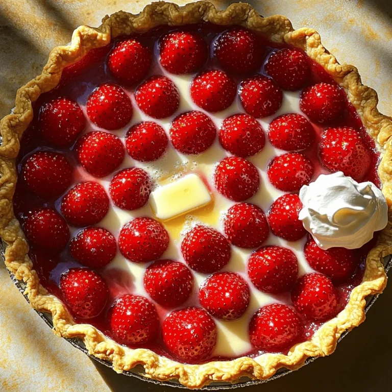- 2 cups fresh strawberries, hulled and halved - 1/2 cup granulated sugar - 1 tablespoon freshly squeezed lemon juice Fresh strawberries are the star in this pie. Choose ripe, juicy ones for the best taste. The sugar adds sweetness, while lemon juice brings a nice zing that brightens the flavor. - 1 tablespoon cornstarch - 1/2 teaspoon pure vanilla extract Cornstarch thickens the filling and gives it a nice texture. The vanilla adds a warm, sweet flavor that pairs well with the fruit. Together, they make the filling rich and delicious. - 1 pre-baked pie crust (store-bought or homemade) - 1 tablespoon unsalted butter, cut into small pieces - Optional: Whipped cream for serving A good pie crust is key. You can buy one or make your own if you prefer. The butter adds richness to the filling, and whipped cream on top makes each slice even more special. For the full recipe, check out the Heavenly Strawberry Delight Pie section. - Preheat the oven to 375°F (190°C). - Prepare the strawberries and mixing bowl. Start by preheating your oven. This step is key for a great pie. While the oven warms up, wash and hull the strawberries. Halve them for easy mixing. Grab a medium mixing bowl to combine your ingredients. - Combine strawberries, sugar, lemon juice, cornstarch, and vanilla extract. - Allow ingredients to rest for 10-15 minutes. In your mixing bowl, add the halved strawberries, sugar, lemon juice, cornstarch, and vanilla extract. Stir gently to coat the strawberries. The sugar will help draw out the juices. Let this mixture sit for about 10-15 minutes. This resting time is important. It allows the flavors to blend and the filling to thicken slightly. - Pour mixture into the pre-baked pie crust. - Bake for 25-30 minutes and check for doneness. Next, pour the strawberry mixture into your pre-baked pie crust. Spread it evenly across the crust. Scatter small pieces of butter over the top. This adds flavor as it bakes. Place the pie in the oven and bake for 25-30 minutes. Watch for the filling to bubble and the crust to turn golden. This is your sign that the pie is ready. For the full recipe, check the details above. Enjoy the process, and get ready for a delicious treat! To make the best strawberry pie, you must adjust the sweetness. Ripe strawberries are sweet. If your berries are not ripe, add a bit more sugar. Taste as you go to find the right level. Fresh strawberries give the best flavor. However, frozen strawberries can work too. If you use frozen ones, thaw them first. Drain the excess liquid to avoid a soggy pie. A golden pie crust looks great and tastes even better. To get this color, brush the crust with egg wash before baking. This gives a nice shine and color. Bake your pie until the filling bubbles. Cooling time is very important. Let the pie cool at room temperature. This helps the filling set and flavors blend. If you skip this, the pie may become runny. Garnishing your pie adds a nice touch. A dollop of whipped cream on each slice is perfect. It adds creaminess that pairs well with the sweet strawberries. You can top it with a fresh strawberry or mint leaves for color. Pair your pie with vanilla ice cream or a cup of tea. These choices will enhance your dessert experience. Enjoy the flavors together for a delightful treat. {{image_4}} You can mix strawberries with other fruits for tasty twists. A classic choice is strawberry-rhubarb pie. The tartness of rhubarb pairs well with sweet strawberries. This mix gives you a great balance of flavors. You can also try a mixed berry pie. Combine strawberries with blueberries and raspberries. This combination adds color and depth to your pie. The different berries create a burst of flavor in every bite. If you need a gluten-free option, there are many choices. Look for gluten-free pie crusts made from almond or coconut flour. These crusts can be just as tasty as traditional ones. You can also get creative with cookie crusts. A crust made from crushed graham crackers or Oreos can add a sweet touch. This unique base gives your pie a fun twist. For a fun flavor boost, try adding herbs. Basil and mint can add a fresh taste to your pie. Just chop them finely and mix them into the filling. Spices are another great way to enhance flavor. A pinch of cinnamon or nutmeg can warm up the taste. Experiment a bit and find your favorite blend! For the best strawberry pie, refer to the Full Recipe for a delicious guide. To keep your strawberry pie fresh, store it in the fridge. Place the pie in an airtight container. This helps seal in moisture. If you do not have a container, wrap the pie tightly in plastic wrap. This prevents it from drying out. Your pie can last for about three days in the fridge. You can freeze your pie before or after baking. To freeze before baking, wrap it well in plastic wrap and foil. This helps protect it from freezer burn. When you’re ready to bake, just remove the wrap and bake directly from frozen. If you freeze after baking, let the pie cool first. Wrap it tightly and place it in the freezer. To thaw, move it to the fridge overnight. Serve it at room temperature or warm it up slightly. In the fridge, your pie lasts about three days. Watch for signs of spoilage. If you see any mold, or if the crust feels soggy, it is best to discard it. Freshness is key for enjoying that sweet strawberry flavor. Look for a few signs to know your pie is ready. First, check the filling. It should be bubbly and thick. Second, inspect the crust. It should be a light golden color. You can also poke the filling with a fork. If it feels soft but not runny, it’s done. Yes, you can use frozen strawberries! Just remember to thaw them first. Drain any excess juice. You might need to add a bit more cornstarch to thicken the filling. This will help keep the pie from being too watery. If your filling is too runny, don’t worry! You can fix it. Try adding a bit more cornstarch and heat it on the stove. Let it simmer for a few minutes. Stir until it thickens. Then, pour it back into the pie crust. To find great strawberry pie, check out local bakeries or diners. Ask friends for their favorites. Many places make pies during the strawberry season. Look online for reviews or ratings. This can help you find the best options nearby. You can try many fun variations! Swap in other fruits like rhubarb or blueberries. Mix strawberries with peaches for a tasty twist. You can even add a sprinkle of cinnamon for extra flavor. Don’t be afraid to get creative! For a great presentation, slice the pie into neat pieces. Top each slice with whipped cream. You can also add a fresh strawberry on top for color. Serve with a scoop of vanilla ice cream for a tasty treat. Enjoy! For the full recipe, check out the Heavenly Strawberry Delight Pie. This strawberry pie recipe combines fresh ingredients with simple steps, producing delicious results. You learned how to create a perfect filling and bake a golden crust. Remember, you can adjust sweetness and try different fruits. Store leftovers properly for maximum freshness. Enjoy sharing your pie with loved ones, and don’t hesitate to get creative with new flavors. This is more than just a dessert; it's a sweet memory waiting to be made. Happy baking!