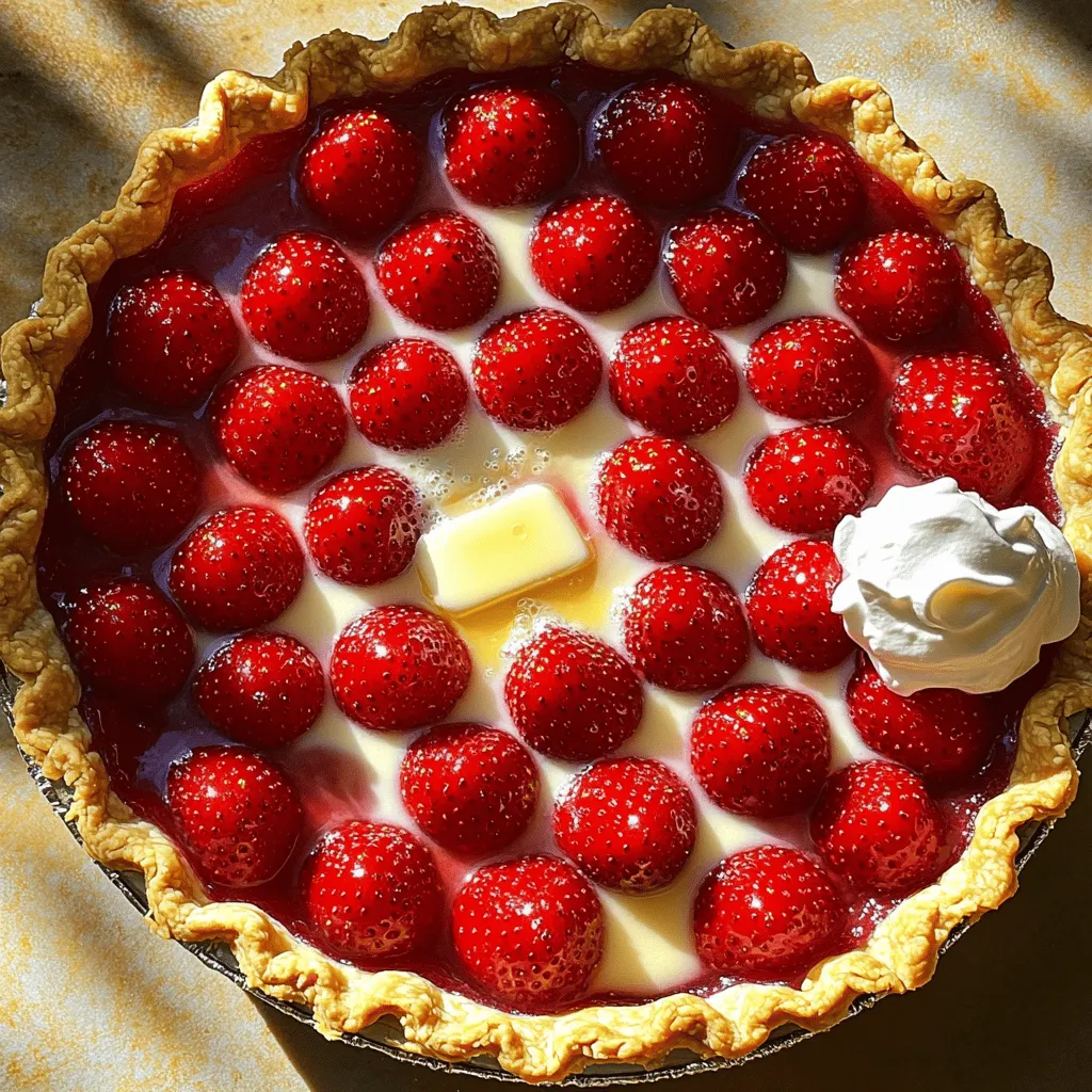 - 2 cups fresh strawberries, hulled and halved - 1/2 cup granulated sugar - 1 tablespoon freshly squeezed lemon juice Fresh strawberries are the star in this pie. Choose ripe, juicy ones for the best taste. The sugar adds sweetness, while lemon juice brings a nice zing that brightens the flavor. - 1 tablespoon cornstarch - 1/2 teaspoon pure vanilla extract Cornstarch thickens the filling and gives it a nice texture. The vanilla adds a warm, sweet flavor that pairs well with the fruit. Together, they make the filling rich and delicious. - 1 pre-baked pie crust (store-bought or homemade) - 1 tablespoon unsalted butter, cut into small pieces - Optional: Whipped cream for serving A good pie crust is key. You can buy one or make your own if you prefer. The butter adds richness to the filling, and whipped cream on top makes each slice even more special. For the full recipe, check out the Heavenly Strawberry Delight Pie section. - Preheat the oven to 375°F (190°C). - Prepare the strawberries and mixing bowl. Start by preheating your oven. This step is key for a great pie. While the oven warms up, wash and hull the strawberries. Halve them for easy mixing. Grab a medium mixing bowl to combine your ingredients. - Combine strawberries, sugar, lemon juice, cornstarch, and vanilla extract. - Allow ingredients to rest for 10-15 minutes. In your mixing bowl, add the halved strawberries, sugar, lemon juice, cornstarch, and vanilla extract. Stir gently to coat the strawberries. The sugar will help draw out the juices. Let this mixture sit for about 10-15 minutes. This resting time is important. It allows the flavors to blend and the filling to thicken slightly. - Pour mixture into the pre-baked pie crust. - Bake for 25-30 minutes and check for doneness. Next, pour the strawberry mixture into your pre-baked pie crust. Spread it evenly across the crust. Scatter small pieces of butter over the top. This adds flavor as it bakes. Place the pie in the oven and bake for 25-30 minutes. Watch for the filling to bubble and the crust to turn golden. This is your sign that the pie is ready. For the full recipe, check the details above. Enjoy the process, and get ready for a delicious treat! To make the best strawberry pie, you must adjust the sweetness. Ripe strawberries are sweet. If your berries are not ripe, add a bit more sugar. Taste as you go to find the right level. Fresh strawberries give the best flavor. However, frozen strawberries can work too. If you use frozen ones, thaw them first. Drain the excess liquid to avoid a soggy pie. A golden pie crust looks great and tastes even better. To get this color, brush the crust with egg wash before baking. This gives a nice shine and color. Bake your pie until the filling bubbles. Cooling time is very important. Let the pie cool at room temperature. This helps the filling set and flavors blend. If you skip this, the pie may become runny. Garnishing your pie adds a nice touch. A dollop of whipped cream on each slice is perfect. It adds creaminess that pairs well with the sweet strawberries. You can top it with a fresh strawberry or mint leaves for color. Pair your pie with vanilla ice cream or a cup of tea. These choices will enhance your dessert experience. Enjoy the flavors together for a delightful treat. {{image_4}} You can mix strawberries with other fruits for tasty twists. A classic choice is strawberry-rhubarb pie. The tartness of rhubarb pairs well with sweet strawberries. This mix gives you a great balance of flavors. You can also try a mixed berry pie. Combine strawberries with blueberries and raspberries. This combination adds color and depth to your pie. The different berries create a burst of flavor in every bite. If you need a gluten-free option, there are many choices. Look for gluten-free pie crusts made from almond or coconut flour. These crusts can be just as tasty as traditional ones. You can also get creative with cookie crusts. A crust made from crushed graham crackers or Oreos can add a sweet touch. This unique base gives your pie a fun twist. For a fun flavor boost, try adding herbs. Basil and mint can add a fresh taste to your pie. Just chop them finely and mix them into the filling. Spices are another great way to enhance flavor. A pinch of cinnamon or nutmeg can warm up the taste. Experiment a bit and find your favorite blend! For the best strawberry pie, refer to the Full Recipe for a delicious guide. To keep your strawberry pie fresh, store it in the fridge. Place the pie in an airtight container. This helps seal in moisture. If you do not have a container, wrap the pie tightly in plastic wrap. This prevents it from drying out. Your pie can last for about three days in the fridge. You can freeze your pie before or after baking. To freeze before baking, wrap it well in plastic wrap and foil. This helps protect it from freezer burn. When you’re ready to bake, just remove the wrap and bake directly from frozen. If you freeze after baking, let the pie cool first. Wrap it tightly and place it in the freezer. To thaw, move it to the fridge overnight. Serve it at room temperature or warm it up slightly. In the fridge, your pie lasts about three days. Watch for signs of spoilage. If you see any mold, or if the crust feels soggy, it is best to discard it. Freshness is key for enjoying that sweet strawberry flavor. Look for a few signs to know your pie is ready. First, check the filling. It should be bubbly and thick. Second, inspect the crust. It should be a light golden color. You can also poke the filling with a fork. If it feels soft but not runny, it’s done. Yes, you can use frozen strawberries! Just remember to thaw them first. Drain any excess juice. You might need to add a bit more cornstarch to thicken the filling. This will help keep the pie from being too watery. If your filling is too runny, don’t worry! You can fix it. Try adding a bit more cornstarch and heat it on the stove. Let it simmer for a few minutes. Stir until it thickens. Then, pour it back into the pie crust. To find great strawberry pie, check out local bakeries or diners. Ask friends for their favorites. Many places make pies during the strawberry season. Look online for reviews or ratings. This can help you find the best options nearby. You can try many fun variations! Swap in other fruits like rhubarb or blueberries. Mix strawberries with peaches for a tasty twist. You can even add a sprinkle of cinnamon for extra flavor. Don’t be afraid to get creative! For a great presentation, slice the pie into neat pieces. Top each slice with whipped cream. You can also add a fresh strawberry on top for color. Serve with a scoop of vanilla ice cream for a tasty treat. Enjoy! For the full recipe, check out the Heavenly Strawberry Delight Pie. This strawberry pie recipe combines fresh ingredients with simple steps, producing delicious results. You learned how to create a perfect filling and bake a golden crust. Remember, you can adjust sweetness and try different fruits. Store leftovers properly for maximum freshness. Enjoy sharing your pie with loved ones, and don’t hesitate to get creative with new flavors. This is more than just a dessert; it's a sweet memory waiting to be made. Happy baking!