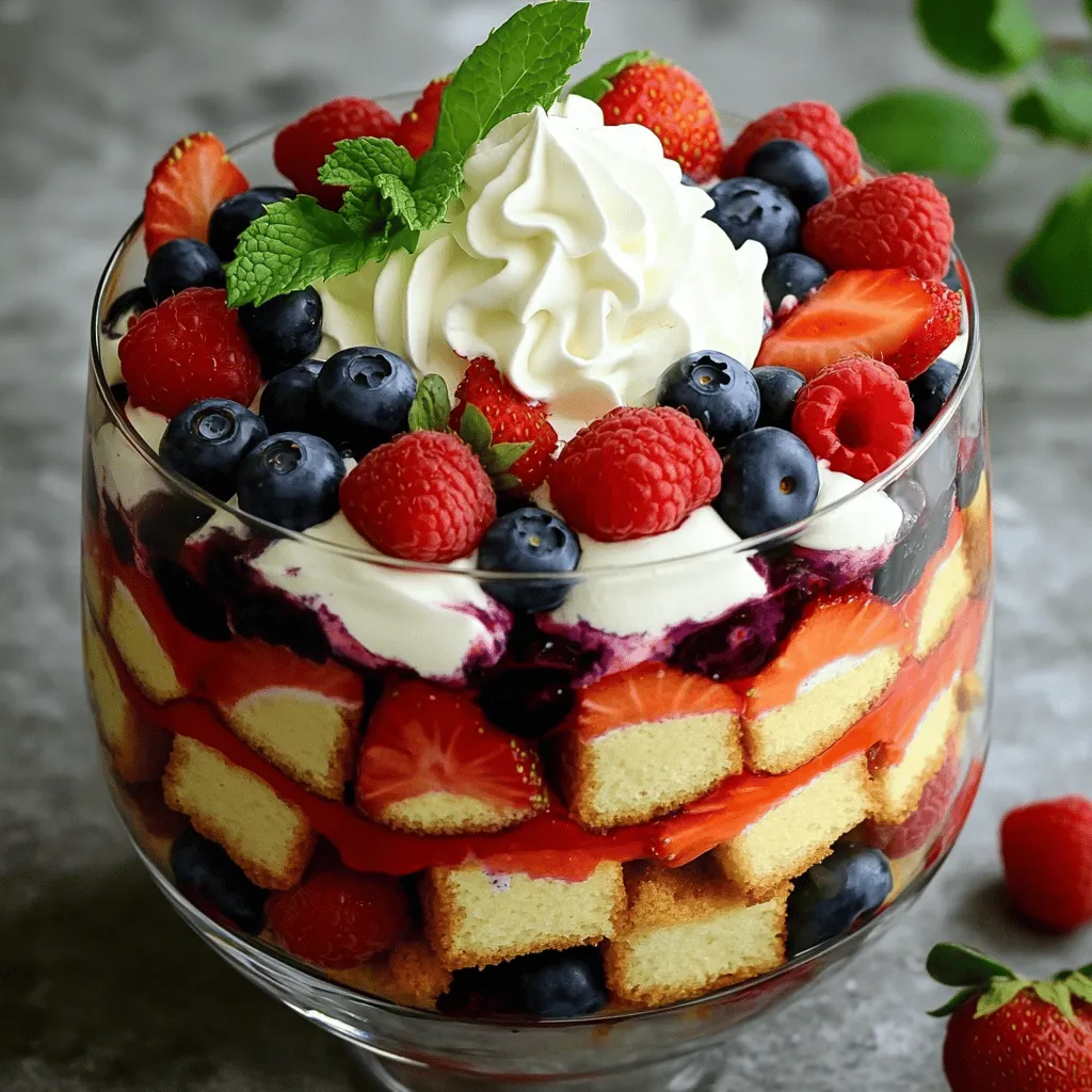 - 1 cup strawberries, hulled and sliced - 1 cup blueberries - 1 cup raspberries - 1 pound vanilla cake, cubed (store-bought or homemade) - 2 cups vanilla pudding (store-bought or homemade) - 1 cup whipped cream (preferably homemade) - 1 teaspoon vanilla extract - Fresh mint leaves for garnish (optional) - 1 tablespoon powdered sugar (optional, for sweetening whipped cream) The fresh berries are key in this trifle. Strawberries, blueberries, and raspberries add color and flavor. Choose ripe, juicy berries for the best taste. I love to mix them for a vibrant look. The cake gives a soft base. You can use store-bought vanilla cake or make your own. Either way, cubing it makes it easy to layer. The vanilla pudding adds creaminess. You can make it from scratch or buy it. Both options work well. I often make my own for a richer taste. Whipped cream is a must. Homemade tastes best, but store-bought works too. Adding vanilla extract boosts its flavor. If you want it sweeter, mix in powdered sugar. For a nice touch, fresh mint leaves make a great garnish. They add a pop of green and a hint of freshness. Enjoy making this layered dessert! For the complete method, check out the Full Recipe. Start by rinsing your strawberries, blueberries, and raspberries. Use cold water for the best results. Hull the strawberries and slice them into thin pieces. Keep the blueberries and raspberries whole. Set the fruits aside after preparing them. This ensures they stay fresh and juicy for your trifle. If you choose store-bought pudding, just follow the package instructions. For homemade pudding, combine 2 cups of milk, 1/3 cup of sugar, 1/4 cup of cornstarch, and 1 teaspoon of vanilla extract in a saucepan. Whisk until smooth. Cook over medium heat. Stir constantly until it thickens and bubbles. Remove from heat and let it cool. Stir occasionally to avoid a skin forming on top. To get the best whipped cream, use chilled heavy cream. In a mixing bowl, whip 1 cup of cream with a hand mixer or stand mixer. Beat until soft peaks form. If you want, add 1 tablespoon of powdered sugar and 1 teaspoon of vanilla extract for more flavor. Mix until the peaks are firm. This will make your cream light and fluffy. In a large trifle dish or individual cups, start layering your ingredients. First, place a layer of cubed vanilla cake at the bottom. Next, pour a layer of vanilla pudding over the cake. Spread it evenly. Then, add a layer of mixed berries on top. Use strawberries, blueberries, and raspberries. Follow with a generous layer of whipped cream. Repeat this layering until all ingredients are used. Finish with whipped cream and a colorful mix of berries. Cover your assembled trifle with plastic wrap. Refrigerate it for at least 2 hours. Chilling helps the flavors blend and the layers firm up. This step is key for a tasty dessert. The longer you chill, the better it tastes! For more details and a full recipe, check out the [Full Recipe]. To make your trifle shine, think about how you serve it. You can use individual cups or a large trifle dish. Individual cups highlight each layer, making it fun for guests. A trifle dish shows off the colors beautifully and is great for sharing. For garnishing, add fresh mint leaves on top. They bring a nice pop of green. You can also place a few whole berries on top for extra color. This will make your trifle look even more appealing. Want to take your trifle up a notch? Try adding lemon zest to the pudding. This gives a bright twist. You can also swap vanilla pudding for chocolate or lemon pudding. If you love cake, use flavored cake like almond or lemon for more depth. Mix in some coconut flakes or crushed cookies between the layers. These add texture and flavor. Get creative with what you have on hand! Be careful not to over-whip the cream. This makes it grainy. Aim for soft peaks for a smooth finish. Using cake that is too soft can make your trifle soggy. A firmer cake holds its shape better. Always check the chilling times, too. If you don’t chill it long enough, the layers won’t set right. Aim for at least 2 hours before serving for the best taste and texture. For the [Full Recipe], follow these tips, and you'll impress everyone with your Red, White, and Blueberry Trifle! {{image_4}} You can change the fruit in your trifle to suit your taste. Try using peaches or kiwi for a twist. You can even mix in some bananas for extra creaminess. Switching up the cake adds fun too. Instead of vanilla cake, use chocolate or lemon cake. Each cake brings its own flavor and mood to the trifle. If you need gluten-free options, look for gluten-free cake mixes. You can also make a gluten-free vanilla cake from scratch. For dairy-free needs, use almond or coconut milk in the pudding. You can replace whipped cream with coconut whipped cream. Want to cut sugar? Try using a sugar substitute in pudding and whipped cream. You can make this trifle fit any holiday. For spring, add pastel fruits like light green grapes. In the fall, use spiced cake and add pumpkin puree to the pudding. For Christmas, consider using cranberries and a gingerbread cake. Each season gives a chance to create a new spin on this layered delight. You can find the full recipe for Red, White, and Blueberry Trifle [here](#). To store leftover trifle, cover it with plastic wrap. This keeps it fresh. Place it in the fridge. Make sure it is sealed well. This helps prevent drying out. If you use individual cups, cover each cup. This way, they stay tasty. The trifle can last up to three days in the fridge. After that, the fruits may get mushy. The cake might also lose its texture. For best taste, enjoy it within two days. This helps keep each layer fresh and tasty. Freezing the entire trifle is not the best option. The whipped cream and fruits can change in texture. Instead, freeze the cake and pudding separately. You can freeze berries too, but they may get mushy. Thaw the components before assembling. For a fresh taste, assemble the trifle right before serving. This keeps the layers vibrant and delicious. For the full recipe, check out the [Full Recipe]. Yes, you can make this trifle ahead of time. It’s best to prepare it a few hours before serving. This gives the layers time to set and flavors to mix. If you want to make it even earlier, assemble the cake and pudding layers in advance. Keep the whipped cream and berries separate until just before serving. This method keeps the whipped cream fluffy and the berries fresh. I recommend using a light vanilla cake for this trifle. Store-bought cakes work well, but a homemade version is even better. You can also try angel food cake for a fluffy texture. If you want a twist, use pound cake for a denser bite. Just make sure the cake is moist, so it soaks up the pudding nicely. To keep your berries fresh, wash and dry them right before use. Avoid cutting the strawberries too far in advance, as this can lead to mushiness. Layer the berries between the cake and pudding. This will shield them from moisture. If you want to add extra crunch, consider mixing in some granola or nuts in between layers. This trifle recipe blends fresh berries, cake, and creamy layers perfectly. Start by preparing your fruits and pudding, then assemble it with whipped cream. Remember to chill it for the best taste. Use presentation tips to impress your guests. You can adapt flavors and accommodate diets easily. Store leftovers properly to enjoy later. With this guide, you can create a delicious trifle that delights everyone. Enjoy making it, and let your creativity shine!