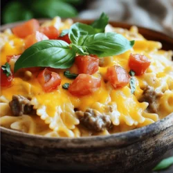 - 12 oz bowtie pasta - 1 lb ground beef - 1 medium onion, finely chopped - 2 cloves garlic, minced Bowtie pasta gives this dish its fun shape. Ground beef adds rich flavor and protein. Onions and garlic bring a sweet and savory base to the meal. - 1 cup shredded sharp cheddar cheese - 1 cup shredded mozzarella cheese Sharp cheddar cheese offers a strong taste that pairs well with beef. Mozzarella cheese melts beautifully, making the dish creamy and comforting. - 1 cup beef broth - 1 teaspoon Italian seasoning - Salt and black pepper to taste Beef broth adds depth to the sauce. Italian seasoning gives it a warm, herby flavor. Salt and black pepper balance the dish. For the full recipe, check the details provided earlier. First, fill a large pot with water. Add a generous amount of salt. Bring this salted water to a rolling boil. Once boiling, add the bowtie pasta. Cook it according to the package instructions. You want the pasta to be al dente, which usually takes about 8-10 minutes. After cooking, drain the pasta and set it aside. In a large skillet, pour in the olive oil. Heat it over medium heat. Once hot, add the finely chopped onion. Cook until it becomes soft and translucent, which takes about 3-4 minutes. Now, stir in the minced garlic. Cook it for another minute until it smells fragrant. Next, increase the heat to medium-high. Add the ground beef to the skillet. Use a spatula to break the beef into smaller pieces. Cook until it is fully browned, which takes about 5-7 minutes. If you see any excess fat, drain it off. This helps keep the dish light and tasty. Now, it’s time to add flavor. Stir in the drained diced tomatoes and beef broth. Add the Italian seasoning, paprika, salt, and black pepper. Bring this mixture to a gentle simmer. Let it cook for about 5 minutes. This allows all the flavors to meld together beautifully. Add the cooked bowtie pasta to the skillet. Stir well so the pasta gets coated in the sauce. Make sure the beef and sauce mix evenly with the pasta. This step is key to getting every bite delicious. Reduce the heat to low. Now, add half of the shredded cheddar and mozzarella cheeses. Stir continuously until the cheese melts and makes the dish creamy. After that, remove the skillet from heat. Sprinkle the remaining cheese over the top. Cover the skillet for a few minutes to let the cheese melt completely. This process makes the dish rich and satisfying. For the full recipe, check the details above. - To avoid overcooking pasta, watch the clock. Start checking the pasta at 8 minutes. You want it firm, not mushy. Drain it right away to stop cooking. - For browning beef perfectly, heat the skillet well. Add olive oil and then the beef in small batches. This helps it brown nicely. Don’t stir too much; let it sit for a minute to get a good color. - For spice variations, try adding crushed red pepper for heat. You can also use oregano or thyme for added flavor. - To boost nutrition, add chopped spinach or bell peppers. They cook quickly and blend well with the dish. - Serve the pasta in a big, deep bowl. This makes it look inviting. Add a sprinkle of extra cheese on top for that yummy look. - For a fresh touch, garnish with basil leaves. They add great flavor and a pop of color. Pair the dish with crusty bread for a hearty meal. For the full recipe, check out the detailed steps above. {{image_4}} You can switch the ground beef for turkey or chicken. These meats cook quickly and still taste great. They also lower the fat content in your meal. If you want a vegetarian dish, use plant-based protein like lentils or chickpeas. They add texture and flavor while keeping it hearty. Bowtie pasta is fun, but you can try other shapes too. Penne or fusilli work well in this dish. They hold the sauce nicely. If gluten is a concern, look for gluten-free pasta made from rice or chickpeas. These options keep the meal delicious and safe for everyone. Cheese makes this dish creamy and rich. Try different types of cheese for varied flavors. Gouda or fontina can add a smoky twist. Adjust the cheese amount for creaminess. Less cheese makes it lighter, while more cheese creates a rich, gooey texture. You can mix and match to find your favorite taste. You can find the Full Recipe for detailed steps and measurements. Store leftover cheesy beef and bowtie pasta in an airtight container. It keeps well in the fridge for up to three days. When reheating, use a microwave or stovetop. Add a splash of beef broth or water to keep it moist. Heat it until warm, stirring often to avoid hot spots. To freeze leftovers, let the pasta cool completely first. Then, place it in a freezer-safe container. You can also use freezer bags, squeezing out extra air. This dish can last up to three months in the freezer. When ready to eat, thaw it overnight in the fridge. Reheat it in a pan over low heat, adding a bit of broth to keep it creamy. In the fridge, expect cheesy beef and bowtie pasta to stay fresh for about three days. If frozen, it can last up to three months. Watch for signs of spoilage, like off smells or a change in texture. If it looks or smells strange, it’s best to discard it. Enjoy your meal knowing you can store it safely! You can use many types of pasta instead of bowtie. Here are some great options: - Farfalle (the same shape) - Penne - Fusilli - Shells - Spaghetti Each type adds a unique twist. Just cook them according to package instructions. Yes, you can prepare this dish before serving. Here’s how to do it: - Cook the pasta and beef mixture as usual. - Let it cool down. - Store it in the fridge for up to two days. To reheat: - Warm it on the stove over low heat. - Add a splash of beef broth or water to keep it moist. You can easily make it lighter with a few swaps: - Use lean ground beef or turkey. - Add more veggies like spinach or bell peppers. - Choose whole grain or vegetable-based pasta. These changes help cut fat and calories while adding nutrients. To complement this hearty dish, try these sides: - Garlic bread for a crunchy contrast. - A fresh green salad with a light vinaigrette. - Steamed broccoli or green beans for added nutrition. These sides balance the flavors and textures well. Absolutely! Fresh tomatoes work great. Here’s how to use them: - Use about 2 cups of chopped fresh tomatoes. - Blanch them in boiling water for a minute to remove skins. - Drain and add them to the beef mixture. Fresh tomatoes add bright flavor and texture. For the complete recipe, check out the Full Recipe section! This blog post covers all you need to know to make cheesy beef and bowtie pasta. We explored key ingredients like pasta, beef, cheeses, and spices. You learned step-by-step cooking methods, useful tips, and smart variations. With these skills, you can create a tasty meal for any occasion. Cooking doesn't need to be hard; it can be fun. Now, you have the tools to impress family and friends with your delicious dish. Enjoy the process and happy cooking!