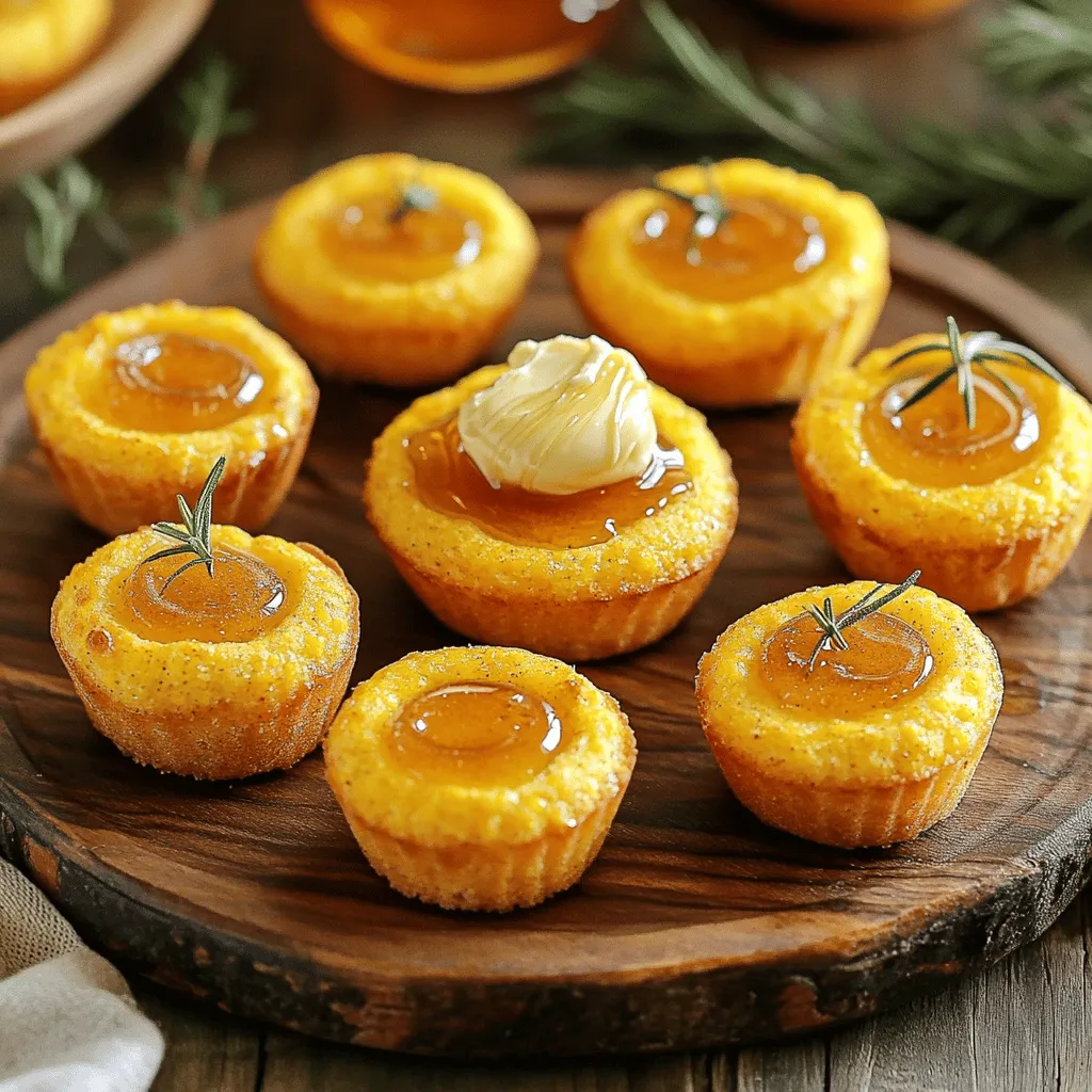 To make Southern-Style Honey Butter Cornbread Poppers, gather these key ingredients: - 1 cup cornmeal - 1 cup all-purpose flour - 1/4 cup granulated sugar - 1 tablespoon baking powder - 1/2 teaspoon salt - 1 cup buttermilk - 1/3 cup vegetable oil - 2 large eggs - 1 cup sweet corn (fresh or frozen) - 1/2 teaspoon cayenne pepper (optional) - 1/2 cup unsalted butter, softened - 1/4 cup honey - 1/4 teaspoon ground cinnamon These ingredients create a lovely blend of flavors and textures. The cornmeal adds a rich taste. The sweet corn gives a delightful burst in each bite. If you need alternatives, here are some suggestions: - For buttermilk, you can use regular milk mixed with vinegar or lemon juice. This creates a similar tang. - For a gluten-free option, try using almond flour or a gluten-free all-purpose flour blend. - If sweet corn is not available, use canned corn or even creamed corn for a different taste. These substitutions keep your cornbread poppers tasty and fun! For the full recipe, check out the complete instructions. 1. Preheat the oven and grease the muffin tin: Start by heating your oven to 400°F (200°C). Grab a mini muffin tin and grease it well. You can use cooking spray or some softened butter. This helps the poppers come out easily. 2. Mix dry ingredients thoroughly: In a large bowl, combine the cornmeal, flour, sugar, baking powder, salt, and optional cayenne pepper. Whisk these ingredients together until they blend well. This step adds flavor and texture to your poppers. 1. Tips for mixing to avoid overmixing: In another bowl, combine buttermilk, vegetable oil, and eggs. Whisk until smooth. Pour this mixture into the dry ingredients. Stir gently just until combined. Remember, overmixing can make the poppers tough, so be careful! 2. Proper folding techniques for sweet corn: Now, fold in the sweet corn. Use a spatula for this part. Gently mix until the corn is evenly spread out in the batter. This way, every bite is packed with sweet corn goodness. 1. Correct baking time and temperature: Carefully spoon the batter into the prepared muffin tin. Fill each cup about two-thirds full. Bake for 12 to 15 minutes. The tops should turn golden brown. 2. Checking doneness with a toothpick: To check if they are done, insert a toothpick into the center of a popper. If it comes out clean, they are ready! Remove the tin from the oven and let the poppers cool slightly before serving. Enjoy them warm with honey butter for a delightful treat. For the full recipe and more tips, check out the Full Recipe section! To achieve light and fluffy poppers, use fresh ingredients. Make sure your baking powder is not expired. Mix the dry ingredients well. When you add wet ingredients, stir gently. Overmixing can lead to dense poppers, which you want to avoid. Common mistakes include using cold eggs or buttermilk. Always let them sit at room temperature first. This helps the batter mix better and rise nicely. To elevate flavor, add spices like smoked paprika or garlic powder. A pinch of cumin can also add depth. Don't forget the optional cayenne pepper for a hint of spice. Pair these poppers with a variety of dips. Consider serving them with salsa, guacamole, or even spicy aioli. A fresh herb dip works well too. Southern-style honey butter cornbread poppers shine at gatherings. They are perfect for family dinners or barbecues. Serve them warm, and watch them disappear! Best accompaniments include chili or a hearty stew. They also pair well with fried chicken or barbecue ribs. Drizzle some extra honey over the top for an extra sweet touch. For the full recipe, check out the earlier section. {{image_4}} You can make your Southern-Style Honey Butter Cornbread Poppers even more fun with flavors. One great idea is to add cheese. Cheesy cornbread poppers are soft and rich, perfect for cheese lovers. Try sharp cheddar or pepper jack for a kick. If you like heat, jalapeños are a must. Adding them gives your poppers a spicy kick. Use fresh or pickled jalapeños for different levels of heat and flavor. Just chop them small and mix them in with the batter. You can make these poppers healthier while keeping them tasty. Start by reducing the sugar. You can cut it in half and still enjoy the sweetness. The honey butter on top adds extra sweetness too. Using whole grain or alternative flours can also help. Whole wheat flour adds fiber without changing the taste much. You can even try almond flour for a nutty flavor. If you follow a vegan diet, you can easily change the batter. Replace the eggs with flaxseed meal or applesauce. Use plant-based milk instead of buttermilk. Your poppers will still be soft and delicious. For gluten-free options, you can swap out the all-purpose flour for a gluten-free blend. Many mixes work well without changing the taste. Just check the package directions to ensure it fits your needs. These variations make the Southern-Style Honey Butter Cornbread Poppers fun and flexible. You can find something for everyone to enjoy. Check out the Full Recipe to get started! To keep your Southern-Style Honey Butter Cornbread Poppers fresh, cool them first. Let them sit on a wire rack for about 10 minutes after baking. This helps prevent sogginess. Once cooled, store them in an airtight container. A glass or plastic container works well. You can keep them at room temperature for up to two days. For longer storage, refrigerate them. They can last for up to one week in the fridge. To freeze your poppers, follow these steps: 1. Cool Completely: Make sure they are fully cooled. 2. Wrap Individually: Wrap each popper in plastic wrap. This helps keep them fresh. 3. Use Freezer Bags: Place the wrapped poppers in a freezer-safe bag. Squeeze out as much air as you can before sealing. 4. Label and Date: Write the date on the bag. This helps you know when to use them. To reheat, follow these methods: - Oven Method: Preheat your oven to 350°F (175°C). Place the poppers on a baking sheet. Heat for about 10-15 minutes. This keeps them moist and warm. - Microwave Method: Place a popper on a microwave-safe plate. Cover with a damp paper towel. Heat for about 20-30 seconds. This works well but may not keep them as crispy. By storing and reheating properly, you can enjoy these tasty treats anytime! For the full recipe, check the earlier section. Can I make these poppers ahead of time? Yes, you can make these poppers ahead. Bake them and let them cool. Store them in an airtight container. They stay fresh for a few days. When ready to eat, reheat them in the oven for a few minutes. What can I serve with honey butter cornbread poppers? These poppers pair well with many dishes. You can serve them with chili or barbecue. They also work great as a side for soups or salads. The sweet honey butter adds a nice touch too. Can I use frozen sweet corn? Absolutely! Frozen sweet corn works perfectly. Just make sure to thaw and drain it before adding to the mix. This way, it won’t add extra moisture to the batter. How can I adjust the sweetness of the recipe? You can easily adjust the sweetness. If you like it less sweet, reduce the sugar. Try adding less honey to the butter as well. Taste the batter before baking to find your perfect balance. For the full recipe, check out the detailed instructions. Enjoy your cooking! In this article, we've explored the key ingredients, detailed steps, and helpful tips for making delicious Southern-style honey butter cornbread poppers. You now know how to adapt the recipe for various diets and flavors. Remember, the right texture and taste can elevate your dish. Experiment with substitutions and variations to find what you love most. These poppers are perfect for gatherings or a cozy night in. Enjoy making and sharing them with friends and family!