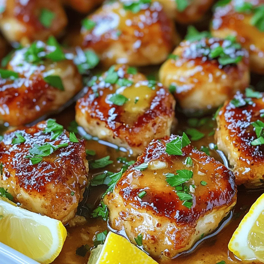- Chicken and seasonings - 1 lb (450g) boneless, skinless chicken breasts, cut into bite-sized pieces - 1 teaspoon Italian seasoning - 1/2 teaspoon paprika - Salt and black pepper, to taste - Zest of 1 lemon Chicken is the star here. I prefer using boneless, skinless chicken breasts for tenderness. The Italian seasoning and paprika bring a lovely flavor. Don't forget the salt and pepper to enhance the taste. The lemon zest adds a fresh touch. - Butter and garlic - 4 tablespoons unsalted butter, divided - 4 cloves garlic, minced Butter creates a rich base for the sauce. I use unsalted butter to control the salt level. Garlic is key; it adds depth and aroma. Minced garlic will cook quickly, so keep an eye on it. - Optional ingredients - 1 tablespoon fresh parsley, chopped (for garnish) - Juice of 1/2 lemon - Optional: 1/4 teaspoon crushed red pepper flakes (for a touch of heat) Fresh parsley brightens the dish with color and flavor. The lemon juice boosts the taste with acidity. If you like spice, add crushed red pepper flakes for a kick. For the complete recipe, refer to the [Full Recipe]. Enjoy cooking these garlic butter chicken bites! Start by marinating the chicken. In a medium bowl, mix the chicken with salt, pepper, Italian seasoning, paprika, and lemon zest. This step is key for flavor. Toss everything together until every piece is coated. Next, prepare your cooking space. Set your skillet on the stove and turn the heat to medium-high. This ensures the chicken cooks evenly and gets a nice color. Now, let’s cook! Add 2 tablespoons of unsalted butter to the skillet. Wait until the butter melts and bubbles. Carefully place the seasoned chicken bites in a single layer in the skillet. Cook for about 5-7 minutes. Turn the chicken occasionally, so it browns evenly. The chicken is done when it’s golden brown and cooked through. Once cooked, take the chicken out and set it aside. This gives you space to make the garlic butter sauce. In the same skillet, add the remaining 2 tablespoons of butter and minced garlic. Sauté this over medium heat for 1-2 minutes. Stir constantly to keep the garlic from burning. Return the chicken to the skillet and drizzle lemon juice on top. Stir gently to coat the chicken in the garlic butter sauce. Let it absorb the flavors for about a minute. If you like a bit of heat, add crushed red pepper flakes now. Toss everything together to combine. Before serving, taste the dish. Adjust the seasoning with more salt, pepper, or lemon juice if needed. Finally, sprinkle chopped parsley on top for color and freshness. For the full recipe, refer to the Garlic Butter Chicken Bites section. To ensure chicken doneness, use a meat thermometer. The chicken should reach 165°F (75°C). This keeps it safe to eat and tender. Cut one piece open to check if the meat is white and juices run clear. Perfecting the garlic butter sauce is easy. Start with fresh garlic for the best flavor. Sauté the garlic for 1-2 minutes until it smells great. Avoid burning it, as burned garlic can taste bitter. Once you add the chicken back, let it soak in the sauce for a minute. This allows the chicken to absorb all that delicious flavor. For plating suggestions, use a colorful platter. Place the chicken bites neatly, ensuring they look inviting. Drizzle the extra garlic butter sauce over the top. This adds a shiny, delicious look. For garnishing ideas, sprinkle fresh parsley on top. It adds a pop of color and freshness. You can also add lemon wedges on the side. They not only look great but give a zesty touch. For more serving flair, consider adding a few cherry tomatoes or slices of cucumber. This creates a beautiful, eye-catching dish. {{image_4}} Spicing it up with heat If you like heat, try adding crushed red pepper flakes. This ingredient adds a spicy kick that blends well with the garlic butter flavor. Start with a small amount and adjust to your taste. You can also use hot sauce or cayenne pepper for different heat levels. Alternative herbs and seasonings Feel free to swap out the Italian seasoning with other herbs. You can use fresh thyme, rosemary, or oregano for a new twist. Each herb brings its own unique flavor, making the dish versatile. Try adding some lemon pepper for a bright taste. Mix and match to find your favorite combination. Pairing side dishes Garlic butter chicken bites pair well with many sides. Try serving them with rice or mashed potatoes. A fresh salad adds a crunchy texture and balances the meal. Roasted veggies or steamed broccoli also work great for a colorful plate. These sides enhance the overall dining experience. Using as an appetizer or main dish You can serve these bites as a fun appetizer. They are perfect for parties or game nights. Just set out toothpicks for easy eating. For a main dish, serve them with sides for a complete meal. Either way, they are sure to please your guests and family. For the full recipe, check out the Garlic Butter Chicken Bites section. After you enjoy your garlic butter chicken bites, store any leftovers right away. Place the chicken in an airtight container. This prevents moisture loss and keeps the chicken fresh. You can keep it in the fridge for up to three days. To reheat, simply place the chicken in a skillet over medium heat. Add a splash of water or broth to keep it moist. Stir until it warms through, usually about 5-7 minutes. If you want to store it for a longer time, freezing is a good option. Place the cooled chicken bites in a freezer-safe bag. Remove as much air as possible before sealing. They can last up to three months in the freezer. When you're ready to eat, thaw it overnight in the fridge. Reheat it in the skillet as mentioned above. Garlic butter chicken bites will last about three days in the fridge. If stored properly in the freezer, they can last up to three months. Always check for signs of spoilage before eating. If it smells off or has a strange color, it's best to toss it. Also, if the chicken feels slimy, do not eat it. Always trust your senses when it comes to food safety. Can I use chicken thighs instead of breasts? Yes, chicken thighs work well. They stay juicy and add flavor. Just cut them into bite-sized pieces, like the breasts. How can I make this recipe healthier? You can use less butter or substitute it with olive oil. You can also add more veggies to the dish. Toss in some broccoli or bell peppers for a colorful boost. What can I substitute for butter? Try using ghee or coconut oil. You can also use a plant-based butter for a dairy-free option. Each will give a unique taste. Can this recipe be made ahead of time? Yes, you can prepare the chicken bites in advance. Cook them and store them in the fridge. They taste great even after a day or two! Best storage methods to save for later Store your garlic butter chicken bites in an airtight container. Use glass or plastic containers. They keep well in the fridge for up to three days. How to double or halve the recipe? To double the recipe, just multiply the ingredients by two. For half, divide them by two. It’s easy to adjust the flavors as needed. Serving sizes and adjustments for large gatherings. For a larger crowd, aim for about 4-6 bites per person. You can double or triple the recipe to make enough for everyone. Just remember to increase cooking time if needed. For the full recipe, check the earlier section! You learned about garlic butter chicken bites, from choosing ingredients to serving tips. We covered marinating chicken, cooking it right, and adding a tasty sauce. Remember to store leftovers properly for the best taste. Be bold with flavors and try new twists to fit your style. With these steps, you can make a dish that shines at any meal. Happy cooking!