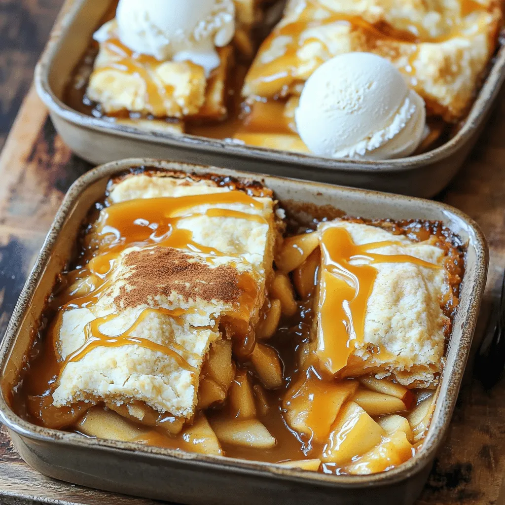 - 2 cans (21 oz each) apple pie filling - 1 cup caramel sauce (store-bought or homemade) - 1 box yellow cake mix (15.25 oz) - ½ cup unsalted butter (1 stick), melted - 1 teaspoon ground cinnamon - 1 cup chopped nuts (walnuts or pecans, optional) - Vanilla ice cream or whipped cream for serving (optional) To make the Caramel Apple Dump Cake, you need some easy-to-find ingredients. First, apple pie filling makes the base sweet and fruity. You can use two cans, each weighing 21 ounces. Next, you will need a cup of caramel sauce. You can buy it or make it at home. A box of yellow cake mix is key to this recipe. It adds a soft, fluffy layer on top. You will also need half a cup of unsalted butter. Melt this butter for a rich flavor. Add a teaspoon of ground cinnamon to spice things up. If you like nuts, chop up a cup of walnuts or pecans. These add crunch and taste. Finally, serve the cake warm with vanilla ice cream or whipped cream for a treat that feels special. - You can mix in different fruits like pears or berries for a twist. - Try using chocolate cake mix for a fun change. - Top with caramel drizzle or chocolate sauce for extra sweetness. For flavor variations, consider adding other fruits. Pears or fresh berries work well. You can also switch the cake mix to chocolate for a fun change. If you want more toppings, drizzle with caramel or chocolate sauce. - 9x13 inch baking dish - Mixing bowls - Measuring cups and spoons - Spatula or spoon for layering To make this cake, you need a few simple tools. A 9x13 inch baking dish is perfect for baking. Mixing bowls help you combine the ingredients. Make sure to have measuring cups and spoons to get the right amounts. Lastly, use a spatula or spoon for layering the cake ingredients. This recipe is straightforward and fun. You will enjoy making it and sharing it with friends and family. For the full recipe, check out the detailed steps. - Preheat the oven to 350°F (175°C). This makes sure your cake bakes evenly and well. - Grease a 9x13 inch baking dish with cooking spray or butter. This helps prevent sticking. - Spread the apple pie filling evenly across the bottom of the baking dish. Make sure it covers all areas. - Drizzle the caramel sauce generously over the apple pie filling. This will add sweet flavor throughout. - In a bowl, mix the yellow cake mix with the ground cinnamon. This will add warmth and depth. - Carefully layer the cake mix on top of the caramel and apple layers. Do not mix; keep the layers separate. - Pour the melted butter evenly over the cake mix. This will create a crisp, golden topping. - Place the baking dish in the oven and bake for 45-55 minutes. - The cake is ready when the top is golden brown and bubbly. The edges will start to crisp up. To make your Caramel Apple Dump Cake shine, keep the layers separate. This helps each layer keep its own taste and texture. If you mix them, you lose that delightful contrast. The cake mix should sit on top without stirring. It creates a nice, crispy layer when baked. Cinnamon plays a big role in enhancing flavor. It adds warmth and depth, making every bite better. Just one teaspoon mixed in with the cake mix can bring out the apples' sweetness. You can even sprinkle a bit more on top before serving for extra flavor. Serving this cake is all about the wow factor. Scoop the warm cake into small bowls. Drizzle with extra caramel sauce for a lovely look. A sprinkle of cinnamon on top adds charm. For a treat, add a scoop of vanilla ice cream or a dollop of whipped cream. The cold cream balances the warm cake. This makes it a perfect dessert for any gathering! Baking time is key for this dessert. If you underbake it, the texture will be soggy. If you overbake, it may dry out. Keep an eye on it around the 45-minute mark. The top should be golden and bubbly. Another tip is to ensure even texture. Make sure to spread the apple pie filling evenly in the dish. If you have gaps, the cake may not cook well. Cover all areas for a perfect bake. Enjoy your delicious Caramel Apple Dump Cake! For the full recipe, check out the link. {{image_4}} You can add other fruits to make this dessert even better. Try pears or berries for a twist. Their flavors mix well with the apples. You can also use different cake mix flavors. Chocolate cake mix adds a rich taste. Spice cake mix gives a warm, cozy feel. Experiment with what you love for a fun treat! If you're gluten-free, look for a gluten-free cake mix. Many brands offer tasty options that work well. You can also make this dessert vegan. Use plant-based butter instead of regular butter. Replace caramel sauce with a vegan version. These swaps ensure everyone can enjoy this dessert. Seasonal spices can elevate your cake. Try adding nutmeg or cloves for a warm flavor. These spices work great in fall or winter. You can also make it festive for the holidays. Add cranberries or ginger for a fun twist. These ingredients bring a seasonal touch to every bite. To keep your uneaten Caramel Apple Dump Cake fresh, store it in an airtight container. This helps keep moisture in and prevents it from drying out. You can also cover the dish with plastic wrap. Make sure the cake cools to room temperature before storing. This will help avoid condensation. When you want to enjoy leftovers, preheat your oven to 350°F (175°C). Place a piece of the cake in an oven-safe dish. Cover it with foil to keep it moist. Heat for about 15-20 minutes. If you're in a hurry, you can use the microwave. Heat in 30-second bursts until warm, but watch it so it doesn't get too dry. To freeze the dump cake, let it cool completely. Cut it into squares and layer them in a freezer-safe container. You can also wrap each piece in plastic wrap, then foil. This helps keep the cake fresh. To thaw, place it in the fridge overnight. For serving, warm it up in the oven or microwave for a cozy treat. For the full recipe, check out the Caramel Apple Dump Cake section above! Caramel Apple Dump Cake lasts about 3 days at room temperature. You should store it covered. If you put it in the fridge, it can last up to a week. Make sure to cover it tightly to keep it fresh. Yes, you can make this recipe ahead of time. Prepare the dump cake and cover it well. Store it in the fridge for up to two days. When you are ready to serve, just bake it. You may need to add a few extra minutes to the baking time if it’s cold. You can use other fruit fillings if you like. Cherry, peach, or blueberry pie filling work great too. You can also make your own filling with fresh fruit and sugar. This can add a unique twist to the dump cake. Serve the dump cake warm for the best taste. A scoop of vanilla ice cream or a dollop of whipped cream makes it even better. You can drizzle extra caramel sauce on top for some added sweetness. If you want, sprinkle some cinnamon for a nice touch. This Caramel Apple Dump Cake recipe is easy and fun. We covered the ingredients, tools, and steps needed. You learned how to layer the flavors and bake it perfectly. Remember, you can customize the recipe with add-ins or toppings. Keeping leftovers is simple, and reheating is a breeze. Whether for dessert or a gathering, this cake impresses. Enjoy making this delightful treat, and let your creativity shine!