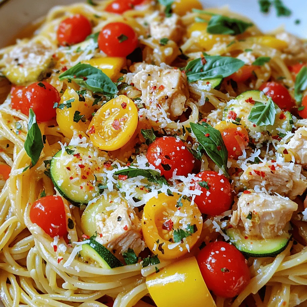 To make a tasty chicken spaghetti, you will need: - 12 oz spaghetti - 2 boneless, skinless chicken breasts, diced - 1 cup cherry tomatoes, halved - 1 bell pepper, sliced (any color of your choice) - 1 small zucchini, diced - 4 cloves garlic, minced - 1 teaspoon red pepper flakes (adjust to your desired spice level) - 1 teaspoon Italian seasoning - 1/4 cup fresh basil, chopped (plus additional leaves for garnish) - 1/2 cup grated Parmesan cheese (plus extra for serving) - 2 tablespoons olive oil - Salt and freshly cracked black pepper, to taste These ingredients create a vibrant, flavorful meal. The chicken gives protein, while the veggies add color and crunch. You can customize chicken spaghetti with different add-ins. Here are some ideas: - Use broccoli or spinach for extra greens. - Substitute grilled shrimp for chicken for a seafood twist. - Swap out Parmesan for feta cheese for a tangy flavor. - Add olives or sun-dried tomatoes for a briny kick. Feel free to mix and match based on what you enjoy or have on hand. You will need a few basic tools to whip up this dish: - A large pot for boiling spaghetti - A large skillet for sautéing chicken and veggies - A cutting board for chopping ingredients - A sharp knife for easy slicing - A measuring cup and spoons for accuracy Having the right equipment makes cooking smoother. This setup will help you create a delicious chicken spaghetti in no time. For the full recipe, check the detailed instructions above. Start by boiling a large pot of salted water. Add 12 oz of spaghetti to the pot. Cook it based on the package instructions, usually around 8-10 minutes. You want it al dente, which means it should be firm but not hard. Once done, drain the spaghetti but save 1/2 cup of the pasta water for later. Set the spaghetti aside. Next, heat 2 tablespoons of olive oil in a large skillet over medium heat. Add 2 diced boneless chicken breasts to the skillet. Season the chicken with salt, black pepper, and 1 teaspoon of Italian seasoning. Cook it for 5-7 minutes until no pink remains and the chicken is lightly golden. Once cooked, transfer the chicken to a plate and set it aside. In the same skillet, add more olive oil if needed. Toss in 4 minced garlic cloves, 1 sliced bell pepper, and 1 diced zucchini. Sauté these for about 4-5 minutes. You want the veggies to be soft but still colorful. After that, return the chicken to the skillet. Add 1 cup of halved cherry tomatoes and 1 teaspoon of red pepper flakes. Stir everything well and cook for another 2-3 minutes. Now, add the drained spaghetti to the skillet. Pour in the reserved pasta water and gently toss everything together. Stir in 1/4 cup of chopped basil and half a cup of grated Parmesan cheese. Taste your dish. Adjust the seasoning with more salt and pepper if needed. Serve hot, garnished with extra basil and more Parmesan cheese. Enjoy this easy weeknight meal! You can find the Full Recipe for more details. To cook spaghetti just right, use plenty of water. Bring it to a rolling boil. Add salt to the water; this helps flavor the pasta. Cook according to the package time until it’s al dente. This means it should be firm but not hard. Remember to drain it, but save some pasta water. This water helps bind your dish later. You can change the taste of your chicken spaghetti easily. Add more garlic if you love its flavor. Try different herbs like oregano or thyme for a fresh twist. If you like heat, increase the red pepper flakes. A squeeze of lemon juice at the end adds brightness. Experiment with your favorite spices to make it your own. Meal prep saves time on busy nights. Cook extra chicken and store it for later. Chop veggies ahead of time and keep them in the fridge. You can make the full recipe in about 30 minutes. If you cook pasta in advance, store it in olive oil to prevent sticking. This dish also keeps well, so make a big batch for quick meals. Check out the [Full Recipe] for detailed steps and tips. {{image_4}} You can easily make a vegetarian version of chicken spaghetti. Replace chicken with plant-based protein like tofu or tempeh. Use the same spices for flavor. Add more veggies like mushrooms, carrots, or spinach. These ingredients give texture and taste. You will love how delicious and filling this option is. To make a creamy chicken spaghetti, add a sauce. Mix in heavy cream or cream cheese during cooking. This will create a rich, smooth texture. You can also add a splash of chicken broth for depth. Stir in some grated cheese like mozzarella or cheddar for extra flavor. This variation makes the dish feel more indulgent. If you need a gluten-free option, swap regular spaghetti for gluten-free pasta. Many brands make pasta from rice or quinoa. They cook just like regular spaghetti. Be sure to check the cooking time. Use the same ingredients from the full recipe. You won't miss the gluten, and the meal will still be tasty! Store leftover chicken spaghetti in an airtight container. This keeps it fresh and tasty. Let the dish cool down before sealing the container. Try to eat the leftovers within three days for the best flavor. You can freeze chicken spaghetti for later. First, let it cool completely. Then, transfer it to a freezer-safe container or bag. Make sure to press out as much air as possible before sealing. Label the container with the date. It can stay in the freezer for up to three months. When you're ready to eat the frozen spaghetti, thaw it in the fridge overnight. For reheating, you have a few options. You can use the microwave, a stovetop, or an oven. Microwave on low power, stirring often. On the stovetop, add a splash of water and heat over medium until warm. If using the oven, cover it with foil to keep it moist. Enjoy your chicken spaghetti just like it was fresh from the pot! For the full recipe, check out the Zesty Chicken Spaghetti Delight. Chicken Spaghetti is a tasty dish made with pasta, chicken, and veggies. It combines cooked spaghetti with diced chicken, tomatoes, and peppers. You can mix in spices and herbs for flavor. This dish is quick to make, making it a great choice for busy weeknights. It’s filling and satisfying for the whole family. Yes, you can use different types of pasta. While spaghetti works great, you can try penne, fusilli, or even gluten-free options. Just make sure to cook the pasta according to the package instructions. This way, it will blend well with the chicken and veggies in the dish. To make Chicken Spaghetti spicier, add more red pepper flakes. Start with one teaspoon and adjust to your taste. You can also use hot sauce or diced jalapeños. Adding these will give your dish a nice kick. Just remember to balance the spice with creamy ingredients like cheese or sour cream if you want. For the full recipe, check out the Zesty Chicken Spaghetti Delight! In summary, we covered the key ingredients, step-by-step cooking guide, and tips for chicken spaghetti. You have options to customize flavors and choose variations like vegetarian or creamy versions. Remember, storing and reheating leftovers well keeps your dish tasty. Experiment and find what you love most. Enjoy making chicken spaghetti your way!