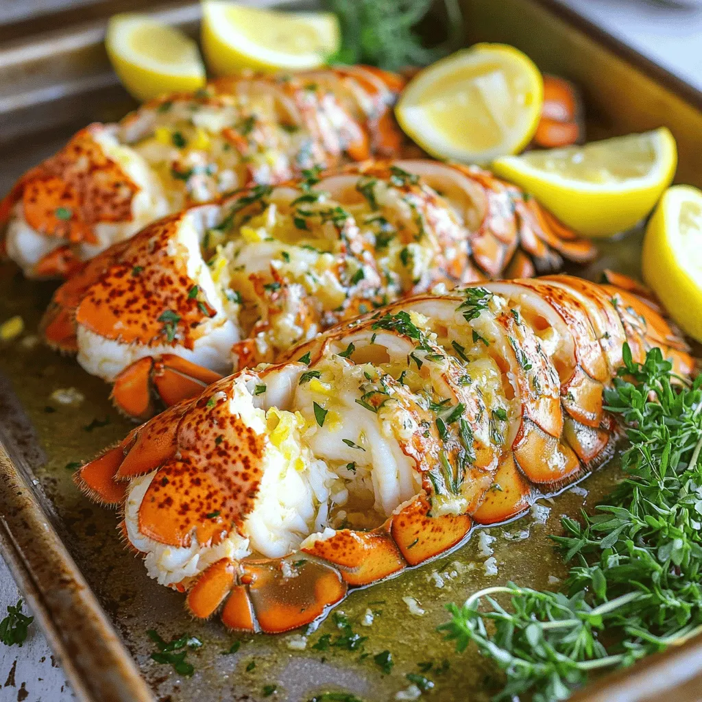 - 4 lobster tails - 1/2 cup unsalted butter (1 stick) - 4 cloves garlic, minced Lobster tails stand out as the main star in this dish. They are sweet and tender. I often pick fresh lobster tails for the best flavor. The unsalted butter adds richness. I always use high-quality butter for the best taste. Garlic is key too. You want to mince it well to release all that flavor. - 2 tablespoons fresh parsley, finely chopped - 1 tablespoon fresh thyme leaves, chopped - 1 teaspoon lemon zest Fresh herbs make a big difference. I love the bright taste of parsley and thyme. They add freshness that pairs well with lobster. Lemon zest brings a zing that pops in every bite. It’s a simple way to enhance the dish. - 1 tablespoon fresh lemon juice - 1 teaspoon paprika - Salt and freshly cracked black pepper The lemon juice adds acidity. It helps balance the richness of the butter. Paprika gives a nice color and a slight warmth. I always add salt and pepper to taste. Be sure to use fresh cracked pepper for the best flavor. Lastly, serve with lemon wedges for a burst of freshness. You can find the Full Recipe to make this dish truly shine. <strong>Preparing for Cooking</strong> 1. Preheat the oven to 425°F (220°C). This step helps cook lobster tails evenly. 2. Prepare the lobster tails. Use kitchen scissors to cut down the center of each shell. Stop just before the tail fin. Gently pull up the lobster meat. This makes a lovely display. <strong>Making the Sauce</strong> 3. Melt the butter and sauté the garlic. In a small pot, melt the butter on low heat. Add the minced garlic and cook for 1-2 minutes. Keep an eye on it so it does not brown. 4. Add herbs and seasoning to the butter. Mix in chopped parsley, thyme, lemon zest, lemon juice, paprika, salt, and pepper. Stir well to blend all the flavors. <strong>Cooking the Lobster Tails</strong> 5. Arrange the lobster tails on a tray. Place the tails on a baking tray lined with parchment paper. Brush the garlic herb butter sauce over the lobster meat. Save some sauce for later. 6. Bake in the oven and baste for flavor. Cook the lobster tails for 12-15 minutes. They are ready when the meat is opaque and firm. Baste with the saved butter halfway through. 7. Serve after cooking. Take the lobster tails out of the oven and let them cool for a few minutes. Drizzle the remaining garlic herb butter on top. Serve with lemon wedges for a fresh touch. Try the full recipe for a delightful dish that impresses anyone! To achieve perfectly tender lobster meat, start with fresh tails. Freshness keeps the meat juicy and sweet. When you cut the shell, be careful not to slice the lobster meat. This helps keep it moist. Baking at 425°F cooks the lobster evenly. Monitor closely to avoid overcooking. For basting, use a pastry brush. Brush the garlic herb butter on the meat halfway through baking. This adds flavor and keeps the meat juicy. You can baste every few minutes for more flavor. Serve lobster tails on a large white platter. The contrast makes the dish pop. Arrange them in a fan shape for a stunning look. Add fresh parsley and lemon wedges around the edges. This adds color and freshness. You can also place the leftover garlic herb butter in a small bowl. Guests can add more flavor to their liking. Cooking times can vary based on tail size. For tails weighing about 6-8 ounces, bake for 12-15 minutes. If they weigh more, add a few minutes to the time. The ideal internal temperature for lobster is 140°F. You can check this with a meat thermometer. The meat should be firm and opaque when done. Following these tips will ensure a great lobster dish. For the full recipe, check out the instructions above. {{image_4}} You can enhance the garlic herb butter by adding white wine. A splash of dry white wine brings a nice depth of flavor. It pairs well with the butter and garlic. Simply add it to the butter after the garlic cooks. Let it simmer for a minute before adding herbs. Spice variations can also change the taste. For a kick, try adding red pepper flakes. If you enjoy a smoky flavor, consider smoked paprika. You can also use different herbs, like dill or basil, for a fresh twist. Grilling lobster tails is a fun way to get a smoky flavor. To grill, brush the tails with the garlic herb butter. Place them on a hot grill, meat side down. Grill for about 5-6 minutes. Flip, add more butter, and grill for another 5-6 minutes. Broiling is another option for a different texture. Broiling gives the tops a nice char. Place the prepared lobster tails under the broiler for about 10 minutes. Keep an eye on them to avoid burning. Lobster pairs well with many sides. Try serving it with garlic mashed potatoes. The creamy potatoes balance the richness of the lobster. Grilled asparagus or sautéed green beans also work well. They add color and nutrients to your meal. For wine pairing, a crisp Chardonnay is a great choice. Its fruity notes complement the seafood nicely. If you prefer red wine, a light Pinot Noir can also be a good match. For the full recipe, check out the complete instructions provided. To keep leftover lobster tails fresh, follow these tips: – <strong>Cool Quickly</strong>: Let the lobster tails cool to room temp before storing. – <strong>Use Airtight Containers</strong>: Place them in a sealed container. Glass or plastic works well. – <strong>Refrigerate</strong>: Store the container in the fridge. It should stay fresh for 1-2 days. To reheat lobster tails, follow these easy steps: – <strong>Avoid Drying Out</strong>: Use a pan with a lid. This keeps the moisture in. – <strong>Steam Method</strong>: Add a little water to the pan. Heat on low for about 5-7 minutes. – <strong>Microwave Method</strong>: Place lobster tails on a plate. Cover with a damp paper towel. Heat in short bursts of 30 seconds until warm. These methods help you enjoy your lobster tails again, keeping them tasty and juicy. For the complete recipe, check out the Full Recipe. <strong>How long to cook lobster tails per weight?</strong> Cooking lobster tails is easy once you know the time needed. For every 4 ounces, cook for about 1 to 1.5 minutes. A 6-ounce tail needs about 6 to 9 minutes. Always check for an opaque color to know they are done. <strong>Can I make garlic herb butter in advance?</strong> Yes, you can make garlic herb butter ahead of time. Just mix the butter, garlic, and herbs, then store it in the fridge. This way, you save time when you are ready to cook. <strong>What can I use instead of unsalted butter?</strong> If you want a dairy-free option, try using coconut oil or olive oil. Both add nice flavor and work well in this dish. <strong>Alternatives for fresh herbs</strong> If you don’t have fresh herbs, you can use dried ones. Use one-third of the amount since dried herbs are stronger. Basil or oregano can also work well in this recipe. <strong>Are lobster tails healthy?</strong> Yes, lobster tails are low in calories and high in protein. They are a smart choice for a healthy meal. <strong>Nutritional benefits of this dish</strong> Lobster tails offer many nutrients. They are rich in omega-3 fatty acids, vitamins, and minerals. Eating lobster can support heart health and boost your immune system. Enjoying them with garlic herb butter adds flavor and richness. To see how to make this dish, check out the Full Recipe. To sum up, cooking lobster tails is simple and rewarding. Focus on fresh ingredients like butter, garlic, and herbs for the best flavor. Follow the steps to prepare, cook, and serve your dish perfectly. Remember the tips for timing and presentation, and feel free to explore variations. Enjoy your lobster tails with ideal sides and sauces. With these methods, you can create a meal that impresses every time. Dive in and start cooking—you’ll love the results!” /></p>
</p>
<h2>Variations</h2>
</p>
<h3>Flavorful Alternatives</h3>
</p>
<p>You can enhance the garlic herb butter by adding white wine. A splash of dry white wine brings a nice depth of flavor. It pairs well with the butter and garlic. Simply add it to the butter after the garlic cooks. Let it simmer for a minute before adding herbs.</p>
</p>
<p>Spice variations can also change the taste. For a kick, try adding red pepper flakes. If you enjoy a smoky flavor, consider smoked paprika. You can also use different herbs, like dill or basil, for a fresh twist.</p>
</p>
<h3>Cooking Method Variations</h3>
</p>
<p>Grilling lobster tails is a fun way to get a smoky flavor. To grill, brush the tails with the garlic herb butter. Place them on a hot grill, meat side down. Grill for about 5-6 minutes. Flip, add more butter, and grill for another 5-6 minutes.</p>
</p>
<p>Broiling is another option for a different texture. Broiling gives the tops a nice char. Place the prepared lobster tails under the broiler for about 10 minutes. Keep an eye on them to avoid burning.</p>
</p>
<h3>Side Dish Ideas</h3>
</p>
<p>Lobster pairs well with many sides. Try serving it with garlic mashed potatoes. The creamy potatoes balance the richness of the lobster. Grilled asparagus or sautéed green beans also work well. They add color and nutrients to your meal.</p>
</p>
<p>For wine pairing, a crisp Chardonnay is a great choice. Its fruity notes complement the seafood nicely. If you prefer red wine, a light Pinot Noir can also be a good match.</p>
</p>
<p>For the full recipe, check out the complete instructions provided.</p>
</p>
<h2>Storage Info</h2>
</p>
<h3>Proper Storage Techniques</h3>
<p>To keep leftover lobster tails fresh, follow these tips:</p>
<p>– <strong>Cool Quickly</strong>: Let the lobster tails cool to room temp before storing.</p>
<p>– <strong>Use Airtight Containers</strong>: Place them in a sealed container. Glass or plastic works well.</p>
<p>– <strong>Refrigerate</strong>: Store the container in the fridge. It should stay fresh for 1-2 days.</p>
</p>
<h3>Reheating Instructions</h3>
<p>To reheat lobster tails, follow these easy steps:</p>
<p>– <strong>Avoid Drying Out</strong>: Use a pan with a lid. This keeps the moisture in.</p>
<p>– <strong>Steam Method</strong>: Add a little water to the pan. Heat on low for about 5-7 minutes.</p>
<p>– <strong>Microwave Method</strong>: Place lobster tails on a plate. Cover with a damp paper towel. Heat in short bursts of 30 seconds until warm.</p>
</p>
<p>These methods help you enjoy your lobster tails again, keeping them tasty and juicy. For the complete recipe, check out the Full Recipe.</p>
</p>
<h2>FAQs</h2>
</p>
<h3>Common Questions About Cooking Lobster</h3>
</p>
<p><strong>How long to cook lobster tails per weight?</strong></p>
<p>Cooking lobster tails is easy once you know the time needed. For every 4 ounces, cook for about 1 to 1.5 minutes. A 6-ounce tail needs about 6 to 9 minutes. Always check for an opaque color to know they are done.</p>
</p>
<p><strong>Can I make garlic herb butter in advance?</strong></p>
<p>Yes, you can make garlic herb butter ahead of time. Just mix the butter, garlic, and herbs, then store it in the fridge. This way, you save time when you are ready to cook.</p>
</p>
<h3>Substitutions</h3>
</p>
<p><strong>What can I use instead of unsalted butter?</strong></p>
<p>If you want a dairy-free option, try using coconut oil or olive oil. Both add nice flavor and work well in this dish.</p>
</p>
<p><strong>Alternatives for fresh herbs</strong></p>
<p>If you don’t have fresh herbs, you can use dried ones. Use one-third of the amount since dried herbs are stronger. Basil or oregano can also work well in this recipe.</p>
</p>
<h3>Health and Nutrition</h3>
</p>
<p><strong>Are lobster tails healthy?</strong></p>
<p>Yes, lobster tails are low in calories and high in protein. They are a smart choice for a healthy meal.</p>
</p>
<p><strong>Nutritional benefits of this dish</strong></p>
<p>Lobster tails offer many nutrients. They are rich in omega-3 fatty acids, vitamins, and minerals. Eating lobster can support heart health and boost your immune system. Enjoying them with garlic herb butter adds flavor and richness.</p>
</p>
<p>To see how to make this dish, check out the Full Recipe.</p>
</p>
<p>To sum up, cooking lobster tails is simple and rewarding. Focus on fresh ingredients like butter, garlic, and herbs for the best flavor. Follow the steps to prepare, cook, and serve your dish perfectly. Remember the tips for timing and presentation, and feel free to explore variations. Enjoy your lobster tails with ideal sides and sauces. With these methods, you can create a meal that impresses every time. Dive in and start cooking—you’ll love the results!</p>
<div id=