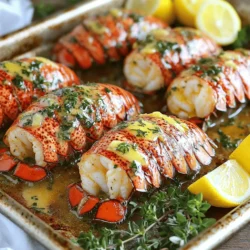 - 4 lobster tails - 1/2 cup unsalted butter (1 stick) - 4 cloves garlic, minced Lobster tails stand out as the main star in this dish. They are sweet and tender. I often pick fresh lobster tails for the best flavor. The unsalted butter adds richness. I always use high-quality butter for the best taste. Garlic is key too. You want to mince it well to release all that flavor. - 2 tablespoons fresh parsley, finely chopped - 1 tablespoon fresh thyme leaves, chopped - 1 teaspoon lemon zest Fresh herbs make a big difference. I love the bright taste of parsley and thyme. They add freshness that pairs well with lobster. Lemon zest brings a zing that pops in every bite. It’s a simple way to enhance the dish. - 1 tablespoon fresh lemon juice - 1 teaspoon paprika - Salt and freshly cracked black pepper The lemon juice adds acidity. It helps balance the richness of the butter. Paprika gives a nice color and a slight warmth. I always add salt and pepper to taste. Be sure to use fresh cracked pepper for the best flavor. Lastly, serve with lemon wedges for a burst of freshness. You can find the Full Recipe to make this dish truly shine. Preparing for Cooking 1. Preheat the oven to 425°F (220°C). This step helps cook lobster tails evenly. 2. Prepare the lobster tails. Use kitchen scissors to cut down the center of each shell. Stop just before the tail fin. Gently pull up the lobster meat. This makes a lovely display. Making the Sauce 3. Melt the butter and sauté the garlic. In a small pot, melt the butter on low heat. Add the minced garlic and cook for 1-2 minutes. Keep an eye on it so it does not brown. 4. Add herbs and seasoning to the butter. Mix in chopped parsley, thyme, lemon zest, lemon juice, paprika, salt, and pepper. Stir well to blend all the flavors. Cooking the Lobster Tails 5. Arrange the lobster tails on a tray. Place the tails on a baking tray lined with parchment paper. Brush the garlic herb butter sauce over the lobster meat. Save some sauce for later. 6. Bake in the oven and baste for flavor. Cook the lobster tails for 12-15 minutes. They are ready when the meat is opaque and firm. Baste with the saved butter halfway through. 7. Serve after cooking. Take the lobster tails out of the oven and let them cool for a few minutes. Drizzle the remaining garlic herb butter on top. Serve with lemon wedges for a fresh touch. Try the full recipe for a delightful dish that impresses anyone! To achieve perfectly tender lobster meat, start with fresh tails. Freshness keeps the meat juicy and sweet. When you cut the shell, be careful not to slice the lobster meat. This helps keep it moist. Baking at 425°F cooks the lobster evenly. Monitor closely to avoid overcooking. For basting, use a pastry brush. Brush the garlic herb butter on the meat halfway through baking. This adds flavor and keeps the meat juicy. You can baste every few minutes for more flavor. Serve lobster tails on a large white platter. The contrast makes the dish pop. Arrange them in a fan shape for a stunning look. Add fresh parsley and lemon wedges around the edges. This adds color and freshness. You can also place the leftover garlic herb butter in a small bowl. Guests can add more flavor to their liking. Cooking times can vary based on tail size. For tails weighing about 6-8 ounces, bake for 12-15 minutes. If they weigh more, add a few minutes to the time. The ideal internal temperature for lobster is 140°F. You can check this with a meat thermometer. The meat should be firm and opaque when done. Following these tips will ensure a great lobster dish. For the full recipe, check out the instructions above. {{image_4}} You can enhance the garlic herb butter by adding white wine. A splash of dry white wine brings a nice depth of flavor. It pairs well with the butter and garlic. Simply add it to the butter after the garlic cooks. Let it simmer for a minute before adding herbs. Spice variations can also change the taste. For a kick, try adding red pepper flakes. If you enjoy a smoky flavor, consider smoked paprika. You can also use different herbs, like dill or basil, for a fresh twist. Grilling lobster tails is a fun way to get a smoky flavor. To grill, brush the tails with the garlic herb butter. Place them on a hot grill, meat side down. Grill for about 5-6 minutes. Flip, add more butter, and grill for another 5-6 minutes. Broiling is another option for a different texture. Broiling gives the tops a nice char. Place the prepared lobster tails under the broiler for about 10 minutes. Keep an eye on them to avoid burning. Lobster pairs well with many sides. Try serving it with garlic mashed potatoes. The creamy potatoes balance the richness of the lobster. Grilled asparagus or sautéed green beans also work well. They add color and nutrients to your meal. For wine pairing, a crisp Chardonnay is a great choice. Its fruity notes complement the seafood nicely. If you prefer red wine, a light Pinot Noir can also be a good match. For the full recipe, check out the complete instructions provided. To keep leftover lobster tails fresh, follow these tips: - Cool Quickly: Let the lobster tails cool to room temp before storing. - Use Airtight Containers: Place them in a sealed container. Glass or plastic works well. - Refrigerate: Store the container in the fridge. It should stay fresh for 1-2 days. To reheat lobster tails, follow these easy steps: - Avoid Drying Out: Use a pan with a lid. This keeps the moisture in. - Steam Method: Add a little water to the pan. Heat on low for about 5-7 minutes. - Microwave Method: Place lobster tails on a plate. Cover with a damp paper towel. Heat in short bursts of 30 seconds until warm. These methods help you enjoy your lobster tails again, keeping them tasty and juicy. For the complete recipe, check out the Full Recipe. How long to cook lobster tails per weight? Cooking lobster tails is easy once you know the time needed. For every 4 ounces, cook for about 1 to 1.5 minutes. A 6-ounce tail needs about 6 to 9 minutes. Always check for an opaque color to know they are done. Can I make garlic herb butter in advance? Yes, you can make garlic herb butter ahead of time. Just mix the butter, garlic, and herbs, then store it in the fridge. This way, you save time when you are ready to cook. What can I use instead of unsalted butter? If you want a dairy-free option, try using coconut oil or olive oil. Both add nice flavor and work well in this dish. Alternatives for fresh herbs If you don't have fresh herbs, you can use dried ones. Use one-third of the amount since dried herbs are stronger. Basil or oregano can also work well in this recipe. Are lobster tails healthy? Yes, lobster tails are low in calories and high in protein. They are a smart choice for a healthy meal. Nutritional benefits of this dish Lobster tails offer many nutrients. They are rich in omega-3 fatty acids, vitamins, and minerals. Eating lobster can support heart health and boost your immune system. Enjoying them with garlic herb butter adds flavor and richness. To see how to make this dish, check out the Full Recipe. To sum up, cooking lobster tails is simple and rewarding. Focus on fresh ingredients like butter, garlic, and herbs for the best flavor. Follow the steps to prepare, cook, and serve your dish perfectly. Remember the tips for timing and presentation, and feel free to explore variations. Enjoy your lobster tails with ideal sides and sauces. With these methods, you can create a meal that impresses every time. Dive in and start cooking—you’ll love the results!
