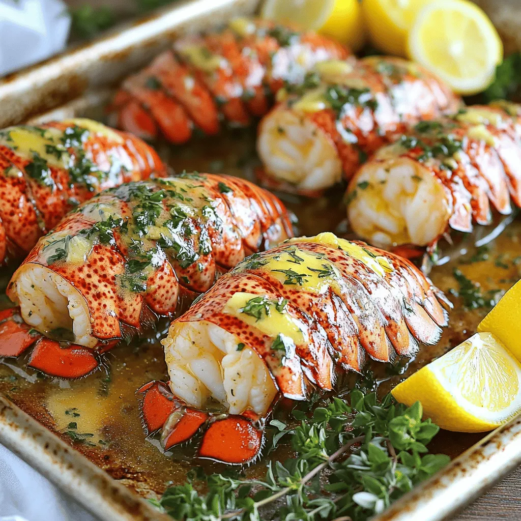 - 4 lobster tails - 1/2 cup unsalted butter (1 stick) - 4 cloves garlic, minced Lobster tails stand out as the main star in this dish. They are sweet and tender. I often pick fresh lobster tails for the best flavor. The unsalted butter adds richness. I always use high-quality butter for the best taste. Garlic is key too. You want to mince it well to release all that flavor. - 2 tablespoons fresh parsley, finely chopped - 1 tablespoon fresh thyme leaves, chopped - 1 teaspoon lemon zest Fresh herbs make a big difference. I love the bright taste of parsley and thyme. They add freshness that pairs well with lobster. Lemon zest brings a zing that pops in every bite. It’s a simple way to enhance the dish. - 1 tablespoon fresh lemon juice - 1 teaspoon paprika - Salt and freshly cracked black pepper The lemon juice adds acidity. It helps balance the richness of the butter. Paprika gives a nice color and a slight warmth. I always add salt and pepper to taste. Be sure to use fresh cracked pepper for the best flavor. Lastly, serve with lemon wedges for a burst of freshness. You can find the Full Recipe to make this dish truly shine. Preparing for Cooking 1. Preheat the oven to 425°F (220°C). This step helps cook lobster tails evenly. 2. Prepare the lobster tails. Use kitchen scissors to cut down the center of each shell. Stop just before the tail fin. Gently pull up the lobster meat. This makes a lovely display. Making the Sauce 3. Melt the butter and sauté the garlic. In a small pot, melt the butter on low heat. Add the minced garlic and cook for 1-2 minutes. Keep an eye on it so it does not brown. 4. Add herbs and seasoning to the butter. Mix in chopped parsley, thyme, lemon zest, lemon juice, paprika, salt, and pepper. Stir well to blend all the flavors. Cooking the Lobster Tails 5. Arrange the lobster tails on a tray. Place the tails on a baking tray lined with parchment paper. Brush the garlic herb butter sauce over the lobster meat. Save some sauce for later. 6. Bake in the oven and baste for flavor. Cook the lobster tails for 12-15 minutes. They are ready when the meat is opaque and firm. Baste with the saved butter halfway through. 7. Serve after cooking. Take the lobster tails out of the oven and let them cool for a few minutes. Drizzle the remaining garlic herb butter on top. Serve with lemon wedges for a fresh touch. Try the full recipe for a delightful dish that impresses anyone! To achieve perfectly tender lobster meat, start with fresh tails. Freshness keeps the meat juicy and sweet. When you cut the shell, be careful not to slice the lobster meat. This helps keep it moist. Baking at 425°F cooks the lobster evenly. Monitor closely to avoid overcooking. For basting, use a pastry brush. Brush the garlic herb butter on the meat halfway through baking. This adds flavor and keeps the meat juicy. You can baste every few minutes for more flavor. Serve lobster tails on a large white platter. The contrast makes the dish pop. Arrange them in a fan shape for a stunning look. Add fresh parsley and lemon wedges around the edges. This adds color and freshness. You can also place the leftover garlic herb butter in a small bowl. Guests can add more flavor to their liking. Cooking times can vary based on tail size. For tails weighing about 6-8 ounces, bake for 12-15 minutes. If they weigh more, add a few minutes to the time. The ideal internal temperature for lobster is 140°F. You can check this with a meat thermometer. The meat should be firm and opaque when done. Following these tips will ensure a great lobster dish. For the full recipe, check out the instructions above. {{image_4}} You can enhance the garlic herb butter by adding white wine. A splash of dry white wine brings a nice depth of flavor. It pairs well with the butter and garlic. Simply add it to the butter after the garlic cooks. Let it simmer for a minute before adding herbs. Spice variations can also change the taste. For a kick, try adding red pepper flakes. If you enjoy a smoky flavor, consider smoked paprika. You can also use different herbs, like dill or basil, for a fresh twist. Grilling lobster tails is a fun way to get a smoky flavor. To grill, brush the tails with the garlic herb butter. Place them on a hot grill, meat side down. Grill for about 5-6 minutes. Flip, add more butter, and grill for another 5-6 minutes. Broiling is another option for a different texture. Broiling gives the tops a nice char. Place the prepared lobster tails under the broiler for about 10 minutes. Keep an eye on them to avoid burning. Lobster pairs well with many sides. Try serving it with garlic mashed potatoes. The creamy potatoes balance the richness of the lobster. Grilled asparagus or sautéed green beans also work well. They add color and nutrients to your meal. For wine pairing, a crisp Chardonnay is a great choice. Its fruity notes complement the seafood nicely. If you prefer red wine, a light Pinot Noir can also be a good match. For the full recipe, check out the complete instructions provided. To keep leftover lobster tails fresh, follow these tips: - Cool Quickly: Let the lobster tails cool to room temp before storing. - Use Airtight Containers: Place them in a sealed container. Glass or plastic works well. - Refrigerate: Store the container in the fridge. It should stay fresh for 1-2 days. To reheat lobster tails, follow these easy steps: - Avoid Drying Out: Use a pan with a lid. This keeps the moisture in. - Steam Method: Add a little water to the pan. Heat on low for about 5-7 minutes. - Microwave Method: Place lobster tails on a plate. Cover with a damp paper towel. Heat in short bursts of 30 seconds until warm. These methods help you enjoy your lobster tails again, keeping them tasty and juicy. For the complete recipe, check out the Full Recipe. How long to cook lobster tails per weight? Cooking lobster tails is easy once you know the time needed. For every 4 ounces, cook for about 1 to 1.5 minutes. A 6-ounce tail needs about 6 to 9 minutes. Always check for an opaque color to know they are done. Can I make garlic herb butter in advance? Yes, you can make garlic herb butter ahead of time. Just mix the butter, garlic, and herbs, then store it in the fridge. This way, you save time when you are ready to cook. What can I use instead of unsalted butter? If you want a dairy-free option, try using coconut oil or olive oil. Both add nice flavor and work well in this dish. Alternatives for fresh herbs If you don't have fresh herbs, you can use dried ones. Use one-third of the amount since dried herbs are stronger. Basil or oregano can also work well in this recipe. Are lobster tails healthy? Yes, lobster tails are low in calories and high in protein. They are a smart choice for a healthy meal. Nutritional benefits of this dish Lobster tails offer many nutrients. They are rich in omega-3 fatty acids, vitamins, and minerals. Eating lobster can support heart health and boost your immune system. Enjoying them with garlic herb butter adds flavor and richness. To see how to make this dish, check out the Full Recipe. To sum up, cooking lobster tails is simple and rewarding. Focus on fresh ingredients like butter, garlic, and herbs for the best flavor. Follow the steps to prepare, cook, and serve your dish perfectly. Remember the tips for timing and presentation, and feel free to explore variations. Enjoy your lobster tails with ideal sides and sauces. With these methods, you can create a meal that impresses every time. Dive in and start cooking—you’ll love the results!
