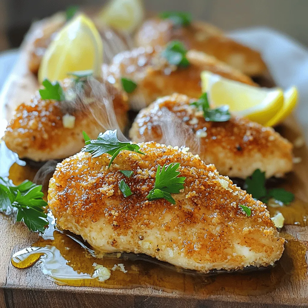 - 4 boneless, skinless chicken breasts - 1 cup buttermilk - 1 tablespoon Dijon mustard - 2 teaspoons garlic powder - 1 teaspoon smoked paprika - 1 teaspoon onion powder - 1 teaspoon salt - ½ teaspoon black pepper - 1 cup panko breadcrumbs - ½ cup grated Parmesan cheese - ¼ cup chopped fresh parsley - 2 tablespoons olive oil - 1 tablespoon melted butter The key to making melt in your mouth chicken breasts lies in the ingredients. The chicken should be fresh and high-quality. For the marinade, buttermilk is essential. It tenderizes the meat. The Dijon mustard adds a nice tang. Garlic powder, smoked paprika, onion powder, salt, and black pepper give the chicken rich, deep flavors. For the coating, panko breadcrumbs are a must. They help achieve that crispy texture. Grated Parmesan cheese adds a salty bite. Fresh parsley brings color and a hint of freshness. Finally, olive oil and melted butter add richness and help with browning. Be sure to gather all these ingredients before you start cooking. Having everything ready makes the process smoother. You will find this recipe easy to follow, and it will impress anyone you serve. For the complete preparation steps, check the [Full Recipe]. To make the chicken tender, we start with the marinade. In a large bowl, whisk these ingredients together: - 1 cup buttermilk - 1 tablespoon Dijon mustard - 2 teaspoons garlic powder - 1 teaspoon smoked paprika - 1 teaspoon onion powder - 1 teaspoon salt - ½ teaspoon black pepper Mix until smooth. Add the chicken breasts and make sure they are covered. Cover the bowl with plastic wrap and place it in the fridge. The chicken needs at least 1 hour to marinate. I suggest letting it sit overnight. This helps the flavors soak in and makes the chicken super tender. Next, we will prepare the coating. In a medium bowl, combine these items: - 1 cup panko breadcrumbs - ½ cup grated Parmesan cheese - ¼ cup chopped fresh parsley Stir well to mix. This step is key for an even coating. You want every piece of chicken to be crispy and tasty. Now it’s time to bake! Preheat your oven to 400°F (200°C). While it warms, line a baking sheet with parchment paper. This helps with easy cleanup. After marinating, take the chicken out of the fridge. Let any extra marinade drip off. Dip each chicken breast in the breadcrumb mix. Press down gently but firmly to ensure the coating sticks. Place the coated chicken breasts on the baking sheet. Place the baking sheet in your preheated oven. Bake the chicken for about 25-30 minutes. It should turn golden brown. Always check the internal temperature. It must reach 165°F (74°C) for safety. This ensures that the chicken is cooked through and safe to eat. For the best results, use a meat thermometer. To cook chicken just right, note the size. Smaller breasts may need less time. Larger ones take longer. I recommend using a meat thermometer. It helps you check the doneness. Aim for an internal temperature of 165°F (74°C). This ensures the chicken is safe to eat. Let the chicken rest after cooking. This keeps it juicy and tasty. You can boost the flavor with extra seasonings. Try adding lemon zest or fresh herbs. Rosemary and thyme work well with chicken. You might also consider marinating in yogurt. It adds a nice tang and tenderizes the meat. Explore flavors like curry powder or paprika for a twist. Be creative; there are no limits! For a great look, serve the chicken on a nice plate. Use a rustic wooden board or a bright white dish. Garnish with lemon wedges and parsley for color. This makes the dish pop! Pair it with steamed veggies or a fresh salad. These sides balance the meal and add nutrition. Your Melt In Your Mouth Chicken Breasts will impress everyone at the table! {{image_4}} You can easily change this recipe to fit your tastes. If you don’t have buttermilk, you can use regular milk mixed with vinegar. Just let it sit for a few minutes. For panko breadcrumbs, regular breadcrumbs work too. They will still give you a crunchy texture. You can also play with the herbs and spices. Instead of smoked paprika, try chili powder for some heat. Fresh herbs like thyme or rosemary can add a nice touch. Don’t be afraid to experiment! There are different ways to cook your chicken. You can grill it for a smoky flavor. Just preheat your grill and cook each breast for about 6-7 minutes on each side. Make sure the chicken reaches 165°F (74°C). If you prefer pan-frying, heat some oil in a skillet. Cook the chicken for about 5-6 minutes on each side. This method gives a nice, crispy outside. For a healthier option, try using an air fryer. Set it to 375°F (190°C) and cook for about 15-20 minutes. The air fryer makes the chicken crispy without much oil. Feel free to explore these variations to make this melt in your mouth chicken recipe truly yours! For all the details, check out the Full Recipe. After you enjoy your melt in your mouth chicken, store leftovers properly. First, let the chicken cool to room temperature. This step keeps moisture inside and prevents spoilage. Place the chicken breasts in an airtight container. You can also use a freezer bag. This method helps keep the chicken fresh. For best results, eat leftover chicken within 3 to 4 days. If you want to store it longer, freezing is a good option. Just remember to wrap the chicken tightly. Use freezer-safe bags or containers. This way, you can enjoy your meal later without losing flavor. Reheating chicken can be tricky, but I have tips to help. To keep it juicy, use the oven. Preheat it to 350°F (175°C). Place the chicken on a baking dish and cover it with foil. This cover prevents it from drying out. Heat for about 15-20 minutes, or until warm. You can also use the microwave, but be careful. Cut the chicken into smaller pieces for even heating. Place it on a microwave-safe plate and cover it with a damp paper towel. Heat in short bursts, checking often, until warm. This method helps keep the chicken moist. For best taste, avoid reheating more than once. Enjoy your chicken while it’s still fresh and delicious! You can find the full recipe for melt in your mouth chicken breasts above. Yes, you can marinate the chicken overnight. Longer marination adds deep flavor and softens the meat. The buttermilk tenderizes the chicken, making it juicy. A good soak of at least eight hours works wonders. Use a meat thermometer to check the chicken's doneness. Insert it into the thickest part of the breast. The safe internal temperature is 165°F (74°C). This guarantees that the chicken is cooked and safe to eat. Yes, you can freeze the marinated chicken. Place the chicken in a freezer bag, remove excess air, and seal it. It stays good for up to three months. When ready to use, thaw it in the fridge overnight before cooking. Some great sides include: - Steamed broccoli - Roasted carrots - Mashed potatoes - Fresh garden salad - Quinoa or rice These sides balance the dish and create a complete meal. You can mix and match based on your taste! This blog post covered everything you need to enjoy melt-in-your-mouth chicken breasts. We discussed the main ingredients that make the dish so tasty. The steps for marinating and coating the chicken ensure it stays juicy. I shared tips for perfect cooking, flavor enhancements, and even variations. Proper storage and reheating methods keep your leftovers delicious. With these insights, you’ll create a dish that impresses every time. Enjoy your cooking journey and savor every bite of this delight!