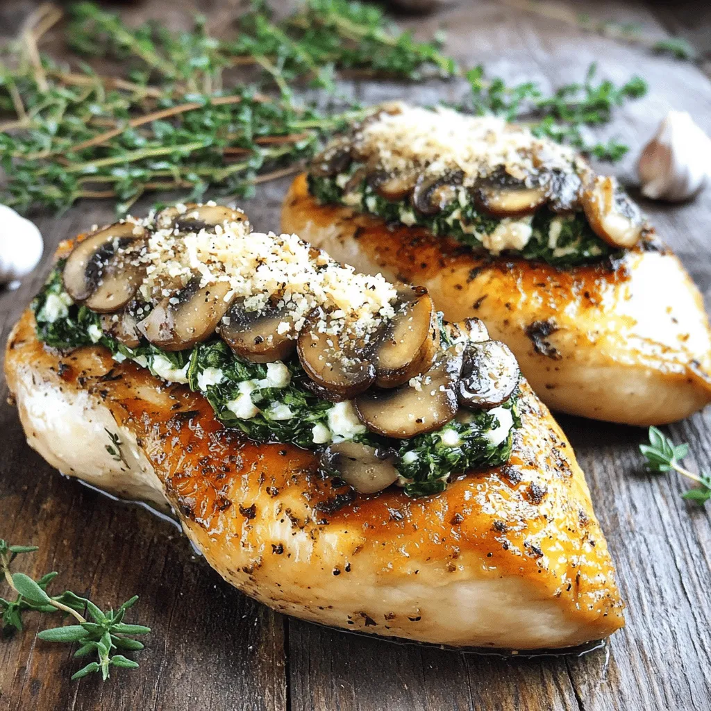 - 4 boneless, skinless chicken breasts - 1 cup finely chopped mushrooms (cremini or button) - 1/2 cup roughly chopped fresh spinach - 1/2 cup ricotta cheese - 1/4 cup grated Parmesan cheese - 2 cloves minced garlic - 1 tablespoon olive oil - 1 teaspoon dried thyme - Salt and pepper, to taste - Toothpicks or kitchen twine This recipe is simple and uses fresh ingredients. The chicken breasts provide lean protein, while mushrooms add a deep, earthy flavor. Spinach brings in nutrients and a pop of color. Ricotta and Parmesan create a creamy, savory stuffing that keeps the chicken moist. When I prepare this dish, I focus on using fresh mushrooms. They give the stuffing a wonderful texture. You can use cremini or button mushrooms, depending on your taste. Fresh spinach is key, too. It adds a nice green touch and balances the richness of the cheese. The spices are vital. Dried thyme adds a lovely aroma, while garlic gives depth. You can adjust the salt and pepper to your liking. For securing the stuffed chicken, toothpicks work well. Kitchen twine is also a great option if you have it. Both keep the filling inside while baking, so you get all the flavors in each bite. Check out the Full Recipe for the complete steps to make this dish. First, preheat your oven to 375°F (190°C). This helps cook the chicken evenly. Next, gather all ingredients and tools. You will need a skillet, mixing bowl, and baking dish. Having everything ready makes cooking easier and faster. In a medium skillet over medium heat, add one tablespoon of olive oil. Once the oil is hot, add two cloves of minced garlic. Sauté for about one minute until it smells great. Then, add one cup of finely chopped mushrooms and one teaspoon of dried thyme. Cook for 5-7 minutes, stirring often. You want the mushrooms to get soft and lose their moisture. After that, add half a cup of roughly chopped spinach. Stir gently for about two minutes until the spinach starts to wilt. Remove the skillet from heat and let it cool for a few moments. In a mixing bowl, combine this mixture with half a cup of ricotta cheese and a quarter cup of grated Parmesan cheese. Add salt and pepper to taste. Mix well to create your stuffing. Now, prepare the chicken breasts. Take each breast and slice it horizontally on the side. Be careful not to cut all the way through. This creates a pocket for the stuffing. Generously fill each chicken pocket with your mushroom stuffing. Secure the opening with toothpicks or kitchen twine to keep the filling inside during baking. Season the outside of the stuffed chicken with a sprinkle of salt and pepper for extra flavor. Place the stuffed chicken in a baking dish and cover it with aluminum foil. This helps keep the chicken moist. Bake in the preheated oven for 25 minutes. After that time, remove the foil and bake for another 15-20 minutes. Check to ensure the chicken is cooked through, reaching an internal temperature of 165°F (75°C). Once done, let the chicken rest for a few minutes before slicing. Enjoy your delicious creation! For the full recipe, check out the detailed instructions above. - Use low-fat cheese options to cut calories. - Substitute olive oil with cooking spray for less fat. These small swaps can make your meal lighter without losing flavor. Low-fat cheese still melts well and adds creaminess. Cooking spray helps reduce added oils, keeping your dish healthy. - Add herbs and spices of your choice for extra taste. - Try different cheese combinations to find your favorite. Adding fresh herbs can brighten up the dish. Consider basil, parsley, or oregano. Mixing cheeses like mozzarella or feta can also create new flavors. Experiment to make it your own! - Recommended pans include a non-stick skillet and a baking dish. - Useful kitchen gadgets for stuffing are a sharp knife and toothpicks. A good non-stick skillet helps with easy cooking. A sharp knife makes cutting the chicken simpler. Toothpicks secure the filling while baking. These tools make the process smoother and more enjoyable. For the full recipe, check out the details above. {{image_4}} You can switch up your mushroom stuffing to keep things exciting. Try adding sun-dried tomatoes for a tangy twist. Artichokes give a nice flavor and texture too. You can also mix in some nuts or seeds. This adds a great crunch and healthy fats. Walnuts or pine nuts work well here. Each of these choices can make your dish more unique and tasty. If you want to change your protein, there are good options. Turkey works great as a lean substitute for chicken. Tofu is an excellent choice for a plant-based meal. It picks up flavors well and provides protein. Another fun idea is to use fish fillets. They give a lighter taste and cook quickly. Each option allows you to enjoy the same great stuffing in a new way. If you follow a gluten-free diet, you can still enjoy this dish! Just make sure to use gluten-free breadcrumbs or omit them. For those who prefer a vegan option, substitute the chicken with a large portobello mushroom cap. You can also use vegan cheese in the stuffing. These changes keep the flavors intact while meeting your dietary needs. Enjoy exploring these variations for a delicious meal! After enjoying your Healthy Mushroom Stuffed Chicken Breast, you may have some left. To store leftovers, place them in an airtight container. Refrigerate them within two hours of cooking. This keeps the chicken fresh and safe to eat. The stuffed chicken can last in the fridge for up to three days. If you want to save your stuffed chicken for later, freezing is a great option. Wrap each stuffed chicken breast tightly in plastic wrap. Then, place them in a freezer-safe bag. Label the bag with the date. This way, you can enjoy your meal for up to three months. When you’re ready to enjoy your leftover stuffed chicken, reheating is key. To do this without drying it out, you can use two methods. The oven method keeps the chicken juicy. Preheat your oven to 350°F (175°C). Place the chicken on a baking sheet and cover it with foil. Heat for about 20-25 minutes, or until warmed through. The microwave is faster but may dry out the chicken. If using a microwave, place the chicken on a microwave-safe plate. Add a splash of water to the plate. Cover it with a damp paper towel. Heat on medium for 2-3 minutes, checking frequently. If you lead a busy life, meal prep can help. You can make the mushroom stuffing in advance. Store it in the fridge for up to three days. When you’re ready to cook, stuff the chicken breasts and bake them. For easy meals, try portioning the chicken. Slice the cooked stuffed chicken into servings. Store each portion in a container. This way, you can quickly grab a meal on the go. Pair it with some veggies or a salad for a complete dinner. To keep your chicken juicy, cook it at the right temperature. Bake the chicken at 375°F (190°C). This temperature allows for even cooking without drying it out. Use a meat thermometer to check if it reaches 165°F (75°C) inside. Cover the chicken with foil for the first part of baking. This traps heat and moisture, helping the chicken stay tender. Yes, you can bake without foil. However, this may dry out the chicken. The foil helps keep moisture in during cooking. If you skip the foil, check the chicken often. You may need to baste it with its juices to maintain moisture. You can pair this chicken with many sides. Here are some tasty ideas: - Steamed broccoli or green beans - A fresh garden salad - Quinoa or brown rice - Mashed sweet potatoes - Roasted vegetables These sides add color and flavor to your plate. For vegetarian options, swap the chicken with large portobello mushrooms. They hold stuffing well and taste great. For gluten-free diets, ensure the cheese and any added ingredients are certified gluten-free. You can also use gluten-free breadcrumbs if you want added texture in the stuffing. Absolutely! You can try various cheeses for new flavors. Here are some tasty options: - Mozzarella for a creamy texture - Feta for a tangy kick - Goat cheese for a rich taste Experimenting with cheese can make this dish your own! For more ideas, check the Full Recipe. In this article, we explored a delicious and healthy recipe for mushroom stuffed chicken. We covered key ingredients, detailed step-by-step instructions, and helpful tips to enhance flavors. Variations reveal many options for different diets and tastes. Remember, cooking should be fun and let you express your creativity. Now, get in the kitchen and try this recipe. Enjoy a tasty meal that’s good for you!