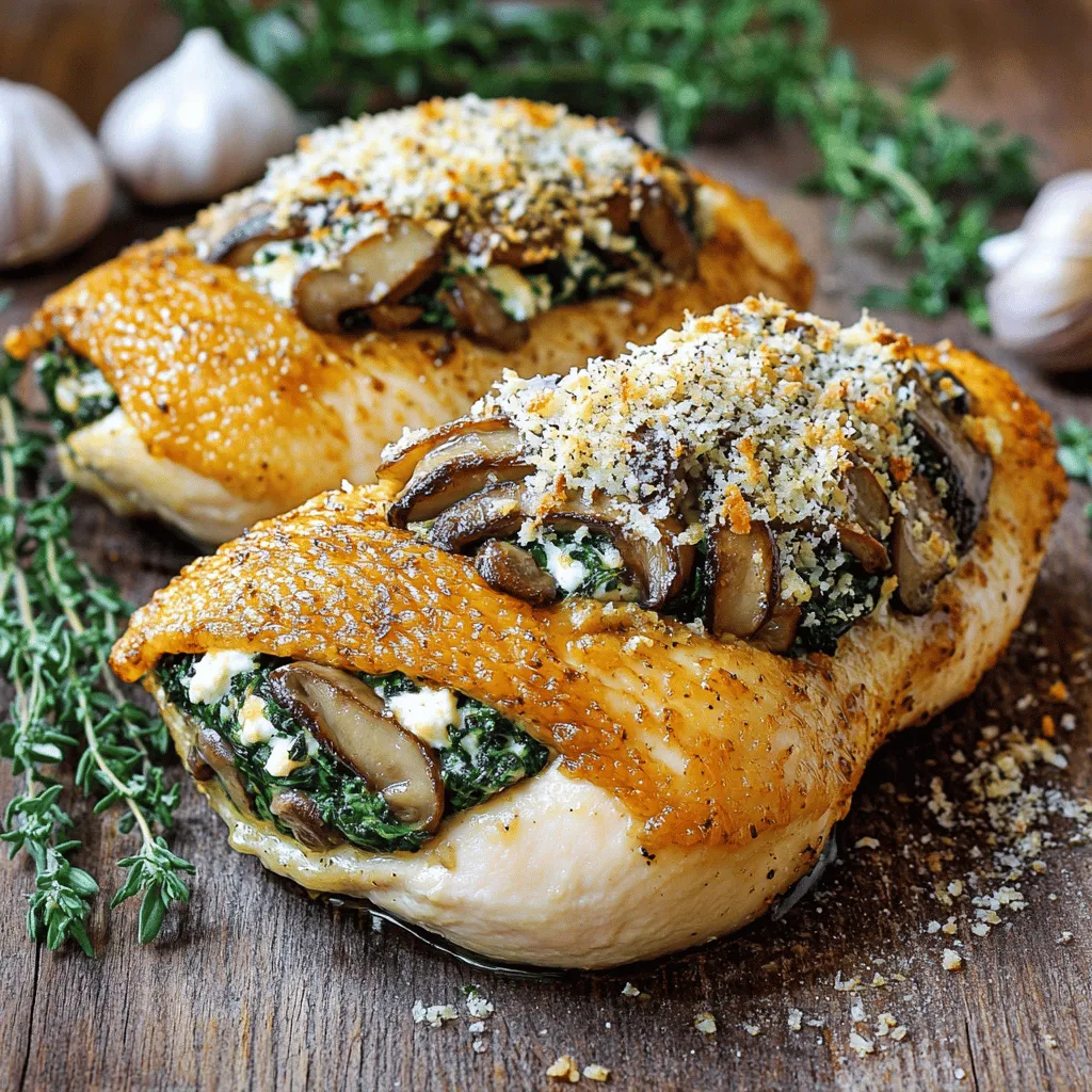 - 4 boneless, skinless chicken breasts - 1 cup finely chopped mushrooms (cremini or button) - 1/2 cup roughly chopped fresh spinach - 1/2 cup ricotta cheese - 1/4 cup grated Parmesan cheese - 2 cloves minced garlic - 1 tablespoon olive oil - 1 teaspoon dried thyme - Salt and pepper, to taste - Toothpicks or kitchen twine This recipe is simple and uses fresh ingredients. The chicken breasts provide lean protein, while mushrooms add a deep, earthy flavor. Spinach brings in nutrients and a pop of color. Ricotta and Parmesan create a creamy, savory stuffing that keeps the chicken moist. When I prepare this dish, I focus on using fresh mushrooms. They give the stuffing a wonderful texture. You can use cremini or button mushrooms, depending on your taste. Fresh spinach is key, too. It adds a nice green touch and balances the richness of the cheese. The spices are vital. Dried thyme adds a lovely aroma, while garlic gives depth. You can adjust the salt and pepper to your liking. For securing the stuffed chicken, toothpicks work well. Kitchen twine is also a great option if you have it. Both keep the filling inside while baking, so you get all the flavors in each bite. Check out the Full Recipe for the complete steps to make this dish. First, preheat your oven to 375°F (190°C). This helps cook the chicken evenly. Next, gather all ingredients and tools. You will need a skillet, mixing bowl, and baking dish. Having everything ready makes cooking easier and faster. In a medium skillet over medium heat, add one tablespoon of olive oil. Once the oil is hot, add two cloves of minced garlic. Sauté for about one minute until it smells great. Then, add one cup of finely chopped mushrooms and one teaspoon of dried thyme. Cook for 5-7 minutes, stirring often. You want the mushrooms to get soft and lose their moisture. After that, add half a cup of roughly chopped spinach. Stir gently for about two minutes until the spinach starts to wilt. Remove the skillet from heat and let it cool for a few moments. In a mixing bowl, combine this mixture with half a cup of ricotta cheese and a quarter cup of grated Parmesan cheese. Add salt and pepper to taste. Mix well to create your stuffing. Now, prepare the chicken breasts. Take each breast and slice it horizontally on the side. Be careful not to cut all the way through. This creates a pocket for the stuffing. Generously fill each chicken pocket with your mushroom stuffing. Secure the opening with toothpicks or kitchen twine to keep the filling inside during baking. Season the outside of the stuffed chicken with a sprinkle of salt and pepper for extra flavor. Place the stuffed chicken in a baking dish and cover it with aluminum foil. This helps keep the chicken moist. Bake in the preheated oven for 25 minutes. After that time, remove the foil and bake for another 15-20 minutes. Check to ensure the chicken is cooked through, reaching an internal temperature of 165°F (75°C). Once done, let the chicken rest for a few minutes before slicing. Enjoy your delicious creation! For the full recipe, check out the detailed instructions above. - Use low-fat cheese options to cut calories. - Substitute olive oil with cooking spray for less fat. These small swaps can make your meal lighter without losing flavor. Low-fat cheese still melts well and adds creaminess. Cooking spray helps reduce added oils, keeping your dish healthy. - Add herbs and spices of your choice for extra taste. - Try different cheese combinations to find your favorite. Adding fresh herbs can brighten up the dish. Consider basil, parsley, or oregano. Mixing cheeses like mozzarella or feta can also create new flavors. Experiment to make it your own! - Recommended pans include a non-stick skillet and a baking dish. - Useful kitchen gadgets for stuffing are a sharp knife and toothpicks. A good non-stick skillet helps with easy cooking. A sharp knife makes cutting the chicken simpler. Toothpicks secure the filling while baking. These tools make the process smoother and more enjoyable. For the full recipe, check out the details above. {{image_4}} You can switch up your mushroom stuffing to keep things exciting. Try adding sun-dried tomatoes for a tangy twist. Artichokes give a nice flavor and texture too. You can also mix in some nuts or seeds. This adds a great crunch and healthy fats. Walnuts or pine nuts work well here. Each of these choices can make your dish more unique and tasty. If you want to change your protein, there are good options. Turkey works great as a lean substitute for chicken. Tofu is an excellent choice for a plant-based meal. It picks up flavors well and provides protein. Another fun idea is to use fish fillets. They give a lighter taste and cook quickly. Each option allows you to enjoy the same great stuffing in a new way. If you follow a gluten-free diet, you can still enjoy this dish! Just make sure to use gluten-free breadcrumbs or omit them. For those who prefer a vegan option, substitute the chicken with a large portobello mushroom cap. You can also use vegan cheese in the stuffing. These changes keep the flavors intact while meeting your dietary needs. Enjoy exploring these variations for a delicious meal! After enjoying your Healthy Mushroom Stuffed Chicken Breast, you may have some left. To store leftovers, place them in an airtight container. Refrigerate them within two hours of cooking. This keeps the chicken fresh and safe to eat. The stuffed chicken can last in the fridge for up to three days. If you want to save your stuffed chicken for later, freezing is a great option. Wrap each stuffed chicken breast tightly in plastic wrap. Then, place them in a freezer-safe bag. Label the bag with the date. This way, you can enjoy your meal for up to three months. When you’re ready to enjoy your leftover stuffed chicken, reheating is key. To do this without drying it out, you can use two methods. The oven method keeps the chicken juicy. Preheat your oven to 350°F (175°C). Place the chicken on a baking sheet and cover it with foil. Heat for about 20-25 minutes, or until warmed through. The microwave is faster but may dry out the chicken. If using a microwave, place the chicken on a microwave-safe plate. Add a splash of water to the plate. Cover it with a damp paper towel. Heat on medium for 2-3 minutes, checking frequently. If you lead a busy life, meal prep can help. You can make the mushroom stuffing in advance. Store it in the fridge for up to three days. When you’re ready to cook, stuff the chicken breasts and bake them. For easy meals, try portioning the chicken. Slice the cooked stuffed chicken into servings. Store each portion in a container. This way, you can quickly grab a meal on the go. Pair it with some veggies or a salad for a complete dinner. To keep your chicken juicy, cook it at the right temperature. Bake the chicken at 375°F (190°C). This temperature allows for even cooking without drying it out. Use a meat thermometer to check if it reaches 165°F (75°C) inside. Cover the chicken with foil for the first part of baking. This traps heat and moisture, helping the chicken stay tender. Yes, you can bake without foil. However, this may dry out the chicken. The foil helps keep moisture in during cooking. If you skip the foil, check the chicken often. You may need to baste it with its juices to maintain moisture. You can pair this chicken with many sides. Here are some tasty ideas: - Steamed broccoli or green beans - A fresh garden salad - Quinoa or brown rice - Mashed sweet potatoes - Roasted vegetables These sides add color and flavor to your plate. For vegetarian options, swap the chicken with large portobello mushrooms. They hold stuffing well and taste great. For gluten-free diets, ensure the cheese and any added ingredients are certified gluten-free. You can also use gluten-free breadcrumbs if you want added texture in the stuffing. Absolutely! You can try various cheeses for new flavors. Here are some tasty options: - Mozzarella for a creamy texture - Feta for a tangy kick - Goat cheese for a rich taste Experimenting with cheese can make this dish your own! For more ideas, check the Full Recipe. In this article, we explored a delicious and healthy recipe for mushroom stuffed chicken. We covered key ingredients, detailed step-by-step instructions, and helpful tips to enhance flavors. Variations reveal many options for different diets and tastes. Remember, cooking should be fun and let you express your creativity. Now, get in the kitchen and try this recipe. Enjoy a tasty meal that’s good for you!