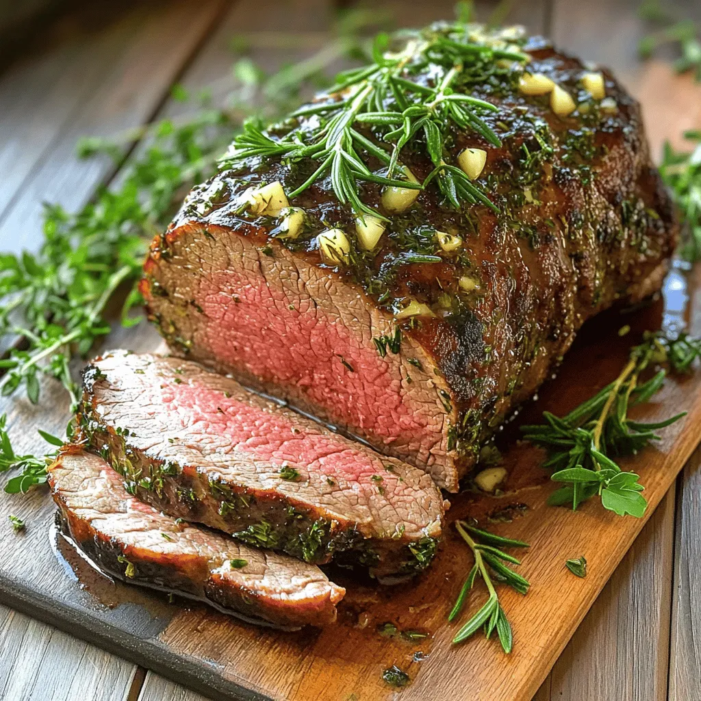 - <strong>Beef tenderloin roast specifications:</strong> – Choose a roast that weighs between 2 to 2.5 lbs. This size ensures even cooking and great flavor. – <strong>Fresh herbs and spices required:</strong> – 2 tablespoons fresh rosemary, chopped finely. – 2 tablespoons fresh thyme, chopped finely. – 1 tablespoon fresh parsley, chopped finely. – 1 teaspoon sea salt. – 1 teaspoon freshly ground black pepper. – <strong>Additional ingredients for herb butter:</strong> – 4 tablespoons unsalted butter, softened at room temperature. – 3 cloves garlic, finely minced. – 1 tablespoon Dijon mustard. – 2 tablespoons extra-virgin olive oil. These ingredients create a rich and flavorful dish. Each herb adds a unique taste that enhances the beef. The butter keeps the meat moist during the roast. For the full recipe, refer to the above list. Start by preheating your oven to 425°F (220°C). This heat will help create a nice crust on the beef tenderloin. While the oven heats up, let’s prepare the herb butter. In a mixing bowl, combine: – 4 tablespoons unsalted butter, softened – 3 cloves garlic, finely minced – 2 tablespoons fresh rosemary, chopped finely – 2 tablespoons fresh thyme, chopped finely – 1 tablespoon fresh parsley, chopped finely – 1 teaspoon sea salt – 1 teaspoon freshly ground black pepper – 1 tablespoon Dijon mustard Mix these ingredients well. You want a smooth blend that will soak into the meat. Now, take your beef tenderloin and pat it dry using paper towels. This is key for a good sear. After it’s dry, season it with salt and pepper. This will enhance the meat’s flavor. Next, heat 2 tablespoons of extra-virgin olive oil in a large, oven-safe skillet over medium-high heat. Once the oil shimmers, add the tenderloin. Sear the beef on all sides until it gets a rich, golden-brown crust. This should take about 2-3 minutes for each side. After searing, take the skillet off the heat. Generously coat the tenderloin with your herb butter mixture. Make sure every inch of the meat is covered for the best flavor. Now, place the skillet in the preheated oven. Roast the beef for about 25-30 minutes. You want the internal temperature to reach 130-135°F (54-57°C) for a perfect medium-rare finish. Once the roast is done, take it out of the oven. Loosely cover it with aluminum foil and let it rest for 10-15 minutes. This helps the juices stay in the meat, making it more tender. After resting, slice the beef into about 1-inch thick medallions. Arrange the slices on a platter or individual plates. For a lovely touch, garnish with fresh herbs for a beautiful presentation. For the full recipe, check out the details above. – <strong>Checking doneness:</strong> Use a meat thermometer to check the beef. Insert it into the thickest part. Aim for 130-135°F for medium-rare. This will ensure your roast is juicy and tender. – <strong>Tricks for keeping the roast juicy:</strong> Always let the roast rest after cooking. Cover it loosely with foil for about 10-15 minutes. This helps the juices redistribute, making each slice moist. – <strong>Ideal side dishes to accompany the meal:</strong> Pair your roast with roasted vegetables, mashed potatoes, or a fresh salad. These sides complement the rich flavors of the beef. – <strong>Garnishing tips for presentation:</strong> Use fresh herbs like parsley or rosemary to add color. A drizzle of the pan juices enhances the look and flavor, making your dish pop. – <strong>Best types of skillets and ovens to use:</strong> A heavy, oven-safe skillet works best for searing and roasting. Cast iron or stainless steel are great choices for even cooking. – <strong>Essential tools for slicing and serving:</strong> A sharp carving knife is key for clean slices. A cutting board with a juice groove can catch any drippings, keeping your workspace tidy. For the complete method, check the full recipe for Herb Butter Beef Tenderloin Roast. {{image_4}} You can change the herb butter to suit your taste. If you love basil, add it instead of rosemary. For a fresh twist, try dill or tarragon. You can even mix different herbs for a unique flavor. Adding citrus zest can brighten the taste. Try orange or lemon zest in the butter. This adds a nice zing to the beef. You can also include a pinch of red pepper flakes for some heat. You can grill or roast the tenderloin. Grilling gives the meat a smoky flavor. It works well for warm summer days. However, roasting keeps the meat tender and juicy. If you want an easy method, use a slow cooker. This makes the beef very tender. Just add the herb butter before cooking. It will melt into the meat as it cooks. If you can’t find beef tenderloin, don’t worry. You can use other cuts like filet mignon or sirloin. Just remember that cooking times may change. You can also adapt this recipe for pork or lamb. Each meat has its own flavor, but the herb butter works great with any. Just follow the same steps from the Full Recipe to ensure tasty results. To keep your tenderloin fresh, place it in an airtight container. This helps lock in moisture. You can store it in the fridge for up to three days. If you want it to last longer, freezing is a great option. When you reheat the roast, do it gently. Use your oven set to 250°F (120°C). Place the beef in a baking dish and cover it with foil. This keeps the meat from drying out. You want to heat it just until warm. This usually takes about 20-30 minutes. To keep the flavor and texture, add a splash of beef broth or water to the dish. This little trick makes the meat juicy and tasty. Yes, you can freeze herb butter beef tenderloin! It freezes well, keeping the flavor intact. To freeze, wrap the roast tightly in plastic wrap. Then, place it in a freezer bag or container. Make sure to label it with the date. You can safely freeze it for up to three months. To thaw, move it to the fridge a day before you plan to cook it. This way, it defrosts slowly and stays juicy. <strong>What is the best way to cook beef tenderloin?</strong> The best way to cook beef tenderloin is to sear it first and then roast it. Start by preheating your oven to 425°F (220°C). Sear the tenderloin in a hot skillet with oil until it gets a nice crust. Then, transfer it to the oven to finish cooking. This method locks in flavor and keeps the meat juicy. <strong>How do I know when my beef tenderloin is done?</strong> You can check doneness with a meat thermometer. For medium-rare, the internal temperature should be 130-135°F (54-57°C). Insert the thermometer into the thickest part of the meat. Always let your roast rest after cooking. This helps the juices settle. <strong>Can I make the herb butter ahead of time?</strong> Yes, you can make herb butter ahead of time. Simply mix the ingredients and store them in the fridge. It will keep well for about a week. This makes it easy to prep your roast when you’re ready to cook. <strong>What can I use as a substitute for Dijon mustard?</strong> If you don’t have Dijon mustard, you can use yellow mustard or whole grain mustard. Both will give a nice tangy flavor. You can also try using a mix of vinegar and honey for a sweet and sour touch. For the complete cooking process and more tips, check the Full Recipe. This guide covered everything about making a tasty herb butter beef tenderloin roast. We discussed the key ingredients and gave easy steps for cooking and serving. I shared tips to keep your roast juicy and how to customize flavors. You also learned how to store and reheat leftovers safely. Embrace these tips and enjoy your cooking journey. You’ll impress your guests with this flavorful dish. Happy cooking!” /></p>
</p>
<h2>Variations</h2>
</p>
<h3>Flavor Customization</h3>
</p>
<p>You can change the herb butter to suit your taste. If you love basil, add it instead of rosemary. For a fresh twist, try dill or tarragon. You can even mix different herbs for a unique flavor.</p>
</p>
<p>Adding citrus zest can brighten the taste. Try orange or lemon zest in the butter. This adds a nice zing to the beef. You can also include a pinch of red pepper flakes for some heat.</p>
</p>
<h3>Different Cooking Methods</h3>
</p>
<p>You can grill or roast the tenderloin. Grilling gives the meat a smoky flavor. It works well for warm summer days. However, roasting keeps the meat tender and juicy.</p>
</p>
<p>If you want an easy method, use a slow cooker. This makes the beef very tender. Just add the herb butter before cooking. It will melt into the meat as it cooks.</p>
</p>
<h3>Alternative Cuts of Meat</h3>
</p>
<p>If you can’t find beef tenderloin, don’t worry. You can use other cuts like filet mignon or sirloin. Just remember that cooking times may change.</p>
</p>
<p>You can also adapt this recipe for pork or lamb. Each meat has its own flavor, but the herb butter works great with any. Just follow the same steps from the Full Recipe to ensure tasty results.</p>
</p>
<h2>Storage Info</h2>
</p>
<h3>Storing Leftovers</h3>
<p>To keep your tenderloin fresh, place it in an airtight container. This helps lock in moisture. You can store it in the fridge for up to three days. If you want it to last longer, freezing is a great option.</p>
</p>
<h3>Reheating Instructions</h3>
<p>When you reheat the roast, do it gently. Use your oven set to 250°F (120°C). Place the beef in a baking dish and cover it with foil. This keeps the meat from drying out. You want to heat it just until warm. This usually takes about 20-30 minutes.</p>
</p>
<p>To keep the flavor and texture, add a splash of beef broth or water to the dish. This little trick makes the meat juicy and tasty.</p>
</p>
<h3>Freezing the Roast</h3>
<p>Yes, you can freeze herb butter beef tenderloin! It freezes well, keeping the flavor intact. To freeze, wrap the roast tightly in plastic wrap. Then, place it in a freezer bag or container.</p>
</p>
<p>Make sure to label it with the date. You can safely freeze it for up to three months. To thaw, move it to the fridge a day before you plan to cook it. This way, it defrosts slowly and stays juicy.</p>
</p>
<h2>FAQs</h2>
</p>
<h3>Common Questions about Herb Butter Beef Tenderloin Roast</h3>
</p>
<p><strong>What is the best way to cook beef tenderloin?</strong></p>
<p>The best way to cook beef tenderloin is to sear it first and then roast it. Start by preheating your oven to 425°F (220°C). Sear the tenderloin in a hot skillet with oil until it gets a nice crust. Then, transfer it to the oven to finish cooking. This method locks in flavor and keeps the meat juicy.</p>
</p>
<p><strong>How do I know when my beef tenderloin is done?</strong></p>
<p>You can check doneness with a meat thermometer. For medium-rare, the internal temperature should be 130-135°F (54-57°C). Insert the thermometer into the thickest part of the meat. Always let your roast rest after cooking. This helps the juices settle.</p>
</p>
<p><strong>Can I make the herb butter ahead of time?</strong></p>
<p>Yes, you can make herb butter ahead of time. Simply mix the ingredients and store them in the fridge. It will keep well for about a week. This makes it easy to prep your roast when you’re ready to cook.</p>
</p>
<p><strong>What can I use as a substitute for Dijon mustard?</strong></p>
<p>If you don’t have Dijon mustard, you can use yellow mustard or whole grain mustard. Both will give a nice tangy flavor. You can also try using a mix of vinegar and honey for a sweet and sour touch.</p>
</p>
<p>For the complete cooking process and more tips, check the Full Recipe.</p>
</p>
<p>This guide covered everything about making a tasty herb butter beef tenderloin roast. We discussed the key ingredients and gave easy steps for cooking and serving. I shared tips to keep your roast juicy and how to customize flavors. You also learned how to store and reheat leftovers safely.</p>
</p>
<p>Embrace these tips and enjoy your cooking journey. You’ll impress your guests with this flavorful dish. Happy cooking!</p>
<div id=