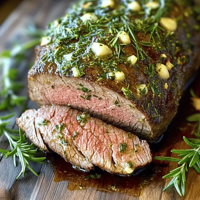 - Beef tenderloin roast specifications: - Choose a roast that weighs between 2 to 2.5 lbs. This size ensures even cooking and great flavor. - Fresh herbs and spices required: - 2 tablespoons fresh rosemary, chopped finely. - 2 tablespoons fresh thyme, chopped finely. - 1 tablespoon fresh parsley, chopped finely. - 1 teaspoon sea salt. - 1 teaspoon freshly ground black pepper. - Additional ingredients for herb butter: - 4 tablespoons unsalted butter, softened at room temperature. - 3 cloves garlic, finely minced. - 1 tablespoon Dijon mustard. - 2 tablespoons extra-virgin olive oil. These ingredients create a rich and flavorful dish. Each herb adds a unique taste that enhances the beef. The butter keeps the meat moist during the roast. For the full recipe, refer to the above list. Start by preheating your oven to 425°F (220°C). This heat will help create a nice crust on the beef tenderloin. While the oven heats up, let’s prepare the herb butter. In a mixing bowl, combine: - 4 tablespoons unsalted butter, softened - 3 cloves garlic, finely minced - 2 tablespoons fresh rosemary, chopped finely - 2 tablespoons fresh thyme, chopped finely - 1 tablespoon fresh parsley, chopped finely - 1 teaspoon sea salt - 1 teaspoon freshly ground black pepper - 1 tablespoon Dijon mustard Mix these ingredients well. You want a smooth blend that will soak into the meat. Now, take your beef tenderloin and pat it dry using paper towels. This is key for a good sear. After it’s dry, season it with salt and pepper. This will enhance the meat's flavor. Next, heat 2 tablespoons of extra-virgin olive oil in a large, oven-safe skillet over medium-high heat. Once the oil shimmers, add the tenderloin. Sear the beef on all sides until it gets a rich, golden-brown crust. This should take about 2-3 minutes for each side. After searing, take the skillet off the heat. Generously coat the tenderloin with your herb butter mixture. Make sure every inch of the meat is covered for the best flavor. Now, place the skillet in the preheated oven. Roast the beef for about 25-30 minutes. You want the internal temperature to reach 130-135°F (54-57°C) for a perfect medium-rare finish. Once the roast is done, take it out of the oven. Loosely cover it with aluminum foil and let it rest for 10-15 minutes. This helps the juices stay in the meat, making it more tender. After resting, slice the beef into about 1-inch thick medallions. Arrange the slices on a platter or individual plates. For a lovely touch, garnish with fresh herbs for a beautiful presentation. For the full recipe, check out the details above. - Checking doneness: Use a meat thermometer to check the beef. Insert it into the thickest part. Aim for 130-135°F for medium-rare. This will ensure your roast is juicy and tender. - Tricks for keeping the roast juicy: Always let the roast rest after cooking. Cover it loosely with foil for about 10-15 minutes. This helps the juices redistribute, making each slice moist. - Ideal side dishes to accompany the meal: Pair your roast with roasted vegetables, mashed potatoes, or a fresh salad. These sides complement the rich flavors of the beef. - Garnishing tips for presentation: Use fresh herbs like parsley or rosemary to add color. A drizzle of the pan juices enhances the look and flavor, making your dish pop. - Best types of skillets and ovens to use: A heavy, oven-safe skillet works best for searing and roasting. Cast iron or stainless steel are great choices for even cooking. - Essential tools for slicing and serving: A sharp carving knife is key for clean slices. A cutting board with a juice groove can catch any drippings, keeping your workspace tidy. For the complete method, check the full recipe for Herb Butter Beef Tenderloin Roast. {{image_4}} You can change the herb butter to suit your taste. If you love basil, add it instead of rosemary. For a fresh twist, try dill or tarragon. You can even mix different herbs for a unique flavor. Adding citrus zest can brighten the taste. Try orange or lemon zest in the butter. This adds a nice zing to the beef. You can also include a pinch of red pepper flakes for some heat. You can grill or roast the tenderloin. Grilling gives the meat a smoky flavor. It works well for warm summer days. However, roasting keeps the meat tender and juicy. If you want an easy method, use a slow cooker. This makes the beef very tender. Just add the herb butter before cooking. It will melt into the meat as it cooks. If you can’t find beef tenderloin, don’t worry. You can use other cuts like filet mignon or sirloin. Just remember that cooking times may change. You can also adapt this recipe for pork or lamb. Each meat has its own flavor, but the herb butter works great with any. Just follow the same steps from the Full Recipe to ensure tasty results. To keep your tenderloin fresh, place it in an airtight container. This helps lock in moisture. You can store it in the fridge for up to three days. If you want it to last longer, freezing is a great option. When you reheat the roast, do it gently. Use your oven set to 250°F (120°C). Place the beef in a baking dish and cover it with foil. This keeps the meat from drying out. You want to heat it just until warm. This usually takes about 20-30 minutes. To keep the flavor and texture, add a splash of beef broth or water to the dish. This little trick makes the meat juicy and tasty. Yes, you can freeze herb butter beef tenderloin! It freezes well, keeping the flavor intact. To freeze, wrap the roast tightly in plastic wrap. Then, place it in a freezer bag or container. Make sure to label it with the date. You can safely freeze it for up to three months. To thaw, move it to the fridge a day before you plan to cook it. This way, it defrosts slowly and stays juicy. What is the best way to cook beef tenderloin? The best way to cook beef tenderloin is to sear it first and then roast it. Start by preheating your oven to 425°F (220°C). Sear the tenderloin in a hot skillet with oil until it gets a nice crust. Then, transfer it to the oven to finish cooking. This method locks in flavor and keeps the meat juicy. How do I know when my beef tenderloin is done? You can check doneness with a meat thermometer. For medium-rare, the internal temperature should be 130-135°F (54-57°C). Insert the thermometer into the thickest part of the meat. Always let your roast rest after cooking. This helps the juices settle. Can I make the herb butter ahead of time? Yes, you can make herb butter ahead of time. Simply mix the ingredients and store them in the fridge. It will keep well for about a week. This makes it easy to prep your roast when you’re ready to cook. What can I use as a substitute for Dijon mustard? If you don't have Dijon mustard, you can use yellow mustard or whole grain mustard. Both will give a nice tangy flavor. You can also try using a mix of vinegar and honey for a sweet and sour touch. For the complete cooking process and more tips, check the Full Recipe. This guide covered everything about making a tasty herb butter beef tenderloin roast. We discussed the key ingredients and gave easy steps for cooking and serving. I shared tips to keep your roast juicy and how to customize flavors. You also learned how to store and reheat leftovers safely. Embrace these tips and enjoy your cooking journey. You’ll impress your guests with this flavorful dish. Happy cooking!