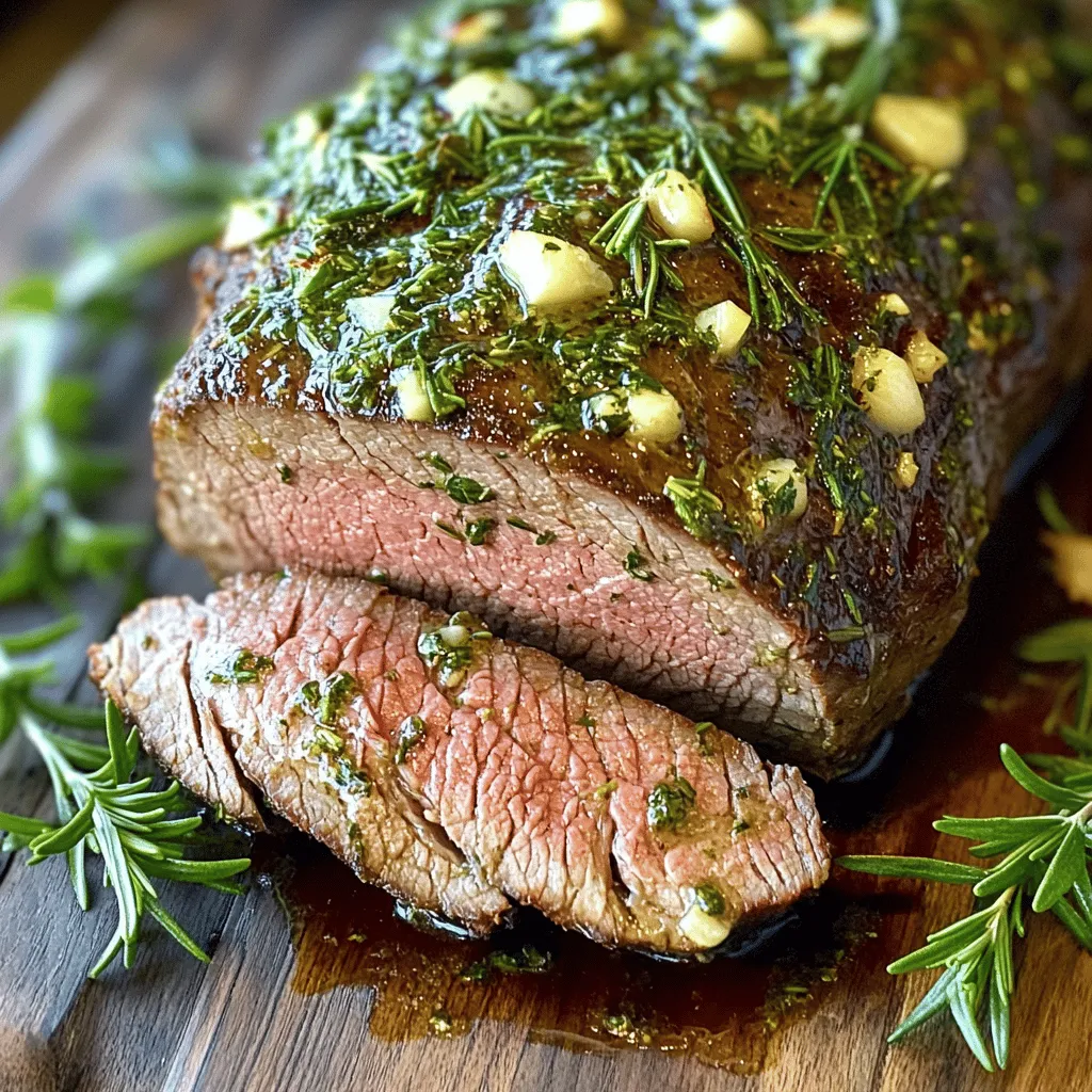 - Beef tenderloin roast specifications: - Choose a roast that weighs between 2 to 2.5 lbs. This size ensures even cooking and great flavor. - Fresh herbs and spices required: - 2 tablespoons fresh rosemary, chopped finely. - 2 tablespoons fresh thyme, chopped finely. - 1 tablespoon fresh parsley, chopped finely. - 1 teaspoon sea salt. - 1 teaspoon freshly ground black pepper. - Additional ingredients for herb butter: - 4 tablespoons unsalted butter, softened at room temperature. - 3 cloves garlic, finely minced. - 1 tablespoon Dijon mustard. - 2 tablespoons extra-virgin olive oil. These ingredients create a rich and flavorful dish. Each herb adds a unique taste that enhances the beef. The butter keeps the meat moist during the roast. For the full recipe, refer to the above list. Start by preheating your oven to 425°F (220°C). This heat will help create a nice crust on the beef tenderloin. While the oven heats up, let’s prepare the herb butter. In a mixing bowl, combine: - 4 tablespoons unsalted butter, softened - 3 cloves garlic, finely minced - 2 tablespoons fresh rosemary, chopped finely - 2 tablespoons fresh thyme, chopped finely - 1 tablespoon fresh parsley, chopped finely - 1 teaspoon sea salt - 1 teaspoon freshly ground black pepper - 1 tablespoon Dijon mustard Mix these ingredients well. You want a smooth blend that will soak into the meat. Now, take your beef tenderloin and pat it dry using paper towels. This is key for a good sear. After it’s dry, season it with salt and pepper. This will enhance the meat's flavor. Next, heat 2 tablespoons of extra-virgin olive oil in a large, oven-safe skillet over medium-high heat. Once the oil shimmers, add the tenderloin. Sear the beef on all sides until it gets a rich, golden-brown crust. This should take about 2-3 minutes for each side. After searing, take the skillet off the heat. Generously coat the tenderloin with your herb butter mixture. Make sure every inch of the meat is covered for the best flavor. Now, place the skillet in the preheated oven. Roast the beef for about 25-30 minutes. You want the internal temperature to reach 130-135°F (54-57°C) for a perfect medium-rare finish. Once the roast is done, take it out of the oven. Loosely cover it with aluminum foil and let it rest for 10-15 minutes. This helps the juices stay in the meat, making it more tender. After resting, slice the beef into about 1-inch thick medallions. Arrange the slices on a platter or individual plates. For a lovely touch, garnish with fresh herbs for a beautiful presentation. For the full recipe, check out the details above. - Checking doneness: Use a meat thermometer to check the beef. Insert it into the thickest part. Aim for 130-135°F for medium-rare. This will ensure your roast is juicy and tender. - Tricks for keeping the roast juicy: Always let the roast rest after cooking. Cover it loosely with foil for about 10-15 minutes. This helps the juices redistribute, making each slice moist. - Ideal side dishes to accompany the meal: Pair your roast with roasted vegetables, mashed potatoes, or a fresh salad. These sides complement the rich flavors of the beef. - Garnishing tips for presentation: Use fresh herbs like parsley or rosemary to add color. A drizzle of the pan juices enhances the look and flavor, making your dish pop. - Best types of skillets and ovens to use: A heavy, oven-safe skillet works best for searing and roasting. Cast iron or stainless steel are great choices for even cooking. - Essential tools for slicing and serving: A sharp carving knife is key for clean slices. A cutting board with a juice groove can catch any drippings, keeping your workspace tidy. For the complete method, check the full recipe for Herb Butter Beef Tenderloin Roast. {{image_4}} You can change the herb butter to suit your taste. If you love basil, add it instead of rosemary. For a fresh twist, try dill or tarragon. You can even mix different herbs for a unique flavor. Adding citrus zest can brighten the taste. Try orange or lemon zest in the butter. This adds a nice zing to the beef. You can also include a pinch of red pepper flakes for some heat. You can grill or roast the tenderloin. Grilling gives the meat a smoky flavor. It works well for warm summer days. However, roasting keeps the meat tender and juicy. If you want an easy method, use a slow cooker. This makes the beef very tender. Just add the herb butter before cooking. It will melt into the meat as it cooks. If you can’t find beef tenderloin, don’t worry. You can use other cuts like filet mignon or sirloin. Just remember that cooking times may change. You can also adapt this recipe for pork or lamb. Each meat has its own flavor, but the herb butter works great with any. Just follow the same steps from the Full Recipe to ensure tasty results. To keep your tenderloin fresh, place it in an airtight container. This helps lock in moisture. You can store it in the fridge for up to three days. If you want it to last longer, freezing is a great option. When you reheat the roast, do it gently. Use your oven set to 250°F (120°C). Place the beef in a baking dish and cover it with foil. This keeps the meat from drying out. You want to heat it just until warm. This usually takes about 20-30 minutes. To keep the flavor and texture, add a splash of beef broth or water to the dish. This little trick makes the meat juicy and tasty. Yes, you can freeze herb butter beef tenderloin! It freezes well, keeping the flavor intact. To freeze, wrap the roast tightly in plastic wrap. Then, place it in a freezer bag or container. Make sure to label it with the date. You can safely freeze it for up to three months. To thaw, move it to the fridge a day before you plan to cook it. This way, it defrosts slowly and stays juicy. What is the best way to cook beef tenderloin? The best way to cook beef tenderloin is to sear it first and then roast it. Start by preheating your oven to 425°F (220°C). Sear the tenderloin in a hot skillet with oil until it gets a nice crust. Then, transfer it to the oven to finish cooking. This method locks in flavor and keeps the meat juicy. How do I know when my beef tenderloin is done? You can check doneness with a meat thermometer. For medium-rare, the internal temperature should be 130-135°F (54-57°C). Insert the thermometer into the thickest part of the meat. Always let your roast rest after cooking. This helps the juices settle. Can I make the herb butter ahead of time? Yes, you can make herb butter ahead of time. Simply mix the ingredients and store them in the fridge. It will keep well for about a week. This makes it easy to prep your roast when you’re ready to cook. What can I use as a substitute for Dijon mustard? If you don't have Dijon mustard, you can use yellow mustard or whole grain mustard. Both will give a nice tangy flavor. You can also try using a mix of vinegar and honey for a sweet and sour touch. For the complete cooking process and more tips, check the Full Recipe. This guide covered everything about making a tasty herb butter beef tenderloin roast. We discussed the key ingredients and gave easy steps for cooking and serving. I shared tips to keep your roast juicy and how to customize flavors. You also learned how to store and reheat leftovers safely. Embrace these tips and enjoy your cooking journey. You’ll impress your guests with this flavorful dish. Happy cooking!