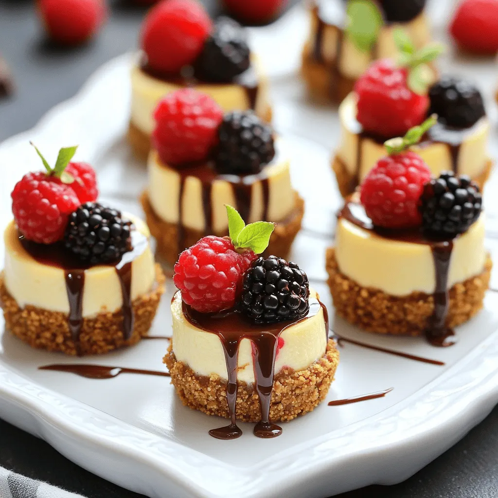 To make these no-bake cheesecake bites, you will need: - 1 cup graham cracker crumbs - 4 tablespoons unsalted butter, melted - 2 tablespoons granulated sugar - 8 oz cream cheese, softened at room temperature - 1/2 cup powdered sugar - 1 teaspoon pure vanilla extract - 1/2 cup heavy cream, whipped to soft peaks - Fresh berries (strawberries, blueberries, or raspberries) for topping - Optional: melted chocolate for drizzling You can swap ingredients if needed. Here are some ideas: - Use almond flour instead of graham cracker crumbs for a gluten-free crust. - Coconut oil can replace unsalted butter for a dairy-free option. - If you want less sugar, try using a sugar substitute like stevia or monk fruit. - For a vegan version, use a dairy-free cream cheese and whipped coconut cream. Selecting good ingredients makes a big difference in taste. Here are tips: - Choose fresh berries that are bright and firm. Look for ones without bruises. - When picking cream cheese, go for a full-fat option for the best creaminess. - Use real vanilla extract, not imitation, for deeper flavor. - Select high-quality heavy cream for the best texture when whipped. These tips help you create the best no-bake cheesecake bites, ensuring they taste amazing. For the full recipe, check the details above! Start by gathering your ingredients. You will need graham cracker crumbs, melted butter, and sugar. In a mixing bowl, combine the graham cracker crumbs, melted butter, and sugar. Stir until the mixture feels like damp sand. This means all crumbs are coated. Next, press the crumb mix into mini muffin tins or silicone molds. Use the back of a spoon to pack them tight. This makes a strong base for your cheesecake bites. For the filling, you will need softened cream cheese, powdered sugar, vanilla extract, and whipped cream. In a separate bowl, beat the softened cream cheese with an electric mixer. Mix until it is smooth and creamy. Add the powdered sugar and vanilla, blending until fluffy. Now, gently fold in the whipped cream with a spatula. Be careful not to over-mix. You want to keep that light, airy texture. Now for the fun part! Spoon the cheesecake filling over the crusts. Fill each one almost to the top. Cover the muffin tins with plastic wrap and refrigerate for at least 2 hours. This time lets the cheesecake bites set. Once they are firm, pop them out of the molds. Arrange them on a serving platter. For a colorful touch, top each bite with fresh berries. If you want, drizzle some melted chocolate on top. This adds a sweet finish to your bites. For the full recipe, check the details above! Many home cooks rush the mixing. This can lead to lumps in your cheesecake filling. Always beat the cream cheese until it's smooth first. Next, add powdered sugar slowly. If you skip this, the sugar may not mix well. Also, don’t skip chilling! They need time in the fridge to set properly. The key to a smooth texture lies in your cream cheese. Make sure it’s soft. Let it sit at room temperature for about 30 minutes. When mixing, fold in the whipped cream gently. This keeps the mixture light and fluffy. If you over-mix, your bites will lose that creamy feel. Presentation matters, especially for sweet treats. Top your cheesecake bites with fresh berries. They add color and flavor. If you want something extra, drizzle melted chocolate on top. For a fresh look, add a mint sprig. Use a colorful platter to make your bites pop! For a full recipe, visit the [Full Recipe]. {{image_4}} You can change the flavor of your cheesecake bites easily. For chocolate, add cocoa powder to the cream cheese mix. About 1/4 cup will give it a rich taste. For a lemon twist, mix in fresh lemon juice and zest. This brightens up the flavor. You can make these bites vegan and gluten-free, too. For vegan bites, swap cream cheese for cashew cream or a dairy-free cream cheese. Use coconut cream for a rich texture. Choose gluten-free graham crackers or nuts for the crust. This way, everyone can enjoy them! Toppings can change with the seasons. In summer, use fresh berries like strawberries, blueberries, or raspberries. They add a burst of color and flavor. In fall, try sliced apples or pears with a sprinkle of cinnamon. In winter, pomegranate seeds bring a festive touch. These variations make your no-bake cheesecake bites fun and unique. For the full recipe, check out the details above! To keep your no-bake cheesecake bites fresh, store them in an airtight container. This prevents moisture and air from affecting the taste and texture. Layer parchment paper between the bites to avoid sticking. Refrigerating the bites will keep them chilled and creamy. When stored properly, these cheesecake bites last about 5 days in the fridge. After that, they may lose their taste and texture. If you notice any changes in smell or appearance, it’s best to toss them out. You can freeze these bites for later enjoyment. Place them in a single layer on a baking sheet and freeze until solid. Once frozen, transfer them to an airtight container. They can last up to 2 months in the freezer. To enjoy, thaw them in the fridge overnight before serving. This helps retain their creamy goodness. For the full recipe, check out the details above. Yes, you can make No-Bake Cheesecake Bites ahead of time. I love to prepare them the day before a gathering. This gives them enough time to chill and set properly. After they are ready, cover them well with plastic wrap. Store them in the fridge until you are ready to serve. They will stay fresh and delicious for up to three days. To whip cream well, start with cold heavy cream. Pour it into a mixing bowl. Use an electric mixer on medium speed. This will help create soft peaks quickly. Stop mixing once you see soft peaks form. Overwhipping can turn it into butter, which you don't want. Gently fold the whipped cream into your cheesecake mixture. This keeps it light and fluffy. To make your cheesecake bites firmer, try a few simple tips. First, use less whipped cream in the filling. This will reduce the airy texture and make them more dense. Second, chill them longer in the fridge. Letting them sit for four hours or more will help them set better. Lastly, consider adding a bit of gelatin. Just a small amount can help create a firmer texture. This blog post covered how to make delicious no-bake cheesecake bites. We explored the key ingredients and their substitutes. I shared tips for choosing quality items and step-by-step instructions for preparation, filling, and assembly. We also looked at common mistakes and ways to achieve the right texture. Variations include flavors and dietary options. Lastly, I detailed how to store your bites for freshness. Cheesecake bites are fun, easy, and perfect for any occasion. Enjoy making them your own!