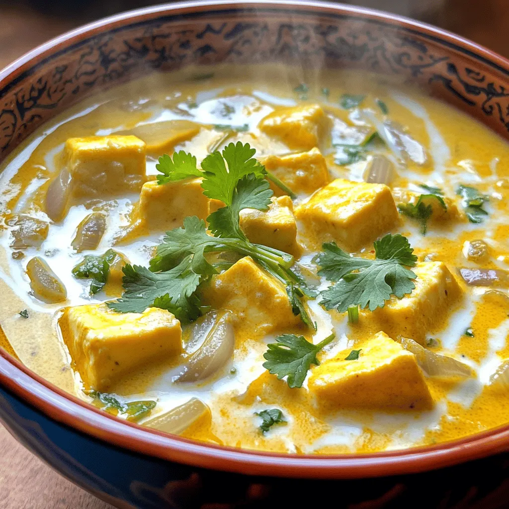 For this tasty dish, you need the following main ingredients: - 250g paneer, cut into bite-sized cubes - 1 can (400ml) full-fat coconut milk - 2 stalks of fresh lemongrass, finely chopped - 1 medium onion, thinly sliced - 2 cloves garlic, minced - 1-inch piece of fresh ginger, grated - 1 green chili, slit lengthwise (optional for an extra kick) - 1 tablespoon curry powder - 1 teaspoon ground turmeric - 2 tablespoons vegetable oil - 1 tablespoon soy sauce - Salt, to taste - Fresh coriander leaves, chopped, for garnish These ingredients create a rich, creamy, and fragrant curry. The lemongrass adds a fresh citrus note, while the coconut milk brings a smooth texture. You can play with the recipe by adding optional ingredients. Here are some suggestions: - Bell peppers for color and crunch - Baby spinach for added greens - Peas for a sweet touch - Cashews for a nutty flavor Feel free to mix and match based on what you have at home. Each option can change the taste and texture, making the dish even more fun. If you can't find certain ingredients, here are some substitutes: - Tofu instead of paneer for a vegan option - Almond milk or oat milk if you prefer a lighter sauce - Lemongrass paste instead of fresh lemongrass for convenience - Garlic powder instead of fresh garlic in a pinch These substitutes will still deliver delicious results. Cooking should be flexible and fun, so don't hesitate to experiment! For the full recipe, check out the detailed instructions. First, gather your ingredients. You need paneer, coconut milk, lemongrass, onion, garlic, ginger, chili, curry powder, turmeric, vegetable oil, soy sauce, and salt. Start by heating the vegetable oil in a large pan over medium heat. Add the sliced onions and sauté them for 3-4 minutes until they turn soft. The onions should be translucent at this point. Next, add minced garlic, grated ginger, and chopped lemongrass to the pan. Cook this mixture for about 2 minutes. You'll notice a lovely aroma filling your kitchen. Then, sprinkle in curry powder, turmeric, and the green chili if you like it spicy. Stir this for 1 minute to toast the spices. Now, it's time to pour in the coconut milk and soy sauce. Stir well and bring this to a gentle simmer. Let it cook for about 5 minutes. This step helps all the flavors mix together perfectly. Carefully add the cubed paneer to the pan. Gently stir to coat the paneer in the sauce. Cover the pan and let it simmer for another 10 minutes. This allows the paneer to absorb all the delicious flavors. Once done, taste your curry. Add salt to balance the flavors as needed. Remove from heat and garnish with fresh coriander leaves for a bright finish. - Heating oil and sautéing onions: 3-4 minutes - Cooking garlic, ginger, and lemongrass: 2 minutes - Toasting spices: 1 minute - Simmering coconut milk and soy sauce: 5 minutes - Cooking paneer in the curry: 10 minutes - Use fresh lemongrass for a bright, zesty flavor. - Don't skip toasting the spices; it enhances the taste. - Adjust the chili based on your heat preference. - Allow the curry to sit for a few minutes before serving; it helps the flavors develop. For the full recipe, check out [Full Recipe]. To make your Paneer Lemongrass Coconut Curry shine, follow these tips: - Use fresh ingredients. Fresh lemongrass and ginger bring out the best flavors. - Cook onions well. Soft, translucent onions create a flavorful base for your curry. - Toast spices. Cook the curry powder and turmeric before adding liquids. This enhances their taste. - Simmer gently. A gentle simmer lets the flavors blend without overcooking the paneer. - Adjust salt last. Taste before adding salt to avoid over-seasoning your dish. Serve this curry in a deep bowl for a lovely presentation. Pair it with: - Basmati rice. The fluffy rice absorbs the curry's rich sauce beautifully. - Warm naan bread. It is perfect for scooping up the curry. - Fresh lime wedges. A squeeze of lime adds a zesty touch. - Coriander leaves. They make a great garnish and enhance the dish’s look. Avoid these mistakes to perfect your curry: - Overcooking paneer. Let it simmer but don’t cook too long. It can become tough. - Skipping the aromatics. Garlic, ginger, and lemongrass add depth. Don’t skip them! - Using low-fat coconut milk. Full-fat coconut milk creates a creamy texture. - Not tasting. Always taste your curry before serving. Adjust flavors as needed. For the full recipe, check the details and enjoy this flavorful dish! {{image_4}} You can make this dish vegetarian or vegan with easy swaps. For a vegetarian option, use tofu instead of paneer. Tofu is a great protein source that absorbs flavors well. If you want a vegan dish, replace the coconut milk with almond or cashew milk. Just remember to add a little extra spice for flavor. If you like heat, add more green chilies or a pinch of cayenne pepper. This will give your curry a nice kick. On the other hand, if you prefer mild flavors, skip the chilies altogether. You can also use sweet bell peppers to add color without the spice. Feel free to swap ingredients for new tastes. Instead of lemongrass, you can try lime zest for a citrusy twist. If you want a richer flavor, add peanut butter or almond butter. For a thicker curry, mix in some mashed sweet potatoes. Each swap can change the dish while keeping it delicious. For the full recipe, check out the details above. To store leftover Paneer Lemongrass Coconut Curry, first let it cool. Transfer it into an airtight container. Place a tight lid on the container. This keeps the curry fresh for up to three days in the fridge. Always label the container with the date. When you are ready to eat, reheat the curry on the stove. Use medium heat to warm it slowly. Stir often to avoid sticking. You can add a splash of coconut milk if it thickens too much. Ensure it heats through completely before serving. You can freeze this curry for longer storage. Allow it to cool completely before freezing. Use freezer-safe containers or bags. It can last up to three months in the freezer. When ready to eat, thaw it in the fridge overnight. Reheat on the stove as mentioned before. Enjoy the flavors just as fresh! For the full recipe, check out the details provided. Paneer Lemongrass Coconut Curry is a creamy dish. It combines paneer, lemongrass, and coconut milk. The flavors blend well, creating a rich and comforting meal. Lemongrass adds a bright, citrusy flavor that lifts the dish. You can enjoy it with rice or naan. Yes, you can make this curry in advance. The flavors deepen when it sits. Store it in an airtight container in the fridge. It stays fresh for up to three days. Just reheat it gently on the stove before serving. I recommend serving Paneer Lemongrass Coconut Curry with: - Basmati rice - Warm naan bread - Quinoa for a healthy twist - A fresh salad for crunch These sides complement the curry's rich flavors perfectly. To make this curry gluten-free, use gluten-free soy sauce. Most soy sauces contain wheat. You can also use tamari as a substitute. This keeps the dish safe for those with gluten sensitivities. You can find lemongrass at Asian grocery stores. Many supermarkets also carry it in the fresh produce section. For other specialty ingredients, check local farmers' markets or online stores. Fresh is best for flavor, but dried lemongrass works in a pinch. Paneer Lemongrass Coconut Curry is a delightful dish full of fresh flavors. You learned about the main ingredients and how to adjust them based on your taste. We covered step-by-step cooking instructions to ensure great results. I shared essential tips to help you avoid common mistakes. You can store leftovers or freeze them for later. This curry is versatile and can suit many diets. Experiment with spices or ingredients to make it your own. Enjoy the tasty journey this dish offers!