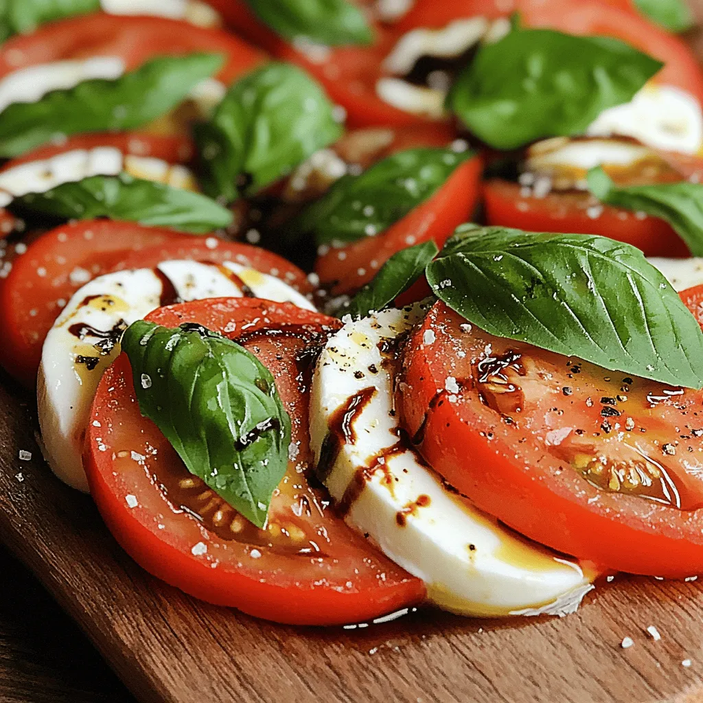 - 4 large ripe tomatoes - 1 cup fresh basil leaves - 250g fresh mozzarella - 3 tablespoons extra virgin olive oil - 1 tablespoon balsamic reduction - Salt and freshly cracked black pepper Fresh ingredients bring life to your Caprese salad. Start with ripe tomatoes. Choose four large ones. They should feel firm and smell sweet. This ensures they are juicy and flavorful. Next, select fresh basil leaves. A cup is perfect. Look for vibrant green leaves. They should be fragrant and not wilted. Fresh basil adds a lovely aroma and taste. For the cheese, use 250g of fresh mozzarella. It should be soft and creamy. Look for cheese that is packed in water for the best flavor. Slice it to match your tomato thickness. This creates a nice balance. Now, for the dressing, gather three tablespoons of extra virgin olive oil. This oil should be high quality. It adds richness to the salad. You will also need one tablespoon of balsamic reduction. This sweet touch enhances the dish. Finally, season with salt and freshly cracked black pepper. These simple ingredients boost the flavors. Make sure to use good salt for the best taste. Together, these ingredients create a fresh and vibrant Caprese salad. For a full recipe, check out Caprese Delight. - Wash and slice tomatoes and basil - Slice mozzarella cheese Start by washing the tomatoes and basil under cool water. This step is key to keeping everything fresh. After washing, slice the tomatoes into thick rounds. Aim for about half an inch for the best texture. Place them aside once done. Next, grab your fresh mozzarella. Slice it into pieces that match the thickness of the tomatoes. This will help everything stack nicely. Each bite should have a good mix of flavors. - Layer tomatoes and mozzarella on a platter - Add basil leaves between layers On a large platter, start layering the salad. Alternate the slices of tomato and mozzarella. You want them to overlap a bit for a beautiful look. This arrangement is not just pretty; it also helps the flavors blend. Now, take the basil leaves and tuck them carefully between the layers. This adds a pop of color and fresh flavor. The scent of basil will make your mouth water. - Drizzle olive oil and balsamic reduction - Season with salt and pepper To finish, drizzle the extra virgin olive oil over the salad. Let it coat the tomatoes and mozzarella, creating a rich flavor. Next, add the balsamic reduction. This little touch adds a sweet and tangy kick. Finally, sprinkle some salt and freshly cracked black pepper over the entire dish. This simple step enhances all the natural flavors. Let the salad sit for a moment to let the flavors meld together beautifully. For the full recipe, refer to the Caprese Delight section. Enjoy your vibrant Caprese salad! Choosing ripe tomatoes When selecting tomatoes, look for large, ripe ones. They should feel heavy and firm. A bright red color is key. Check for a sweet smell, which means they are fresh. Avoid tomatoes with bruises or blemishes. Ripe tomatoes make your salad juicy and full of flavor. Finding quality fresh mozzarella Look for mozzarella that feels soft and moist. It should have a smooth surface and a slight sheen. Check the packaging for a production date to ensure freshness. If possible, choose mozzarella packed in water. Fresh mozzarella has a creamy texture that pairs perfectly with ripe tomatoes. Arranging layers for visual appeal Start by layering your tomatoes and mozzarella on a large platter. Alternate each slice, slightly overlapping them. This creates a beautiful pattern. Place whole basil leaves between the layers for color and flavor. Make it as colorful and vibrant as possible to draw the eye. Serving suggestions Serve your Caprese salad chilled for the best taste. Consider using individual plates for each guest. This adds a personal touch. You can also garnish with extra basil leaves or edible flowers. This creates a stunning centerpiece for any meal. Optional seasoning adjustments Feel free to adjust the seasoning to your taste. Add a pinch of sea salt or freshly cracked pepper. For a bit of heat, sprinkle some red pepper flakes. These simple tweaks can enhance your dish. Experiment to find your perfect balance. Adding additional garnishes For a twist, consider adding sliced avocado or olives. These add different textures and flavors. You can also sprinkle chopped nuts for crunch. Fresh herbs like mint or dill can add brightness. These garnishes make the dish more exciting and unique. For the full recipe, check out the *Caprese Delight* section above. {{image_4}} You can make Caprese salad even more exciting with a few simple changes. Let’s dive into some tasty variations that will add new layers of flavor and texture. - Include avocado slices: Creamy avocado pairs well with fresh mozzarella. Slice ripe avocados and layer them with the tomatoes and cheese. This adds richness and healthy fats. - Add marinated artichokes: These tangy bites add a new taste. Their unique flavor complements the salad. Just chop them up and scatter them on top for a zing. - Incorporate grilled chicken or shrimp: Adding grilled chicken or shrimp can make this salad a full meal. Cook the protein simply with salt and pepper, then slice it to mix in. - Add prosciutto for a savory twist: Thin slices of prosciutto bring a salty, rich flavor. Layer it between the mozzarella and tomatoes. It adds a nice contrast to the fresh ingredients. - Try different vinegars like red wine or sherry: Switching up your vinegar can change the whole dish. Red wine vinegar gives a bold tang, while sherry vinegar adds sweetness. - Incorporate different herbs such as parsley or dill: While basil is classic, adding fresh parsley or dill can surprise your taste buds. Chop them finely and sprinkle over the salad for a fresh lift. These variations keep your Caprese salad fresh and exciting. Try them all for a new experience! For the full recipe, check out Caprese Delight. To keep your Caprese salad fresh, refrigerate any leftovers. Place the salad in an airtight container. Use parchment paper to separate layers. This prevents moisture from making the salad soggy. Aim to eat the leftovers within two days for the best taste. You can freeze some components of the Caprese salad, but not the whole dish. Fresh mozzarella can be frozen if needed. Slice it and wrap it tightly in plastic wrap. For tomatoes, consider freezing tomato sauce made from ripe tomatoes instead. Fresh basil can also be frozen. Chop it, mix with olive oil, and freeze in ice cube trays for easy use. To maintain freshness, store the ingredients separately. This keeps every part at its best flavor. When you are ready to serve leftovers, do not heat the salad. Instead, take it out of the fridge and let it sit at room temperature for about 10 minutes. This helps revive flavors. If freezing components, thaw them in the fridge overnight. For mozzarella, slice it after thawing to keep its texture. Add fresh basil just before serving. This keeps everything vibrant and tasty. For the full recipe, check out Caprese Delight . Yes, you can prepare Caprese salad ahead. To keep it fresh, slice the tomatoes and mozzarella just before serving. If you must assemble early, layer ingredients with basil and keep them covered in the fridge. Drizzle the olive oil and balsamic reduction right before serving. This helps preserve the bright flavors and crispness of the ingredients. Ripe tomatoes are key for a great Caprese salad. Look for varieties like heirloom, beefsteak, or vine-ripened tomatoes. Heirloom tomatoes offer rich, complex flavors. Beefsteak tomatoes are juicy and meaty. Vine-ripened tomatoes are sweet and perfect for layering. Choose tomatoes that feel firm but yield slightly when pressed. Making balsamic reduction is simple. Start with one cup of balsamic vinegar. Pour it into a small saucepan and heat it over medium heat. Bring it to a gentle simmer, stirring often. Cook until it reduces by half and thickens, about 10-15 minutes. Let it cool, and it’s ready to use in your Caprese salad for that sweet tangy kick. For the full recipe, check out the Caprese Delight. In this blog post, we explored how to make a classic Caprese salad. We covered fresh ingredients like ripe tomatoes, basil, and mozzarella. You learned step-by-step preparation, assembly, and finishing tips. We discussed storage options to keep your salad fresh and variations to try for added flavor. In the end, Caprese salad is simple yet delicious. With quality ingredients and some creativity, you can create a dish that impresses. Enjoy experimenting in your kitchen!