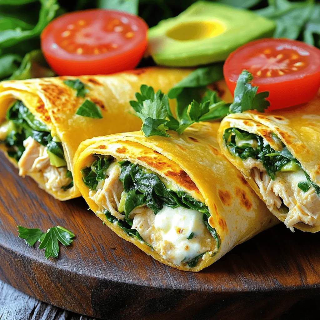To make Cheesy Garlic Chicken Wraps, gather these ingredients: - 2 cups cooked chicken, shredded - 1 cup shredded mozzarella cheese - 1/2 cup cream cheese, softened - 2 cloves garlic, finely minced - 1 teaspoon garlic powder - 1 tablespoon fresh parsley, finely chopped - 4 large flour tortillas - 1 cup fresh spinach leaves, thoroughly washed - Salt and pepper, to taste - 2 tablespoons olive oil When choosing fresh ingredients, look for these tips: - Chicken: Pick chicken that is pink and moist. Avoid any gray color or bad smell. - Cheese: Go for cheese that feels firm and smells fresh. Soft cheese should be smooth and creamy. - Garlic: Choose garlic that is firm and has no soft spots. Fresh garlic adds great flavor. - Spinach: Select bright green leaves without wilt or spots. Fresh spinach is crisp and full of life. - Tortillas: Pick tortillas that are soft and without tears. They should feel flexible for easy wrapping. If you do not have some ingredients, here are substitutes: - Chicken: Use rotisserie chicken or turkey. Tofu works for a vegetarian option. - Mozzarella Cheese: Try cheddar or Monterey Jack cheese for a different taste. - Cream Cheese: Greek yogurt or cottage cheese can replace cream cheese. - Spinach: Kale or arugula can be used instead of spinach. - Flour Tortillas: Whole wheat or corn tortillas can work well too. For the full recipe, check out the detailed instructions. Enjoy your cooking! To make cheesy garlic chicken wraps, start by gathering your ingredients. You need cooked chicken, mozzarella cheese, cream cheese, and spices. 1. In a large bowl, mix the shredded chicken with mozzarella cheese and cream cheese. Add minced garlic, garlic powder, and fresh parsley. Season with salt and pepper. Stir until everything is well combined and creamy. 2. Next, heat olive oil in a skillet over medium heat. Wait until the oil shimmers. 3. Once hot, add the cheesy chicken mix to the skillet. Cook for 5 to 7 minutes, stirring often. The cheese should melt, and the mix should warm up. 4. Remove from heat and stir in the fresh spinach. Mix until the spinach wilts and blends into the cheesy filling. 5. Now, lay the flour tortillas flat. Spoon an even amount of the cheesy chicken filling into the center of each tortilla. 6. To wrap them, fold the sides over the filling, then roll tightly from the bottom. Make sure it’s secure. 7. For a crispy finish, place the wraps seam-side down in the skillet with a bit of olive oil. Toast each side for 2 to 3 minutes until golden brown. 8. Let the wraps cool for a minute, then slice them diagonally for easier serving. Serve warm for the best taste. - Use large tortillas for easy wrapping. They hold more filling. - Don’t overfill the tortillas. A little filling goes a long way. - Tuck in the sides as you roll. This keeps everything secure. - If you struggle, warm the tortillas slightly. They become more flexible. - Skipping the spinach means missing out on nutrients and flavor. Always add it! - Overcooking the filling can make it dry. Keep an eye on it. - Not seasoning enough can lead to bland wraps. Taste as you mix! - Wrapping too tightly may cause the filling to spill out. Keep it snug but not too tight. You can make these wraps your own in many ways. Try adding different veggies like bell peppers, onions, or mushrooms. These will add crunch and flavor. If you like heat, add some jalapeños or hot sauce for a spicy kick. You can also swap out the mozzarella for cheddar or pepper jack cheese. This gives your wraps a different taste. Experimenting with flavors makes cooking fun! Serve these wraps warm for the best taste. You can pair them with a fresh salad or some crispy tortilla chips. A side of salsa or ranch dressing also works great for dipping. For a colorful touch, add sliced tomatoes and avocados on the side. This not only looks nice but adds freshness to your meal. These wraps are also great for parties. Cut them into smaller pieces for easy sharing. Having the right tools can make cooking easier. Here’s a quick list you might need: - Large mixing bowl - Skillet for cooking - Spatula for stirring - Sharp knife for slicing - Cutting board for prep - Decorative platter for serving With these tools, you can create a delicious meal from the Full Recipe. Happy cooking! {{image_4}} You can make your wraps healthier by using whole grain tortillas. Whole grain adds fiber and nutrients. It makes your meal more filling. Look for tortillas with no added sugars. You can also use low-fat cheese to cut calories. Adding spices can change the taste of your wraps. Try adding paprika for a smoky flavor. You can also mix in some chili powder for heat. Fresh veggies can add crunch. Bell peppers, onions, or tomatoes work well. They also add color and nutrients. If you have leftover chicken, use it in these wraps. Shred the chicken and mix it with the cheese. You can add some salsa for extra flavor. Another idea is to use barbecue sauce. This gives your wraps a sweet and tangy taste. You can turn a simple meal into something special with these ideas. For the full recipe, check out the instructions above! To keep your cheesy garlic chicken wraps fresh, store them in an airtight container. Make sure they cool down first. You can place a paper towel inside the container to absorb any moisture. This helps prevent sogginess. Store them in the fridge for up to three days. If you need to keep them longer, consider freezing them. When you’re ready to enjoy your leftover wraps, reheating is easy. You can use the microwave or a skillet. If using a microwave, place the wrap on a plate and cover it with a damp paper towel. Heat in 30-second intervals until warm. For a crispy finish, heat a skillet over medium heat. Add the wrap and cook for 2-3 minutes on each side. This will bring back the crunch. Freezing your cheesy garlic chicken wraps is a great way to meal prep. Wrap each one tightly in plastic wrap or aluminum foil. Place them in a freezer-safe bag or container. Be sure to label them with the date. You can freeze them for up to two months. When you want to eat one, thaw it in the fridge overnight. Then, follow the reheating instructions. Enjoy your meal anytime! You can use Greek yogurt, cottage cheese, or ricotta. These options add creaminess and flavor. Greek yogurt gives a tangy taste, while cottage cheese offers a lighter texture. Ricotta adds a rich creaminess. Each choice changes the wrap's flavor. Adjust the seasonings to match your taste. Yes! You can mix and match your favorite cheeses. Cheddar, pepper jack, or gouda work well. Each cheese brings a unique taste. For a smoky flavor, try smoked gouda. You can also use a blend for a more complex taste. Just keep the total amount the same. To make these wraps vegetarian, skip the chicken. Replace it with hearty veggies like bell peppers or mushrooms. You could also use beans for protein. Spinach adds freshness, and artichokes can boost flavor. Ensure you maintain the creamy filling by keeping the cheese. Cheesy garlic chicken wraps are simple and tasty. We explored the key ingredients and tips for choosing fresh ones. I shared steps for cooking and wrapping them perfectly while avoiding common mistakes. You can customize your wraps and learn healthy swaps or leftover ideas. Storing, reheating, and freezing tips keep your meals fresh. Remember, the right ingredients and techniques make a big difference. Enjoy your wraps and get creative in the kitchen!