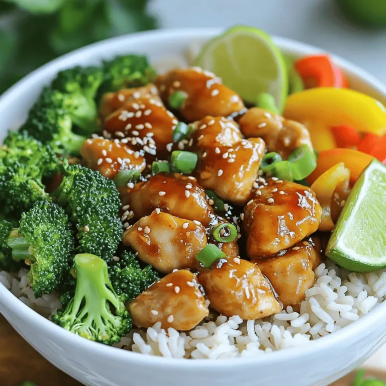 - 1 lb chicken breast - 1 cup jasmine rice - 2 cups chicken broth (or water) - 2 tablespoons hot honey - 1 tablespoon soy sauce - 1 tablespoon apple cider vinegar - 1 cup broccoli florets - 1 bell pepper (red or yellow) - Sesame seeds and green onions for garnish When you cook Hot Honey Chicken Bowls, let’s focus on the main items first. Start with 1 pound of chicken breast. This is your protein. Then, add 1 cup of jasmine rice for a tasty base. You will need 2 cups of chicken broth or water to cook the rice. This liquid adds flavor to the rice. Next, let’s spice it up! The sauce makes this dish shine. You need 2 tablespoons of hot honey. It gives a sweet and spicy kick. Use 1 tablespoon of soy sauce for depth and saltiness. Finally, add 1 tablespoon of apple cider vinegar. This brightens the flavor and balances the sweetness. Now, for the veggies! Add 1 cup of broccoli florets. They give a nice crunch and color. You can pick either a red or yellow bell pepper. Slice it up for sweetness. For the final touch, sprinkle sesame seeds and chopped green onions on top. They add a lovely finish and extra flavor. I love using fresh ingredients. It makes the dish vibrant and delicious. If you want the full recipe, just check [Full Recipe]. This will guide you step by step! Combine 1 cup of jasmine rice and 2 cups of chicken broth in a saucepan. Bring this mix to a boil over medium heat. Once boiling, reduce the heat to low and cover the pot. Let it simmer for 15-20 minutes. The rice will be tender, and the liquid will be absorbed. Fluff the rice gently with a fork and set it aside. In a large bowl, place the bite-sized chicken pieces. Season them with garlic powder, minced ginger, black pepper, and salt. Mix well to coat each piece. Heat 1 tablespoon of olive oil in a large skillet over medium-high heat. Add the chicken pieces when the oil is hot. Cook for about 5-7 minutes until golden brown and no longer pink inside. When the chicken is almost done, stir in 1 cup of broccoli florets and the sliced bell pepper. Stir-fry these veggies for 3-4 minutes. They should be tender but still crisp. In a small bowl, whisk together 2 tablespoons of hot honey, 1 tablespoon of soy sauce, and 1 tablespoon of apple cider vinegar. Pour this sauce over the chicken and veggies, stirring to coat everything. Cook for an additional 2 minutes to let the sauce thicken slightly. Divide the fluffy jasmine rice into four bowls. Carefully spoon the hot honey chicken and vegetable mix over the rice. Make sure to distribute it evenly. Finish by garnishing each bowl with chopped green onions and a sprinkle of sesame seeds for extra crunch. For the full recipe, click [Full Recipe]. To make sure your chicken cooks evenly, cut it into uniform sizes. This helps each piece cook at the same rate. You can also use leftover chicken for a quick meal prep. Just heat it up and toss it in with the sauce and veggies. Want to tweak the spiciness? You can modify the amount of hot honey you use. If you like a bit of tang, add a splash of lime juice to the sauce. This brightens the flavor and makes it even more delicious. Use colorful bowls to make your meal look great. Bright colors make each bowl pop and look inviting. Serve with lime wedges on the side. This adds a fresh zest and makes it fun for everyone to add their own flavor. {{image_4}} You can change the protein in this dish. If you want a vegetarian meal, use tofu instead of chicken. Tofu absorbs flavors well, so it pairs perfectly with the hot honey sauce. For a seafood twist, try shrimp. Shrimp cooks quickly and adds a lovely sweetness. Both options make this bowl fun and unique. You don't have to stick with jasmine rice. You can swap it for quinoa or brown rice. Quinoa gives a nutty taste, while brown rice adds a hearty texture. If you want to cut carbs, consider cauliflower rice. It’s light and provides a nice base for the chicken and veggies. Each grain brings a different flavor and texture to the bowl. Want to elevate your hot honey chicken bowls? Add fresh herbs like cilantro or basil. These herbs bring a burst of freshness that balances the sweet heat. You can also include avocado for creaminess. It adds richness and pairs well with the spicy sauce. These additions make the dish even more delightful and exciting. For the full recipe of Hot Honey Chicken Bowls, check out the detailed guide above. Store any leftover hot honey chicken bowls in airtight containers. This helps keep them fresh. You can keep them in the fridge for up to 3 days. When you're ready to eat, just take them out and enjoy! If you want to save some for later, freeze individual portions. They can last for up to 2 months in the freezer. Make sure to label them with the date. When you're ready to eat, thaw them overnight in the fridge. To reheat, you can use the microwave or stovetop. If using a microwave, place the bowl in and heat for a few minutes. For stovetop, add a splash of water to the pan. This helps keep the chicken moist. Heat until everything is warm, and then serve! For the full recipe, check out the Hot Honey Chicken Bowls recipe section. To make hot honey, combine honey with crushed red pepper flakes or dried chilies. This simple blend gives you that sweet and spicy kick. You can adjust the heat by adding more or less of the pepper flakes. This homemade version is quick and adds a personal touch to your dishes. Yes, you can make this dish gluten-free by using tamari instead of soy sauce. Tamari is a great substitute that still provides the salty flavor you need. This way, you can enjoy hot honey chicken bowls without gluten. I suggest serving a side salad or steamed vegetables for a balanced meal. These options add freshness and color to your plate. They also complement the sweet and spicy flavors of the chicken bowls. The spice level of the hot honey chicken depends on how much hot honey you use. You can adjust the amount to fit your taste. If you prefer milder flavors, start with less and add more as needed. I recommend using chicken breast for lean protein. However, chicken thighs can add extra flavor and tenderness. Both options work well, so choose based on your preference. Yes, this recipe is great for meal prep. It stores well and can be divided into portions. You can easily reheat the bowls throughout the week, making it a convenient option for busy days. For the full recipe, check out the details above. This blog post shared a quick and tasty recipe for hot honey chicken bowls. You learned about the main ingredients, like chicken and jasmine rice, and simple steps to make it. I also provided tips for storage, cooking adjustments, and fun variations. You can enjoy this meal and easily adapt it to your needs. Whether you want a spicy kick or a vegetarian option, the possibilities are endless. Happy cooking!