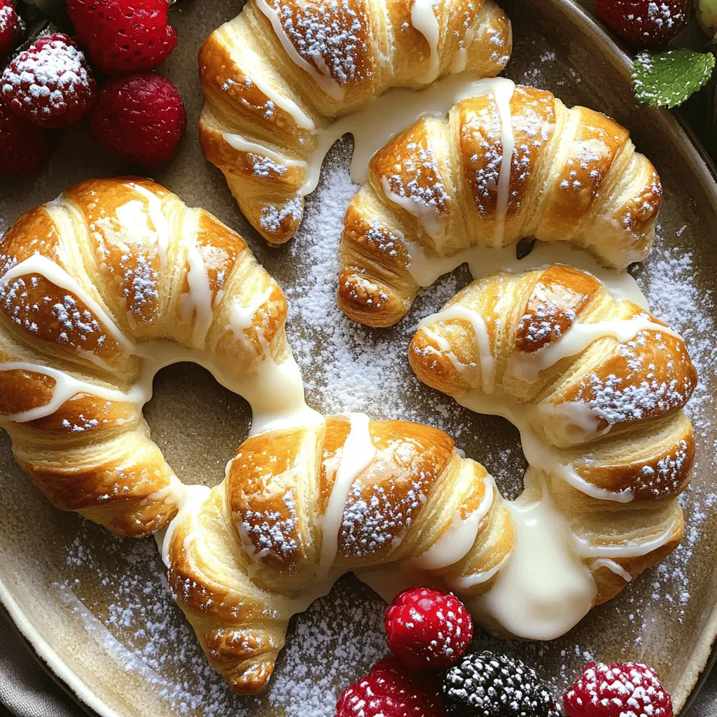 When making Crescent Cheese Danishes, you need simple and fresh ingredients. Here’s what you will need: - 1 can refrigerated crescent roll dough - 8 oz cream cheese, softened - 1/4 cup granulated sugar - 1 teaspoon vanilla extract - 1 egg yolk - 1 tablespoon lemon juice - 1/2 cup powdered sugar - 1 tablespoon milk (for drizzle) - Fresh berries (for garnish, optional) These ingredients create a rich and creamy filling that pairs perfectly with the flaky dough. The cream cheese adds a smooth texture, while the sugar and lemon juice bring a nice sweetness and tang. If you're feeling creative, you can top the danishes with fresh berries for color and flavor. For the full recipe, check out the details provided. It's easy to follow and perfect for any skill level. Happy baking! Start by preheating your oven to 375°F (190°C). This temperature makes the danishes puff up nicely. Next, take a baking sheet and line it with parchment paper. This step keeps the danishes from sticking and makes cleanup easier. Now, let’s make the cream cheese filling. In a medium bowl, mix 8 oz of softened cream cheese, 1/4 cup of granulated sugar, 1 teaspoon of vanilla extract, 1 egg yolk, and 1 tablespoon of lemon juice. Use a hand mixer or a sturdy whisk. Blend until the mixture is smooth and creamy. Make sure to combine all the ingredients well. This filling is the star of the danish and adds rich flavor. Unroll the crescent roll dough on a clean surface. Follow the package instructions to separate the dough into individual triangles. Be careful not to tear them. Now, take 1 to 2 tablespoons of the cream cheese mixture and spoon it into the center of each triangle. Don’t overfill, or the filling will spill when you roll them. Start at the wide end of each triangle and roll the dough toward the pointed tip. Make sure to encase the cream cheese filling completely. Pinch the edges to seal them tightly so the filling stays inside while baking. Place the rolled danishes on the prepared baking sheet, leaving space between each one for even baking. Bake the danishes in the preheated oven for 12-15 minutes. They should puff up and turn golden brown on top. While they bake, you can prepare the drizzle. Mix 1/2 cup of powdered sugar with 1 tablespoon of milk in a small bowl. Stir until it’s smooth, adjusting the milk as needed for your desired drizzle thickness. Once the danishes are baked, let them cool for a few minutes on the baking sheet. Then, transfer them to a wire rack. After they cool slightly, drizzle the icing over each danish. If you like, add fresh berries on top for extra color and flavor. Enjoy your delightful Crescent Cheese Danishes! To avoid tearing your dough, handle it gently. When unrolling the crescent roll dough, do it slowly. If the dough tears, you can patch it with small pieces. Use your fingers to press the seams together. This helps keep the filling inside. Mixing cream cheese can be tricky. Start with softened cream cheese to make it easy. Use a hand mixer or a sturdy whisk to blend. Add sugar, vanilla, egg yolk, and lemon juice. Beat until the mixture is smooth and creamy. This helps the filling stay rich and delicious. To make the perfect icing, start with powdered sugar and milk. Mix them until you have a smooth blend. If the drizzle is too thick, add a tiny bit more milk. If it's too runny, add more powdered sugar. Aim for a consistency that will hold its shape when drizzled. This gives your danishes a lovely finish. For the full recipe, check out the complete guide. {{image_4}} You can easily change the flavor of your Crescent Cheese Danishes. Adding fruit or flavored extracts gives you fun options. For fruit, try fresh berries, peaches, or even apples. Simply chop the fruit and mix it into the cream cheese filling. This adds a juicy burst of flavor. You can also use flavored extracts like almond or lemon. Just a few drops will change the whole taste. Don’t limit yourself to just cheese! You can fill your danishes with chocolate or savory options. For chocolate, use chocolate chips or a thick chocolate spread. This way, you get a sweet treat that melts in your mouth. If you want something savory, consider using spinach and feta. This twist makes your danishes perfect for brunch or a light meal. Toppings can elevate your danishes to a new level. Different glazes or finishing touches make them special. A simple glaze can be made with powdered sugar and milk. Drizzle it on top for sweetness. You can also sprinkle nuts or seeds for crunch. If you want to impress, add a dusting of cocoa powder or cinnamon. These easy changes let you customize your danishes to match any occasion. For the full recipe, check out the detailed instructions above. To keep your danishes fresh, place them in an airtight container. Refrigerate them for up to three days. Make sure they are completely cool before sealing. This helps keep the moisture in and prevents sogginess. When you want to enjoy your danishes again, use the oven or toaster oven. Preheat it to 350°F (175°C). Place the danishes on a baking sheet for a few minutes. This keeps them crispy. Avoid using the microwave, as it can make them soft and chewy. For long-term storage, you can freeze danishes. Wrap each one tightly in plastic wrap. Then, place them in a freezer bag. They can last for up to two months. When ready to eat, thaw them in the fridge overnight. Reheat them in the oven for the best texture. Enjoy your delicious crescent cheese danishes any time! For the full recipe, check the earlier section. Yes, you can make these danishes ahead of time. You can prepare the cream cheese filling a day in advance. Store it in the fridge in a sealed container. You can also shape the danishes and freeze them before baking. Just place them on a baking sheet and freeze until solid. Once frozen, transfer them to a zip-top bag. When you're ready to bake, just add a few extra minutes to the baking time. For a dairy-free option, you can use vegan cream cheese. Almond or cashew-based cream cheese works well. Silken tofu blended with a bit of lemon juice can also be a great substitute. It gives a creamy texture without dairy. You can also try Greek yogurt for a tangy flavor, if you're not strictly dairy-free. To simplify the process, use pre-made filling like store-bought cream cheese frosting. This cuts down on prep time. You can also skip the drizzle and serve the danishes plain. If you're in a rush, roll the dough into pinwheels instead of triangles. Just spread the cream cheese filling on the dough, roll it up, and slice. This method saves time and still tastes great. You now know how to make delicious cream cheese danishes. We explored the key ingredients, step-by-step instructions, and helpful tips. You learned about flavor variations and storage tips to keep them fresh. Making these treats can be fun and easy. With practice, you’ll impress everyone with your baking skills. Enjoy creating, sharing, and tasting your homemade danishes! Your kitchen will soon smell amazing.