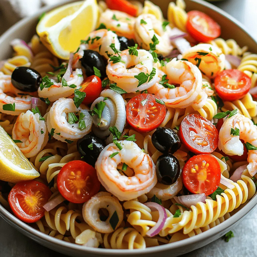 - 8 oz fusilli pasta (or any pasta variety of your choice) - 1 cup cooked shrimp, peeled and deveined - 1 cup cooked calamari rings - 1 cup cherry tomatoes, halved - 1/2 cup black olives, sliced - 1/4 cup red onion, finely chopped - 1/4 cup fresh parsley, finely chopped The main ingredients make this dish pop. Fusilli pasta is perfect for holding the dressing. You can swap it for other pasta types like penne or rotini. I love using shrimp and calamari for their sweet and tender bites. You can also add scallops or crab for a twist. Fresh veggies give the salad crunch and color. Cherry tomatoes add sweetness, while black olives provide a briny kick. Red onion brings sharpness, and parsley adds a fresh finish. These ingredients combine to create a vibrant and tasty salad. - 1/4 cup mayonnaise - 2 tablespoons freshly squeezed lemon juice - 1 tablespoon extra-virgin olive oil - 1 teaspoon Dijon mustard - Salt and freshly ground black pepper to taste The dressing is key to flavor. Mayonnaise gives a creamy base, but Greek yogurt can be a lighter option. Fresh lemon juice adds brightness, while olive oil gives richness. Dijon mustard gives it a nice zing. Don’t forget to season with salt and pepper. Taste as you mix! For the full recipe, be sure to check out the details provided. Start by boiling a large pot of salted water. The salt adds flavor to the pasta. Once the water boils, add your fusilli pasta. Cook it for about 8-10 minutes or until it is al dente. Al dente means firm to the bite. Drain the pasta and then rinse it under cold water. This stops the cooking process and cools the pasta down quickly. Set it aside in a large bowl. If your shrimp and calamari are not pre-cooked, you need to cook them. Heat a small drizzle of olive oil in a non-stick skillet over medium heat. Add the shrimp and calamari. Cook for about 3-5 minutes until the seafood is opaque. This shows it is fully cooked. Once done, remove it from the heat and let it cool down on a plate. To make the dressing, grab a small mixing bowl. Combine mayonnaise, fresh lemon juice, extra-virgin olive oil, and Dijon mustard. Add a pinch of salt and black pepper. Whisk these ingredients together until the mixture is smooth and creamy. This dressing brings all the flavors together. In a big mixing bowl, combine your cooled pasta, cooked shrimp, calamari, halved cherry tomatoes, sliced black olives, chopped red onion, and parsley. It’s important to mix well. Once combined, drizzle the dressing over the pasta and seafood mixture. Gently toss everything so that each ingredient gets coated with the dressing. Cover your salad with plastic wrap or a lid. Chill it in the refrigerator for at least 30 minutes. This chilling time helps the flavors meld beautifully. For serving, use a stylish bowl. Garnish with fresh parsley and lemon wedges for a bright touch. Enjoy your colorful and vibrant seafood fiesta! For a complete guide, check out the Full Recipe. To make your seafood pasta salad great, start by cooking your pasta al dente. This means it should be firm to the bite. Overcooked pasta can become mushy and ruin the dish. Cook the pasta in salted water. This adds flavor. After cooking, rinse the pasta under cold water. This stops the cooking process and cools it quickly. Next, balance the flavors in your dressing. Use a mix of mayonnaise, lemon juice, olive oil, and Dijon mustard. The lemon juice adds brightness, while the mustard gives a nice kick. Taste the dressing as you mix. Adjust salt and pepper to suit your taste. This small step can elevate the whole salad. A colorful dish is always more inviting. Use bright ingredients like cherry tomatoes and fresh parsley. Cherry tomatoes add red, while parsley brings green. Black olives add depth with their dark color. Aim for a rainbow on your plate! When serving, think about garnishing. Fresh herbs, like parsley, look beautiful on top. You can also add lemon wedges for a pop of color. This makes your seafood pasta salad look as good as it tastes. Some people have special dietary needs. If someone is gluten-free, substitute regular pasta with gluten-free pasta. There are many great options available. Quinoa pasta and brown rice pasta work well too. You can also swap seafood if needed. For a vegetarian option, use grilled vegetables or chickpeas instead of seafood. This way, you keep the dish tasty and satisfying for everyone. {{image_4}} You can mix up the seafood in your salad. Try adding crab, scallops, or lobster for a fun twist. Each of these options brings a new flavor to your dish. They pair well with the other ingredients and make your salad more exciting. If you want a vegetarian option, use hearty vegetables. Grilled zucchini or artichokes add a nice touch. You can also use chickpeas for protein and texture. These choices keep the dish fresh and vibrant without seafood. The pasta you choose matters. Fusilli holds the dressing well, but other shapes work too. Penne, farfalle, or even orzo can create unique textures. Each pasta type adds its own flair to the dish. If you want a healthier option, try whole grain pasta. It offers more fiber and nutrients. Gluten-free pasta is also a great choice for those with dietary needs. There are many options available today that taste great and hold up well in salads. You can switch up the dressing to suit your taste. A light vinaigrette can give a zesty kick. You can mix olive oil, vinegar, and fresh herbs for a fresh flavor. Another idea is to add yogurt for a creamy texture without too many calories. You can include spices like garlic or chili flakes to liven it up. Customizing your dressing is a fun way to explore flavors. For the full recipe, check out the Seafood Fiesta Pasta Salad. To keep your seafood pasta salad fresh, store it in the fridge. First, let it cool down after making. Use a tight container to protect it from air. Glass or BPA-free plastic containers work best. Make sure to cover it well to keep flavors strong. It stays tasty for up to three days. If your salad seems dry after a few days, you can refresh it. Add a splash of lemon juice or a drizzle of olive oil to revive the flavors. Toss it gently to mix. If it smells off or looks funny, it’s time to toss it out. Safety first! Enjoy it fresh for the best taste! You can make your Seafood Pasta Salad ahead of time. First, cook the pasta and seafood as usual. Then, let them cool completely. Once cool, mix the pasta, seafood, and veggies. Store it in an airtight container in the fridge. This salad tastes even better after chilling for a few hours or overnight. Just remember to add the dressing right before serving. This keeps the salad fresh and crisp. I love using shrimp and calamari for this salad. They bring great flavor and texture. You can also add crab or lobster for a special touch. If you prefer, you can use canned tuna or smoked salmon. These options offer a rich taste too. Choose seafood that you enjoy, and feel free to mix and match! Yes, you can customize this recipe easily! If you have seafood allergies, try using grilled chicken or tofu. For a vegan option, skip the seafood and use extra veggies. You can also use vegan mayo in the dressing. If you're gluten-free, just replace the pasta with gluten-free options. There are many ways to adapt this dish to fit your needs. Your Seafood Pasta Salad will stay fresh for about 3 days in the fridge. Make sure to keep it in an airtight container to maintain its taste. If you notice any changes in smell or texture, it’s best to throw it away. Always check for freshness before serving. Enjoy your salad within this time for the best flavor! This article covered the key ingredients for seafood pasta salad, along with step-by-step instructions. You learned about essential seafood, vegetables, and dressing components. I shared tips for perfect texture and visual appeal. Plus, I discussed variations and storage tips to keep your salad fresh. In closing, making a seafood pasta salad is simple and enjoyable. Customize it to suit your taste. With fresh ingredients and a bit of care, you can create a delightful dish that impresses everyone. Enjoy making it!