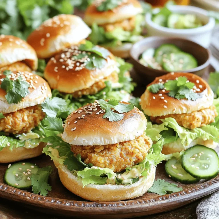 - 1 lb (450g) ground chicken - 1/2 cup Panko breadcrumbs - 1 tablespoon fresh ginger, grated - 2 cloves garlic, minced - 1 tablespoon soy sauce - 1 teaspoon sesame oil I love using ground chicken for these sliders. It cooks quickly and stays juicy. Panko breadcrumbs add a nice crunch. Fresh ginger and garlic give an awesome punch of flavor that wakes up the dish. Soy sauce adds salt and depth, while sesame oil brings a rich, nutty taste. - 1 teaspoon chili garlic sauce (adjust to taste for spiciness) - Salt and pepper, to taste - 1/4 cup mayonnaise - 1 tablespoon sriracha (optional for added heat) Chili garlic sauce gives these sliders a kick. You can adjust the amount based on how spicy you like your food. Don’t forget salt and pepper; they help balance the flavors. For the sauce, mixing mayonnaise with sriracha creates a creamy and spicy topping that is simply irresistible. - 4 small slider buns - 1 cup shredded lettuce - 1/2 cup pickled cucumbers (or thinly sliced regular cucumbers) - Fresh cilantro, for garnish Toppings make these sliders pop! Shredded lettuce adds a fresh crunch. Pickled cucumbers bring a tangy flavor that cuts through the richness. Fresh cilantro adds brightness and makes the dish look beautiful. You can use any small buns you like, but I prefer soft ones that hold everything together. Check out the Full Recipe for a complete guide to making these tasty Bang Bang Chicken Sliders! To start, you need to mix the ingredients. In a large bowl, combine the ground chicken, Panko breadcrumbs, grated ginger, minced garlic, soy sauce, sesame oil, and chili garlic sauce. Add salt and pepper to taste. Use your hands to mix everything well. This step ensures the flavors blend nicely. Next, shape the mixture into slider-sized patties. Aim for four patties, each about the size of your slider bun. Press them firmly to keep them compact. This helps them cook evenly and hold their shape. Now it’s time to cook. Preheat your skillet over medium heat. Add a little cooking oil to lightly grease the pan. When the skillet is hot, place the chicken patties in it. Cook them for about 4-5 minutes on each side. You want them golden brown and fully cooked. The internal temperature should reach 165°F (75°C) for safety. While the patties cook, prepare the spicy mayo. In a small bowl, mix the mayonnaise with sriracha. Adjust the sriracha to your taste. If you like it spicy, add more! After the patties are ready, it’s time to toast the slider buns. In the same skillet, toast each bun for 1-2 minutes. You want them lightly golden and warm. Now, let’s assemble the sliders! Start with the bottom half of each toasted bun. Spread a generous amount of spicy mayo on it. Place one cooked chicken patty on top. Add shredded lettuce and a few slices of pickled cucumbers for crunch. Finish with the top half of the bun. If you want, garnish with fresh cilantro for extra flavor. For the full recipe, check the details above. Enjoy the fun and delicious experience of making Bang Bang Chicken Sliders! To keep your patties juicy, do not overmix the chicken. Mix just until combined. This keeps the meat tender. Form the patties tightly, but not too tight. A loose patty cooks more evenly. If you want to adjust spice levels, start small with the chili garlic sauce. You can always add more if needed. For those who like it hot, add extra sriracha to the mayo. Taste as you go to find your perfect heat. For a great presentation, use a large platter. Arrange the sliders in a line. Add extra pickled cucumbers on the side for color. A small bowl of spicy mayo looks nice for dipping. Consider pairing your sliders with sweet potato fries or a fresh salad. A cold drink like iced tea or lemonade complements the sliders well. A non-stick skillet works best for cooking. It helps prevent sticking and makes cleanup easy. If you prefer, use a cast iron pan for a nice sear. For easy assembly, have a spatula ready for flipping. Use a small bowl for mixing the spicy mayo. Tongs can help you place the patties on the buns without a mess. For the full recipe, check out the complete guide on making Bang Bang Chicken Sliders! {{image_4}} You can switch up proteins in Bang Bang chicken sliders. Ground turkey or tofu works great. Both options keep the dish tasty and fun. If you want a different bread, try using lettuce wraps or whole grain buns. These swaps can add variety to your meal. Want to jazz up your sliders? Add spices like paprika or cumin for fun flavors. You can also mix in fresh herbs, like basil or cilantro. For sauces, think outside the box! Try mixing honey with mustard or even a spicy barbecue sauce. These creative combinations can really elevate your sliders. If you need gluten-free options, use gluten-free buns or skip the bread altogether. For dairy-free, substitute mayonnaise with avocado or a vegan mayo. You can make these sliders vegetarian by using a veggie patty instead of chicken. These choices make the recipe flexible for everyone. For the full details, check the [Full Recipe]. Store your Bang Bang chicken sliders in an airtight container. This keeps them fresh. Place a piece of parchment paper between the layers if you stack them. This helps avoid sogginess. They stay good in the fridge for about three days. When you want to eat them, check for any changes in smell or texture. To reheat sliders, use a skillet. Heat it on low. Add a bit of oil to avoid sticking. Place the slider in the pan for a few minutes. Flip it carefully to heat both sides. This method keeps the bun soft and the patty juicy. You can also use a microwave. Cover the slider with a damp paper towel. Heat in short bursts to avoid drying it out. For freezing, separate the patties and buns. Wrap each patty in plastic wrap. Then, place them in a freezer bag. This prevents freezer burn. Buns should be placed in a separate bag. Try to use them within three months for best quality. When ready to eat, thaw the patties in the fridge overnight. Reheat as described above. You can cook Bang Bang Chicken sliders in a skillet or an oven. I prefer the skillet method. It gives the patties a nice golden crust. Heat your skillet over medium heat. Add a bit of oil to help with sticking. Cook each patty for 4-5 minutes on both sides. This way, they stay juicy and flavorful. If you use the oven, bake the patties at 375°F (190°C) for about 20 minutes. Flip them halfway through for even cooking. Yes, you can make Bang Bang Chicken sliders in advance. To do this, cook the patties and let them cool. Store them in an airtight container in the fridge. They will last for 3-4 days. When you’re ready to eat, reheat them in a skillet or microwave. If you use the microwave, heat them for about 30 seconds. Make sure they are hot all the way through. Serve Bang Bang Chicken sliders with tasty sides and drinks. I recommend crispy sweet potato fries or a fresh salad. Both pair nicely with the sliders’ flavors. For drinks, try iced tea or a light beer. They complement the spicy mayo well. You can also serve extra pickled cucumbers on the side. They add a crunchy bite that everyone loves. For more ideas, check out the Full Recipe. Making Bang Bang Chicken Sliders is easy with simple steps. You mix ground chicken, panko, and fresh flavors. Cooking them right keeps the patties juicy and tasty. Don't forget the spicy mayo and fresh toppings! For the best sliders, feel free to try different proteins or bread. Storing leftovers is simple, too. Follow the tips to keep everything fresh. Enjoy these sliders with sides that make your meal special. Now, get cooking!