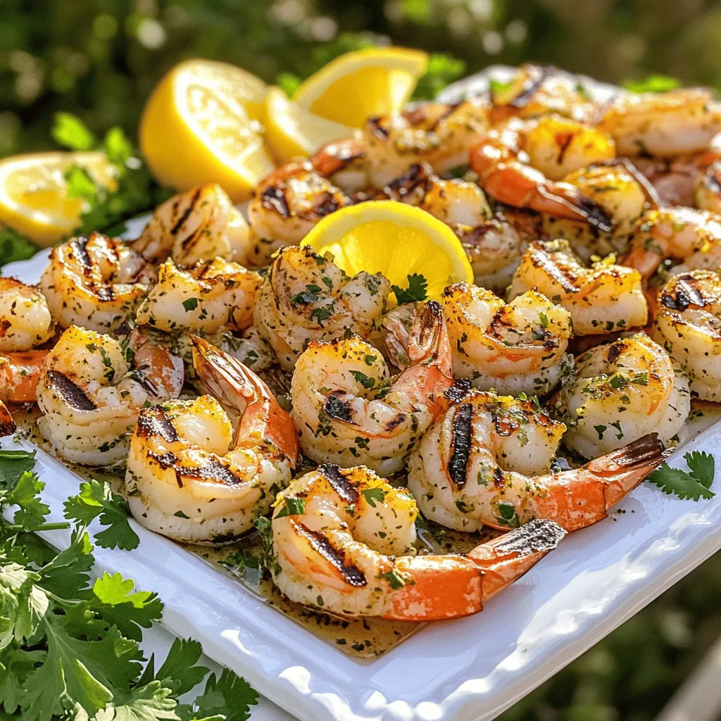 - 1 lb large shrimp, peeled and deveined - 2 tablespoons extra virgin olive oil - Zest and juice of 2 fresh lemons - 3 cloves garlic, finely minced - 1 tablespoon fresh parsley, finely chopped - 1 tablespoon fresh cilantro, finely chopped - 1 teaspoon dried oregano - 1/2 teaspoon red pepper flakes (optional) - Sea salt and freshly cracked black pepper, to taste When gathering your ingredients, freshness is key. Use large shrimp for the best bite. Peel and devein them for a cleaner taste. The olive oil adds a rich flavor, while the lemon gives a bright, zesty kick. You will also want to add garlic for depth and herbs like parsley and cilantro to brighten the dish. Dried oregano gives a lovely earthiness, and red pepper flakes can add a touch of heat if you like spice. This Lemon Herb Grilled Shrimp recipe is simple yet full of flavor. Be sure to check out the Full Recipe for detailed steps. To start, grab a medium bowl. In this bowl, whisk together the olive oil, lemon zest, and lemon juice. This mix creates a bright and zesty base. Next, add the minced garlic and chopped herbs. I like to use parsley and cilantro for their fresh flavors. Stir everything well to make sure the garlic and herbs spread throughout the mix. You want each shrimp to soak up this delicious marinade. Now, it’s time to coat the shrimp. Add the peeled and deveined shrimp to the bowl. Use a spoon or your hands to make sure each shrimp is covered in the marinade. This step is key for flavor. Once coated, cover the bowl tightly with plastic wrap. Place it in the fridge for at least 30 minutes. You can let it sit for up to 2 hours for even better flavor. The longer it marinates, the more tasty it gets. While the shrimp marinates, preheat your grill to medium-high heat. If you use wooden skewers, soak them in water for about 30 minutes. This step helps them not burn on the grill. Now, carefully thread about 5-6 shrimp onto each skewer. Make sure they are secure but not too tight. This way, they cook evenly. Once your grill is hot, add the skewers. Cook the shrimp for 2-3 minutes on each side. You’ll know they are done when they turn pink and opaque. After grilling, remove the shrimp from the grill and let them rest for a minute. This helps keep them juicy. Serve them hot and drizzle any leftover marinade over the top. Enjoy your Lemon Herb Grilled Shrimp! For the full recipe, check out the earlier section. To avoid overcooking shrimp, watch for color changes. When shrimp turn pink and opaque, they are done. This usually takes about 2-3 minutes on each side. Overcooking makes shrimp tough. Marinating shrimp is key for flavor. Aim for at least 30 minutes but no more than 2 hours. This gives the shrimp time to soak up the lemon and herbs. Secure shrimp on skewers by threading them through the thickest part. This helps them stay in place while grilling. Aim for 5-6 shrimp per skewer for even cooking. If you use wooden skewers, soak them in water for 30 minutes. This keeps them from burning on the grill. You can also use metal skewers if you prefer. Want to add spice? Try adding chili powder or cayenne pepper to your marinade. This brings a nice kick to the dish. Serve your grilled shrimp with tasty sides. A creamy herbed rice or a crisp salad pairs well. These sides enhance the meal and add more flavor. For the full recipe of Lemon Herb Grilled Shrimp, check out the recipe section. {{image_4}} You can change the flavors of your shrimp by using lime or orange zest. This gives a fun citrus twist. You can also try different herbs. Fresh thyme or basil can add new tastes to your dish. Experimenting with these variations can make your meal exciting every time. If grilling isn’t an option, you can oven-broil your shrimp. Broiling gives a nice char without going outside. Pan-searing is another easy way to cook shrimp indoors. Heat some oil in a pan and cook the shrimp until they turn pink. Both methods can still bring out amazing flavors. For sides, I love to serve my grilled shrimp with creamy herbed rice. A crisp garden salad also works great. You can add a refreshing dip too. A garlic aioli or a zesty cocktail sauce can enhance your meal. These pairings make the dish feel complete and satisfying. For the full recipe, check out the Lemon Herb Grilled Shrimp Delight. Store leftover shrimp in a clean, airtight container. Make sure to refrigerate them right after serving. They can stay fresh in the fridge for up to two days. If you want to keep them longer, freezing is a great option. To freeze, place the shrimp in a freezer-safe bag. Remove as much air as you can. They will last for about three months in the freezer. Always label the bag with the date to keep track. When it comes to reheating grilled shrimp, you want to keep them tasty. The best way to do this is to use a skillet. Heat the skillet over medium heat. Add a bit of olive oil to help keep the shrimp moist. Cook the shrimp for about one to two minutes on each side. This method warms them through and keeps the flavor intact. Avoid using the microwave. It can make shrimp tough and dry. If you must use a microwave, do it on low power and check often. This way, you won’t overcook them. Enjoy your shrimp again with the same great taste! For a detailed recipe on how to make this dish, check the Full Recipe. I suggest marinating shrimp for at least 30 minutes. This lets the shrimp soak up all the flavors. If you have time, try to marinate them for up to 2 hours. The longer they sit, the more tasty they become. Yes, you can use frozen shrimp! Just make sure to thaw them first. To thaw, place the shrimp in a bowl of cold water for about 15-20 minutes. This method works fast and keeps the shrimp fresh. Once thawed, pat them dry with a paper towel before marinating. I love to serve these shrimp on a big platter. Arrange them nicely and add lemon wedges around the shrimp for a pop of color. You can also sprinkle fresh herbs on top for a great look. Pair the shrimp with creamy herbed rice or a crisp salad to make a full meal. For a fun touch, drizzle some of the leftover marinade over the shrimp before serving. Check out the Full Recipe for more details! We covered everything you need for delicious Lemon Herb Grilled Shrimp. Start with fresh shrimp, a simple marinade, and the right seasonings. Don’t rush the marinade; it boosts flavor. Use skewering tips for easy grilling. Explore variations for a fun twist. With these steps, you're ready to impress at your next meal. Enjoy the tasty results and happy grilling!
