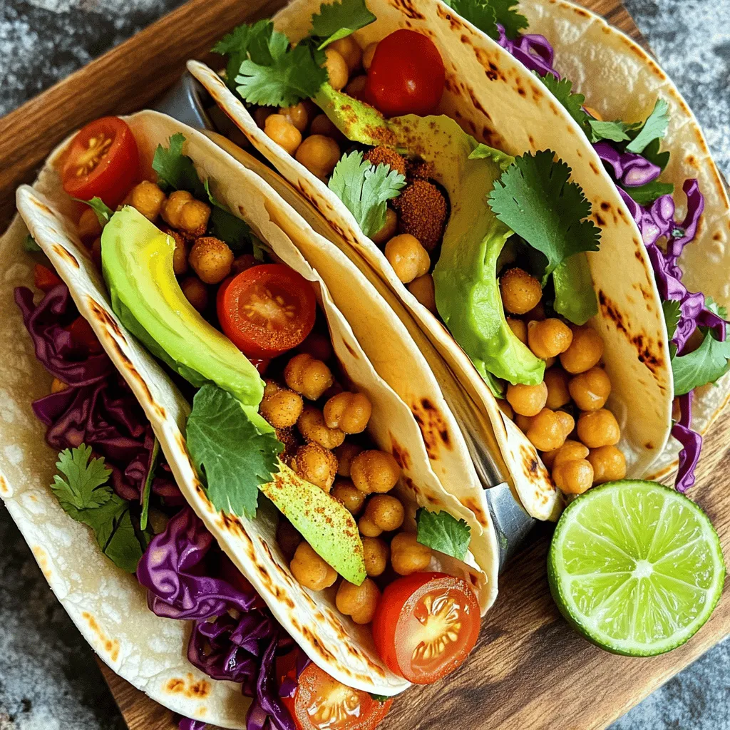 - 1 can (15 oz) chickpeas - 2 tablespoons extra-virgin olive oil - Spices: ground cumin, smoked paprika, cayenne pepper - Tortillas: corn or flour options - Fresh toppings: avocado, red cabbage, cherry tomatoes, cilantro, lime wedges The main star of my spicy chickpea tacos is the chickpeas. They pack protein and fiber. I always use canned chickpeas for ease. They save time and taste great. Just drain and rinse them well before cooking. Next, I add extra-virgin olive oil. It gives flavor and helps the spices stick. When I heat the oil, it shimmers but does not smoke. That’s the perfect time to add chickpeas. Spices are key for flavor. I use ground cumin, smoked paprika, and cayenne pepper. These spices make each bite pop. You can adjust the cayenne to suit your taste. Don’t forget to add salt and black pepper to enhance the flavors. Tortillas are a must for the base. I love using corn tortillas, but flour works well too. You can choose based on your preference. I like to top my tacos with fresh ingredients. Creamy avocado slices balance the spices. Red cabbage adds crunch and color. Cherry tomatoes bring sweetness, and cilantro adds freshness. A squeeze of lime brightens everything up. - Cheese alternatives: vegan cheese options - Additional vegetables: bell peppers or onions - Spicy sauce suggestions: sriracha or hot sauce If you want to make your tacos even better, try some optional add-ins. Vegan cheese works great if you want a cheesy touch. You can also add bell peppers or onions for extra veggies. For those who love heat, a drizzle of sriracha or hot sauce can kick things up. These additions let you personalize your tacos and make them your own. For the complete recipe, check out the Full Recipe link. First, I heat two tablespoons of olive oil in a skillet over medium heat. When the oil shimmers, I add one can of drained chickpeas. I sprinkle in one teaspoon of ground cumin, one teaspoon of smoked paprika, and half a teaspoon of cayenne pepper. Don’t forget salt and pepper to taste! I stir the chickpeas to coat them evenly with the spices. I let them sauté for about 5 to 7 minutes. Stir occasionally until they are warm and slightly crispy. Next, I warm the tortillas. I have two methods: using a skillet or the microwave. For the skillet, I place the tortillas on low heat for a minute on each side. If I use the microwave, I wrap them in a damp paper towel. Then, I microwave them for about 30 seconds. This makes them soft and easy to fold. Warm tortillas have more flavor and are easier to handle. Now comes the fun part: assembling the tacos! I spoon a good amount of spicy chickpeas into the center of each tortilla. I like to add slices of creamy avocado on top. Then, I sprinkle vibrant red cabbage and halved cherry tomatoes over the chickpeas. Finally, I finish with fresh cilantro to add a pop of color and flavor. For presentation, I arrange the tacos on a wooden platter. I add lime wedges for a zesty touch. Enjoying these tacos with friends makes for a perfect meal! For the full recipe, check out the Full Recipe. To make your chickpeas pop, adjust the spice levels. Start with a teaspoon of cayenne pepper. You can always add more if you like it hot. To enhance flavor, marinate the chickpeas before cooking. Toss them in olive oil and spices for at least 30 minutes. This brings out the best flavors. Choosing the right tortilla is key. Corn tortillas are gluten-free and add a nice crunch. Flour tortillas are soft and chewy, perfect for wrapping. Store your tortillas in a sealed bag to keep them fresh. A damp paper towel helps keep them soft if you plan to warm them. Pair your tacos with fresh sides like a salad or rice. A cold drink like agua fresca or a light beer works great too. For gatherings, serve the tacos on a large platter with lime wedges and extra toppings. This makes it easy for guests to customize their tacos. {{image_4}} You can switch up proteins in your tacos. Try lentils or jackfruit for a tasty twist. Both options provide great flavor and texture. For toppings, use dairy-free options like cashew cream or coconut yogurt. These add creaminess without dairy. Enjoy experimenting with flavors! Want to change the heat? You can make tacos mild, medium, or hot. For mild, use less cayenne pepper. For medium, stick to the recipe. For hot, add chili powder or fresh jalapeños. Unique spices like chipotle powder can also boost flavor. Adjust to your taste! If you need gluten-free tortillas, look for corn tortillas. They are widely available and tasty. You can also use lettuce or cabbage leaves as wraps. These options are fun and fresh. Try them for a crunchy bite! Enjoy your Spicy Chickpea Tacos in a way that fits your needs. For the full recipe, check the link provided. To keep your chickpea tacos fresh, store them in airtight containers. Make sure to separate the chickpeas from the fresh toppings. This way, the tortillas won't get soggy. The chickpeas can stay in the fridge for about 3 to 4 days. The fresh toppings last about 2 days. You can freeze the chickpea mixture to enjoy later. First, let it cool completely. Then, place it in a freezer-safe bag or container. Squeeze out the air to avoid freezer burn. It will stay good for up to 3 months. When you want to eat the frozen tacos, thaw them in the fridge overnight. Then, reheat them in a skillet over medium heat. This keeps them tasty and warm. You can also wrap them in foil and heat them in the oven at 350°F for about 15 minutes. Enjoy your flavorful meal again! For more details, check the full recipe. To make Spicy Chickpea Tacos more filling, you can add extras. Here are some ideas: - Include more protein like black beans or lentils. - Top with shredded cheese or vegan cheese options. - Add more vegetables such as bell peppers or corn. - Serve with a side of rice or quinoa for added bulk. Each of these options boosts the meal's heartiness and flavor. Yes, you can use canned chickpeas! They save time and effort. Here are some benefits: - Canned chickpeas are already cooked, so they are ready to use. - They offer convenience for quick meals. - They have a longer shelf life than dried chickpeas. - Rinsing them removes extra sodium and improves flavor. Canned chickpeas are a great choice for busy cooks. Absolutely! Spicy Chickpea Tacos are perfect for meal prep. Here are some tips: - Cook the chickpeas in advance and store them in the fridge. - Prepare toppings like sliced avocado and chopped veggies ahead of time. - Keep tortillas separate to avoid sogginess. - Reheat the chickpeas before serving for the best taste. With these tips, you can enjoy tacos all week. You can serve several tasty sides with Spicy Chickpea Tacos. Here are some suggestions: - Refreshing sides like a simple green salad. - Guacamole or salsa for dipping. - Rice or quinoa for a hearty addition. - A cold beverage like iced tea or agua fresca. These sides will complement your tacos well. For the complete recipe for Fiery Chickpea Tacos , click here: [Full Recipe]. Spicy Chickpea Tacos are easy and fun to make. You learned about the main ingredients, tips for cooking, and variations. Spice up your tacos with fresh toppings or creative add-ins. Storing leftovers is simple, too. You can enjoy these tacos on busy nights or casual get-togethers. Try different spices or toppings next time. Explore new flavors and make this dish your own. Enjoy every bite!