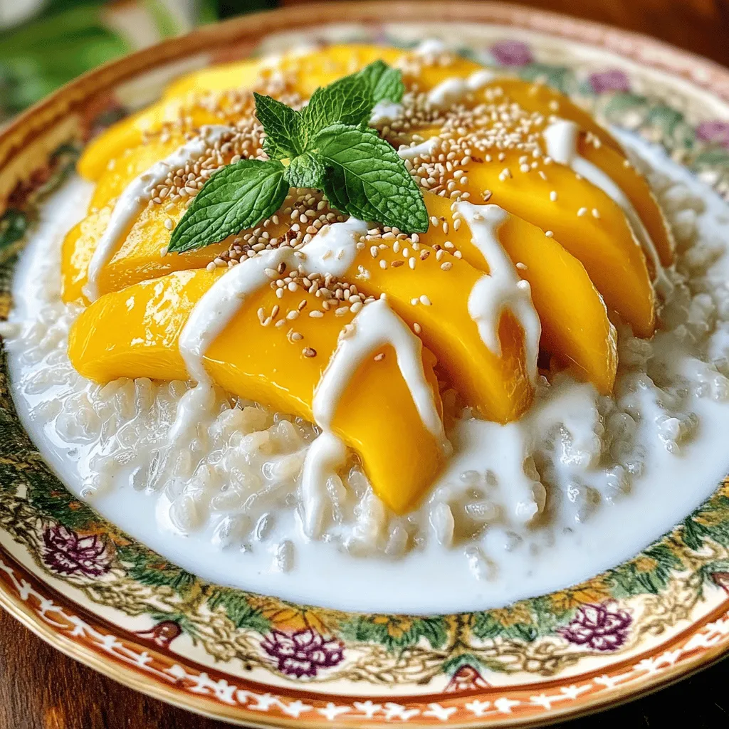 To make Tropical Mango Sticky Rice, you need these main ingredients: - 1 cup glutinous rice (sticky rice) - 1 1/2 cups coconut milk - 1/2 cup granulated sugar - 1/4 teaspoon salt - 2 ripe mangoes, peeled and thinly sliced - 2 tablespoons toasted sesame seeds (for garnish) - Fresh mint leaves (for garnish) Glutinous rice gives this dessert its signature sticky texture. Coconut milk adds a rich, creamy flavor. Sugar brings sweetness, while salt balances it all. Ripe mangoes are key for that fruity burst. Don’t skip the sesame seeds and mint; they add nice touches! If you want to change things up, consider these alternatives: - Use almond or oat milk instead of coconut milk for a non-dairy option. - Swap granulated sugar for honey or maple syrup for a natural sweetener. - If mangoes aren't in season, try ripe peaches or sliced bananas. Many seasonal fruits pair well with this dish. Pineapple adds a tropical zing. Dragon fruit brings color and crunch. Feel free to mix and match flavors to find your favorite! You can view the Full Recipe for more detailed instructions. Start by rinsing the glutinous rice. Place it in a bowl and run cold water over it. Keep rinsing until the water is clear. This helps remove extra starch. It also helps the rice become perfectly sticky. Next, soak the rice in a bowl of water. Let it soak for at least 4 hours. If you can, soak it overnight. This makes the rice softer when cooked. Now, drain the rice using a fine-mesh sieve. Get your steamer ready. Line it with cheesecloth or parchment paper. This will stop the rice from falling through. Steam the rice on high heat for about 30 to 40 minutes. The rice should be tender and cooked well. For the coconut sauce, gather your ingredients. You will need coconut milk, sugar, and salt. Combine these in a medium saucepan. Heat it on medium heat. Stir the mix until the sugar dissolves completely. Do not let it boil. You want it warm and mixed well. Once the rice is steamed, place it in a large mixing bowl. Pour about 1 cup of the warm coconut sauce over the hot sticky rice. Use a spatula to fold the rice gently. This helps the coconut milk mix throughout. Let it rest for about 15 minutes. This allows the rice to absorb the creamy flavors. For plating, scoop a big portion of the sticky rice onto a serving dish. Take the thin slices of mango and arrange them over the rice. Drizzle some extra coconut sauce on top for richness. For a nice touch, sprinkle some toasted sesame seeds over the dish. Add a few fresh mint leaves for garnish. These make the dish look beautiful and add extra flavor. Enjoy your Tropical Mango Sticky Rice! To make the best sticky rice, start by soaking the rice. Soak it for at least 4 hours. An overnight soak gives the rice a better texture. The soaking helps the rice absorb water and cook evenly. When you’re ready to steam, use a steamer lined with cheesecloth. This keeps the rice from falling through. Steam it on high heat for about 30 to 40 minutes. The rice should be tender and sticky when done. To boost the coconut flavor, try adding a pinch of vanilla extract. This gives a warm, sweet note. You can also mix in a dash of sea salt. This helps balance the sweetness. For an extra twist, consider adding a touch of pandan leaves. This gives a lovely green hue and unique flavor. For a complete meal experience, pair mango sticky rice with grilled chicken or shrimp. The savory flavors contrast nicely with the sweet rice. When serving, use a banana leaf for a fun touch. For the best presentation, stack the mango slices artfully on top of the sticky rice. Drizzle extra coconut sauce over it for added richness. Sprinkle toasted sesame seeds and fresh mint leaves on top. This not only looks good but also adds flavor and texture. {{image_4}} You can add other fruits to your mango sticky rice. Pineapple is a great choice. It brings a nice tartness. Dragon fruit adds a pop of color and crunch. You can also try bananas for a soft texture. These fruits create a fun mix of flavors. Just slice them and place them on top of the sticky rice. This way, you get a tropical fruit feast! If you need to change the recipe, there are options. To make it gluten-free, use glutinous rice. This rice is naturally gluten-free and perfect for this dish. For a vegan version, confirm that your sugar is vegan-friendly. You can also use maple syrup or agave instead of sugar. To make it low-sugar, cut the sugar in half or use a sugar substitute. These swaps keep the dessert tasty while meeting your needs. Mango sticky rice has many regional variations. In Thailand, it often includes sweet coconut sauce. In Laos, they may use a mixture of coconut and palm sugar. Some places use sticky rice with black sesame seeds. In Malaysia, they might add a touch of pandan for flavor. Each region puts its spin on this dessert. Exploring these variations can be a delicious adventure! To keep leftover sticky rice and coconut sauce fresh, store them separately. Place the sticky rice in an airtight container. It stays good in the fridge for up to three days. For the coconut sauce, pour it into a separate container. It can last in the fridge for about one week. To reheat sticky rice, use a steamer or microwave. If using a microwave, add a splash of water. Cover the dish and heat it for about 30 seconds. Stir and check if it’s hot. For the coconut sauce, warm it gently in a saucepan over low heat. Stir well to keep it smooth and creamy. Yes, you can freeze mango sticky rice! To freeze, let the sticky rice cool completely. Then, place it in a freezer-safe bag. Squeeze out excess air before sealing. It can last in the freezer for up to two months. When you’re ready to eat, thaw it overnight in the fridge. Reheat as instructed above. The best rice for sticky rice is glutinous rice, also known as sweet rice. This type of rice has a high starch content that makes it sticky when cooked. Other options include sushi rice or short-grain rice, but they won't be as sticky. Glutinous rice gives you the best texture for this dish. Yes, you can use canned coconut milk. It is creamy and rich, perfect for this dessert. Canned coconut milk saves time and effort compared to fresh coconut. Just check the label for additives. Some brands add fillers or preservatives. Use pure coconut milk for the best flavor. When selecting mangoes, look for ones with a slight give when you press them gently. Their skin should have a vibrant color, usually yellow or orange. Avoid mangoes with dark spots or wrinkles. The aroma at the stem should be sweet, signaling ripeness. These tips help ensure that your mangoes are juicy and flavorful. Mango sticky rice is a popular dessert in Thailand. It often appears during the mango season, which runs from April to June. This dish reflects the balance of flavors and textures in Thai cuisine. It combines sweet, creamy coconut with fresh, juicy mango. Yes, you can make mango sticky rice ahead of time. Cook the rice and make the coconut sauce in advance. Store them separately in airtight containers. When ready to serve, warm the rice and drizzle with coconut sauce. Prepare the mango just before serving to keep it fresh and vibrant. Mango sticky rice combines simple ingredients for a delightful treat. You learned about glutinous rice, creamy coconut sauce, and ripe mangoes. We explored variations, storage tips, and serving suggestions. By following the steps, you can serve a dish that pleases everyone. Remember to adjust the ingredients based on your taste and dietary needs. This dish celebrates many cultures and offers endless creative twists. Enjoy making and sharing it with others!