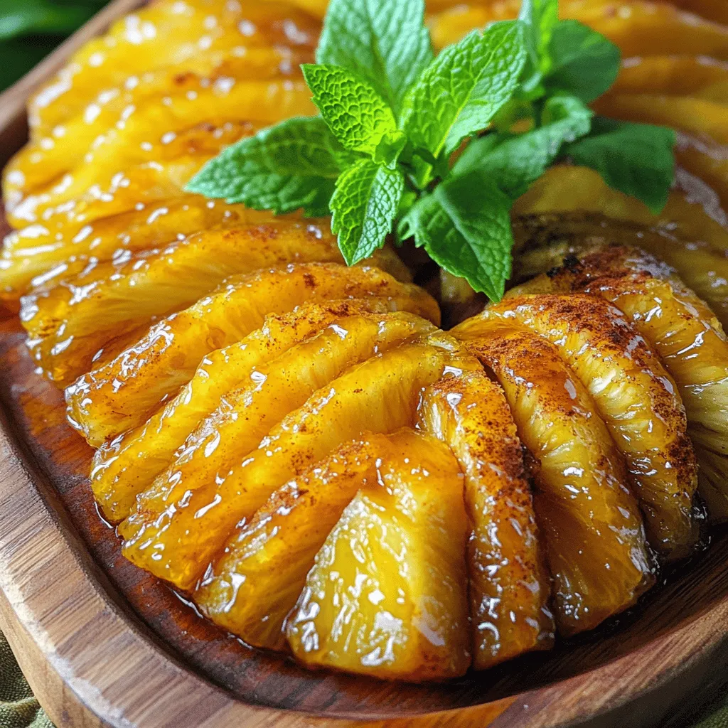 - 1 whole fresh pineapple, peeled, cored, and cut into thick slices or wedges - 1/4 cup honey - 2 tablespoons brown sugar - 1 teaspoon ground cinnamon - 1 tablespoon freshly squeezed lime juice - A pinch of sea salt - Fresh mint leaves, for garnish - Cups to tablespoons: 1 cup = 16 tablespoons. So, 1/4 cup equals 4 tablespoons. - Temperature conversions: 400°F is about 200°C. Using fresh ingredients makes a big difference. The pineapple should be ripe and sweet. This ensures a tasty and juicy treat. Honey adds a natural sweetness and helps caramelize the fruit. Brown sugar gives it a lovely, rich flavor. Ground cinnamon adds warmth and depth. Lime juice brightens the dish, making it more refreshing. A pinch of sea salt enhances all the flavors. Fresh mint leaves are a fun touch on top. They add color and a burst of freshness. This recipe is simple and lets each flavor shine. For the full recipe, you can check the earlier section. Enjoy! 1. Preheat your oven to 400°F (200°C). This helps the pineapple roast evenly. 2. Prepare your baking sheet by lining it with parchment paper. This prevents sticking and makes cleanup easy. 3. Peel and core the pineapple. Cut it into thick slices, about 1-inch thick. This size helps in getting a nice caramelization. 1. In a small bowl, combine the following ingredients for the glaze: - 1/4 cup honey - 2 tablespoons brown sugar - 1 teaspoon ground cinnamon - 1 tablespoon freshly squeezed lime juice - A pinch of sea salt 2. Whisk these ingredients until the mixture is smooth. This glaze adds sweetness and flavor to the pineapple. 1. Arrange the pineapple slices in a single layer on the prepared baking sheet. 2. Coat each slice generously with the honey glaze using a pastry brush or spoon. Make sure both sides are covered for the best flavor. 3. Place the baking sheet in your preheated oven. Roast the pineapple for 20-25 minutes. 4. Flip the slices halfway through cooking. This ensures they caramelize evenly and develop a golden-brown color. The pineapple should feel tender when done. For the full recipe, refer to the complete instructions above. Enjoy the sweet and tangy delight of roasted pineapple with honey glaze! Fresh ingredients make a big difference in this dish. Use a ripe pineapple for the best taste. Look for pineapples with a sweet smell and firm skin. The honey glaze adds a rich flavor. Here are some tips for caramelization: - Always coat both sides of the pineapple slices with the glaze. - Roast at a high temperature to get that golden brown color. - Flip the slices halfway through cooking to ensure even caramelization. How you serve roasted pineapple can add to its appeal. Here are some garnishing suggestions: - Use fresh mint leaves for a pop of color. - Drizzle extra honey over the top for added shine. - Serve alongside a scoop of vanilla ice cream for contrast. This dish looks great on a platter or individual plates. Even roasting is key for perfect pineapple. Here’s how to do it: - Arrange the slices in a single layer on the baking sheet. - Avoid crowding the slices; this helps them roast evenly. To check for doneness, look for a golden-brown color and a tender texture. If the edges start to caramelize, you know it’s done! For the full recipe, follow the detailed instructions provided. {{image_4}} You can make roasted pineapple even more tasty by adding spices. Nutmeg gives a warm touch, while ginger adds a zing. Try mixing a pinch of nutmeg or ginger into the honey glaze. This small change can make a big impact on the flavor. You can also switch up the sweeteners. If you prefer maple syrup or agave nectar, feel free to use them. These options will still blend well with the pineapple. Each sweetener brings a unique taste to this dish. Roasted pineapple pairs wonderfully with ice cream or yogurt. The warm, sweet pineapple complements the cool creaminess of ice cream. It makes for a perfect dessert or snack. You can also serve it as a topping on yogurt for breakfast or dessert. For a savory twist, serve it alongside grilled meats. The sweetness of the pineapple balances out the flavors of dishes like grilled chicken or pork. This combination adds a fun contrast to your meal. You can grill pineapple slices instead of roasting them. Grilling gives a nice char and smoky flavor. It’s a great option for summer cookouts. Just coat the slices in the honey glaze and grill them for about 4-5 minutes on each side. If you prefer stovetop cooking, you can caramelize pineapple in a pan. Heat a little butter in a skillet, add the pineapple slices, then drizzle with honey. Cook them for about 5-7 minutes, flipping until golden brown. This method is quick and still delivers that sweet flavor. For the full recipe, check out the detailed instructions and tips. To keep your roasted pineapple fresh, store it in an airtight container. Make sure to let it cool first. Place the pineapple in the fridge for up to three days. Keeping it sealed helps prevent it from drying out. You can also cover it with plastic wrap if you don't have a container. This way, it stays sweet and juicy. When you're ready to enjoy the leftovers, reheating is key. The best way is to use the oven. Preheat your oven to 350°F (175°C). Place the pineapple slices on a baking sheet. Cover them with foil to keep the moisture in. Heat for about 10 minutes. This keeps the texture nice and soft. You can also microwave for a quick option. Just warm for 30 seconds at a time until hot. Yes, you can freeze roasted pineapple! Cut the slices into smaller pieces for easy use later. Lay them flat on a baking sheet. Freeze them for about one hour until firm. Then, transfer the pieces to a freezer-safe bag. They can last in the freezer for up to six months. When you're ready to use, let them thaw in the fridge overnight. You can tell when roasted pineapple is done by its color and texture. The perfect caramelization shows a nice golden-brown hue. The edges should be slightly crispy, while the center feels soft. If you see some sticky glaze bubbling, that’s a great sign too! Keep an eye on it as it roasts, about 20 to 25 minutes total. You can use canned pineapple, but there are pros and cons. Canned pineapple is convenient and saves time. However, fresh pineapple has a better taste and texture. Canned pineapple is often softer and may not caramelize well. If you choose canned, drain the juice and reduce the cooking time. Roasted pineapple pairs well with many dishes. You can serve it with vanilla ice cream for a sweet treat. It also shines alongside grilled meats, like chicken or pork. Try it in a fruit salad or as a topping on pancakes. The options are endless! To make the honey glaze thicker, you can cook it longer. Simmer the glaze over low heat for a few minutes. This will help it reduce and become syrupy. You can also add a bit of cornstarch mixed with water. Stir it in while cooking to achieve your desired thickness. Yes, you can make this recipe vegan! Instead of honey, use maple syrup or agave nectar. Both options will provide that sweet flavor. These substitutes work well in the glaze. Just follow the Full Recipe for the same steps and enjoy your vegan delight! Roasted pineapple is easy and fun to make with fresh ingredients. You can create a sweet glaze and achieve great caramelization. Don’t forget to try different spices and serving options. Store leftovers well and explore freezing if needed. With these tips, you can enjoy this treat anytime. Enjoy your delicious roasted pineapple, whether on its own or paired with your favorite dishes.