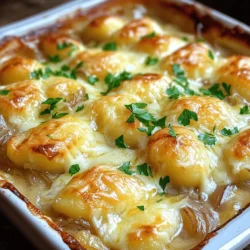 To make Baked French Onion Gnocchi, you need key items that create its rich flavor. - 1 pound potato gnocchi - 3 large onions, thinly sliced - 2 cups vegetable broth These ingredients form the base of your dish. The potato gnocchi adds a soft, pillowy texture. The onions bring sweetness and depth. The vegetable broth enhances the flavors as it cooks. Creamy elements elevate this dish, making it comforting and rich. - 1 cup heavy cream - 1 ½ cups Gruyère cheese, shredded - ½ cup Parmesan cheese, grated Heavy cream adds lusciousness to the sauce. Gruyère cheese melts beautifully, creating a delicious crust. Parmesan cheese adds a salty kick, balancing the sweetness of the onions. Herbs and spices bring out the best flavors in your dish. - 1 teaspoon thyme (fresh or dried) - 1 teaspoon rosemary (fresh or dried) - Salt and pepper, to taste Thyme and rosemary add earthy notes. Salt and pepper enhance all the flavors, making each bite delightful. For the full recipe, check the detailed instructions. - Preheat your oven to 375°F (190°C). This ensures your dish bakes evenly. - Cook the gnocchi according to package instructions. Usually, it takes just a few minutes. - In a large skillet, combine three tablespoons of olive oil and two tablespoons of butter. Heat it over medium. - Add three thinly sliced onions to the skillet. Stir them often for about 20-25 minutes. They should turn golden brown. - In the last five minutes, add four minced garlic cloves. This will give the dish an amazing aroma. - In a large bowl, mix the cooked gnocchi with the caramelized onions. Make sure each piece is coated in that delicious sauce. - Before baking, sprinkle one and a half cups of shredded Gruyère cheese and half a cup of grated Parmesan cheese on top. This will create a rich, cheesy crust. For the full recipe, check out the details above. Enjoy making this comforting dish! - Cook Onions Slowly for a Rich Flavor: Start with a medium heat. This allows the sugars in the onions to develop. The longer you cook, the sweeter they become. Aim for about 20-25 minutes for a deep, rich flavor. - Stir Frequently to Prevent Burning: Stir the onions every few minutes. This helps them cook evenly and prevents sticking or burning. If you notice browning, lower the heat. - Do Not Overcook the Gnocchi: Follow the package instructions closely. Gnocchi cook quickly, usually 2-4 minutes. They should float to the top when done. Overcooking makes them mushy, which is not what you want. - Monitor Cooking Time for the Cheese Topping: When baking, watch the cheese closely. It should melt and bubble but not burn. Aim for 20-25 minutes in the oven. You want a nice golden brown color. - Serve in Individual Bowls: This adds a special touch. Each serving looks nice and feels more personal. It also keeps the dish warm longer. - Use Fresh Herbs for Garnish: A sprinkle of fresh parsley adds color and brightness. You can also use thyme or rosemary. This small touch enhances the overall look. For the full recipe, check below. {{image_4}} Adding protein to your Baked French Onion Gnocchi can enhance the dish and make it more filling. You can use cooked chicken or sausage for a heartier meal. Just shred the chicken or slice the sausage and mix it with the gnocchi and onion sauce. For a vegetarian option, consider mushrooms or spinach. They add a nice texture and boost the flavor without meat. When it comes to cheese, you have options. If you want a different taste, try mozzarella. It melts beautifully and offers a mild flavor. For those looking for dairy-free choices, many vegan cheeses work well too. They’ll give you that creamy richness while keeping it plant-based. To elevate the flavor even more, consider some enhancements. Adding a drizzle of truffle oil can bring a luxurious touch. If you like some heat, a few drops of hot sauce will do the trick. You can also experiment with different herbs. Basil and oregano pair nicely and add fresh notes to the baked dish. Feel free to explore these variations to make the dish your own. For the full recipe, check out the linked section above! Store your leftover Baked French Onion Gnocchi in an airtight container. This helps keep it fresh. It’s best to eat it within 3-4 days for the best taste and texture. The creamy sauce makes it a real treat, so don’t let it sit too long! You can freeze this dish before or after baking. If you freeze it before baking, wrap it tightly. This keeps the gnocchi from getting mushy. If you freeze it after baking, wait until it cools. Thaw it in the refrigerator before reheating for the best results. You can reheat the gnocchi in a microwave or bake it in the oven. If you use the microwave, heat it in short bursts, stirring in between. If you bake it, cover it with foil to keep moisture in. To add some creaminess, try adding a splash of cream when you reheat. This will make it taste as good as fresh! Yes, for a quicker preparation. Using store-bought gnocchi saves time. It is perfect for busy days when you want a tasty meal fast. Look for fresh or frozen gnocchi in your grocery store. They cook quickly and taste great in this dish. Substitute gnocchi with gluten-free alternatives. Many brands offer gluten-free gnocchi made from rice or potato. These options work well in this recipe. Make sure to check the package for cooking times. The flavors remain rich and comforting, just like the original. Side salads or garlic bread are excellent pairings. A fresh green salad adds crunch and balance. Garlic bread complements the creamy dish nicely. You can also serve it with roasted vegetables for extra flavor. Enjoy the mix of textures and tastes! This baked French onion gnocchi dish combines rich flavors and simple steps. You learned how to prepare key ingredients like gnocchi and cheese, and how to caramelize onions for depth. Remember to use tips for texture and presentation to enhance your meal. Try protein options, cheese swaps, or flavor boosts to make it your own. Store leftovers properly for future enjoyment. Experimenting will help you perfect this delicious dish in no time. Enjoy making this dish again and again!