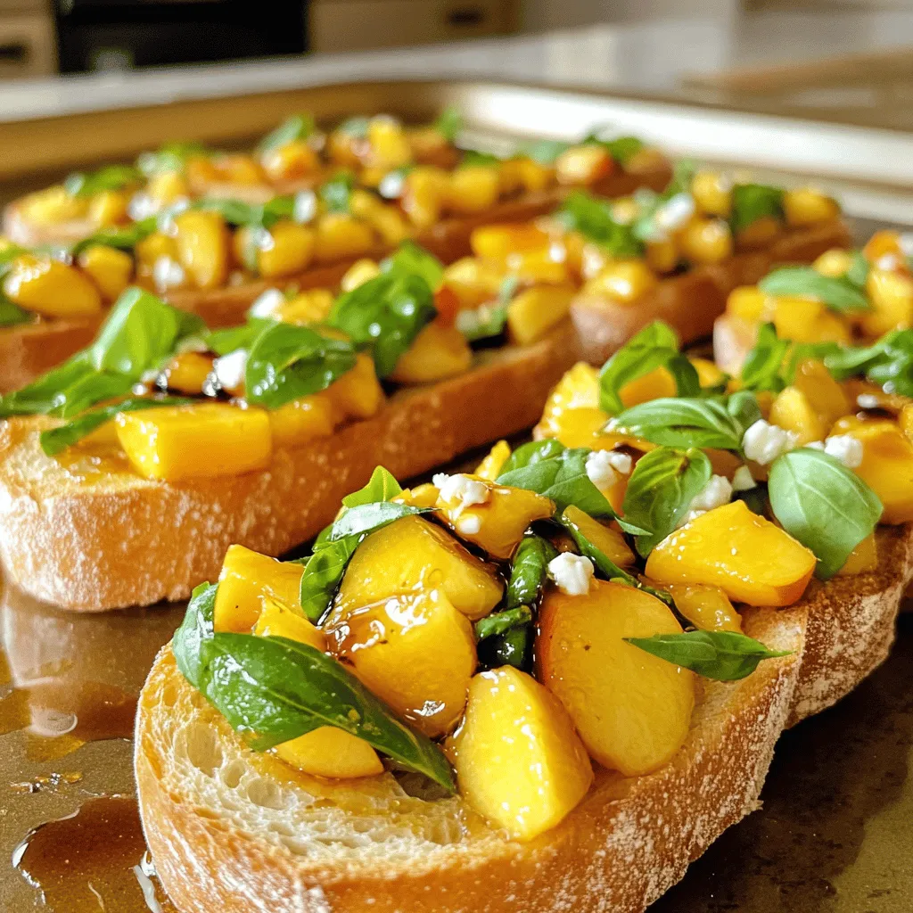 - Ripe peaches - Fresh basil leaves - Garlic Peaches are the star of this dish. Choose ripe, juicy peaches for the best taste. Fresh basil adds a lovely aroma and flavor. A clove of garlic brings a nice kick to the mix. Use fresh ingredients for a vibrant taste and texture. - Balsamic vinegar - Honey - Extra virgin olive oil Balsamic vinegar balances the sweetness of the peaches. Honey adds a touch of natural sweetness. Extra virgin olive oil enhances the flavors and helps the mixture stick together. These dressings make every bite more delicious. - Baguette - Sea salt and black pepper - Optional: Feta or goat cheese A fresh baguette is perfect for bruschetta. It should be crunchy on the outside and soft inside. Sprinkle sea salt and black pepper on top to boost flavor. If you like cheese, consider adding crumbled feta or creamy goat cheese for extra richness. For the full recipe, check out the Peach and Basil Bruschetta. First, gather your ingredients. You need ripe peaches, fresh basil, and garlic. Dice the peaches into small cubes. Then, finely chop the basil leaves. Mince the garlic clove. In a large bowl, toss the peaches, basil, and garlic together. This mix will smell amazing! Next, add the balsamic vinegar and honey. Pour in one tablespoon of each. Gently toss all the ingredients again. You want the peaches to be coated well. Season with sea salt and freshly ground black pepper to taste. Let the mixture sit for 10-15 minutes. This helps the flavors blend nicely. Now it’s time to prepare the baguette. Preheat your oven to 400°F (200°C). While the oven heats, slice the baguette into 1/2-inch thick pieces. Arrange the slices on a baking sheet in a single layer. Brush each slice lightly with extra virgin olive oil. This will help them toast perfectly. Once your oven is ready, place the baking sheet inside. Toast the bread for about 5-7 minutes. You want the slices to be golden brown and crisp. After toasting, take the bread out and let it cool for a few minutes. Now, it’s time to assemble the bruschetta. Spoon the peach and basil mixture generously onto each slice. Make sure every bite is full of flavor. For extra taste, you can add crumbled feta or creamy goat cheese on top, if you like. Serve the bruschetta right away. Enjoy your fresh and tasty Peach and Basil Bruschetta! For the full recipe, check back to the ingredients section. To make your Peach and Basil Bruschetta shine, marinate the mixture. Let it sit for 10-15 minutes. This step lets the flavors blend well. You want a nice balance of sweetness and acidity. The peaches give sweetness, while the balsamic vinegar adds a zing. Adjust these to match your taste. For bruschetta, the bread matters. I love using a fresh baguette. It has a nice crust and soft inside. You can also try ciabatta or sourdough. To toast, brush each slice with olive oil. Bake at 400°F (200°C) for 5-7 minutes. Look for golden brown and crisp edges. Make your bruschetta pop! Garnish it with extra basil leaves on top. You can also add crumbled feta or creamy goat cheese for a rich touch. Serve on a pretty platter. It makes a great appetizer or snack for any gathering. Try different layouts to impress your guests! {{image_4}} You can switch up the fruit in this bruschetta. Try ripe nectarines or juicy strawberries. These fruits add their own twist. Seasonal fruits work great too, like figs in fall. Mixing in other herbs, like mint or cilantro, can enhance the flavors. Each herb gives a fresh taste that pairs well with the fruit. Make your bruschetta stand out with spices. A pinch of chili flakes adds heat and depth. You might also try smoked paprika for a unique touch. Adding proteins like prosciutto or salami can turn this into a heartier dish. The saltiness of these meats balances the sweetness of the peaches. Pair your bruschetta with a chilled white wine, like Pinot Grigio. It complements the sweet and savory notes. You could also serve it with dips, like hummus or tzatziki, for variety. To make a full meal, add a side salad or grilled veggies. This way, you create a colorful and satisfying plate. To keep your Peach and Basil Bruschetta fresh, refrigerate it in a sealed container. The cold slows spoilage. Use it within three days for the best taste. If you have leftover peach and basil mix, store it separately from the bread. This keeps the bread from getting soggy. For best results, place a paper towel in the container. This absorbs extra moisture and keeps your ingredients crisp. If you use cheese, add it just before serving. To reheat toasted bread, preheat your oven to 350°F (175°C). Place the slices on a baking sheet and warm them for about 5 minutes. This helps restore their crunch. Avoid the microwave, as it can make the bread chewy. For alternative serving, try using leftover bread for croutons. Cut it into cubes, toss with olive oil, and bake until golden. Or, make mini pizzas by adding sauce and cheese to the toasted bread. Prepare your bruschetta components in advance for easy assembly. Chop the peaches and basil a day before. Store them in a sealed container in the fridge. This saves time and ensures you have fresh ingredients ready. For storage containers, choose clear ones. This helps you see what’s inside. Glass containers work well, as they don’t stain and keep food fresh. Enjoy the full recipe for a delicious experience! Yes, you can prep this dish early! To make it ahead, follow these steps: - Prepare the peach and basil mixture but do not assemble it on the bread. - Store the mixture in an airtight container in the fridge. - Toast the baguette slices just before serving for the best crunch. - Keep the bread and topping separate to maintain freshness. If you don’t have peaches, don’t worry! You can use other fruits like: - Nectarines for a similar juicy texture. - Plums for a sweet and tart flavor. - Cherries for a unique twist. - Mango for a tropical feel. These fruits can add fun new tastes to your bruschetta! To make Peach and Basil Bruschetta vegan, swap out the non-vegan ingredients. Consider these options: - Use agave syrup instead of honey for sweetness. - Skip the cheese or use a plant-based cheese. These changes will keep the flavor while making it vegan-friendly. Enjoy the freshness without compromise! This blog post guides you through making delicious Peach and Basil Bruschetta. You learned about key ingredients like ripe peaches, fresh garlic, and balsamic vinegar. I shared step-by-step instructions for preparing and serving this dish. Tips on flavor balance and bread choices help improve your skills. You can even try variations using different fruits and spices. Remember to store leftovers properly for later enjoyment. With these insights, you can impress anyone with your cooking! Enjoy experimenting with flavors and making this dish your own.