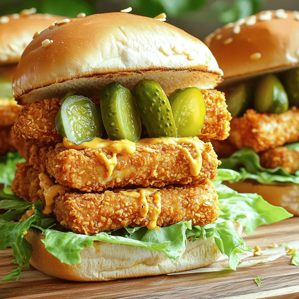 - Firm tofu (1 block, 14 oz) - Almond milk (1 cup) - Apple cider vinegar (1 tablespoon) - All-purpose flour (1 cup) - Cornmeal (1 cup) - Garlic powder (1 teaspoon) - Smoked paprika (1 teaspoon) - Onion powder (1 teaspoon) - Cayenne pepper (1 tablespoon, adjust to taste) - Vegan butter (1 tablespoon, melted) - Hot sauce (1 tablespoon) - Vegan sandwich buns (4) - Fresh lettuce and dill pickles To make crispy vegan Nashville hot chicken, gather all the ingredients listed. Start with firm tofu. It holds its shape well and gives a nice texture. Use almond milk and apple cider vinegar to create a tasty marinade. This mix makes the tofu flavorful and tender. For the dry coating, all-purpose flour and cornmeal will create the perfect crunch. Add garlic powder, smoked paprika, and onion powder for extra flavor. These spices give depth to the dish. Cayenne pepper is key for heat. You can adjust it based on how spicy you like your food. The vegan butter and hot sauce make a spicy drizzle that adds a kick. Use fresh lettuce and dill pickles to add freshness to your sandwich. Check out the Full Recipe for more details and cooking tips. Start by pressing the tofu to get rid of extra moisture. Place the tofu between paper towels and put a heavy object on top. Let it sit for 15-20 minutes. Once pressed, slice the tofu into 1/2-inch thick slabs. Next, marinate the tofu. In a bowl, mix almond milk and apple cider vinegar. Dip each slab into this mix. Make sure the tofu is well coated. Let it marinate for at least 30 minutes. This will help the tofu soak up the flavors. Now, it's time to prepare the dry mix. In a shallow dish, combine all-purpose flour, cornmeal, garlic powder, smoked paprika, onion powder, salt, and black pepper. Whisk these ingredients together until smooth. This mix will give the tofu a nice crunch. After marinating, gently remove the tofu from the almond milk mix. Let any extra liquid drip off. Then, coat each slab in the dry mix. Press the coating firmly onto the tofu. This step is key for achieving a crispy texture when cooking. Heat oil in a large skillet over medium-high heat. You want about 1/2 inch of oil in the pan. Once hot, add the coated tofu slabs. Fry them for about 4-5 minutes on each side. Look for a golden brown color and a crispy texture. After frying, place the tofu on paper towels to absorb excess oil. While the tofu fries, mix cayenne pepper, melted vegan butter, and hot sauce in a small bowl. This spicy drizzle adds a kick to your sandwiches. Stir until well blended. Assemble your sandwiches by spreading the spicy drizzle on the bottom half of each bun. Add a crispy tofu slab, some fresh lettuce, and dill pickles. Drizzle more spicy sauce on top before adding the bun’s top half. Enjoy your crispy vegan Nashville hot chicken with your favorite sides! To get crispy vegan Nashville hot chicken, you must press the tofu well. Pressing removes extra moisture. This step makes the tofu crispy when cooked. Use a clean kitchen towel or paper towels. Place the tofu between them and weigh it down with something heavy. Let it sit for 15-20 minutes. After pressing, slice the tofu into 1/2-inch thick slabs. When you coat the tofu, dip it in the almond milk mixture first. Then, roll it in the dry mix. Press firmly so the coating sticks well. This helps create a nice crunch when frying. Cayenne pepper is key for the heat in this dish. Start with 1 tablespoon, but feel free to adjust. If you want it spicier, add more cayenne. For less heat, use less. You can also try different hot sauces. Frank's RedHot is a classic choice. Other sauces can add unique flavors. Look for ones with a good balance of heat and taste for your preference. For serving, stack your crispy tofu on a vegan bun. Add fresh lettuce and dill pickles for crunch. Drizzle extra spicy sauce on top. This makes the sandwich look and taste great! Serve the sandwiches on a rustic wooden board. Garnish with extra pickles and chopped parsley for a pop of color. Pair with crispy fries or coleslaw on the side for a full meal. Enjoy your crunchy, spicy creation! {{image_4}} If you want a gluten-free version, swap all-purpose flour for gluten-free flour. This change will keep your dish free of gluten while still giving it a great taste. You can also use gluten-free bread for the sandwiches. Look for brands that offer soft, vegan options. These changes allow everyone to enjoy this recipe. To make the flavors pop, add herbs and spices. Consider using thyme, oregano, or even a touch of rosemary. Each herb brings a unique taste that can elevate your dish. You can also marinate the tofu in other liquids. Try using coconut milk or even pickle juice for different flavor profiles. Experiment with what you like best. You can change up the main protein too. Use tempeh or seitan for different textures. Both options provide a hearty bite that works well in this recipe. You can even mix in legumes like chickpeas or black beans for a boost in protein. This variation makes your dish more filling and nutritious. To keep your crispy vegan Nashville hot chicken fresh, follow these tips: - Allow the tofu to cool to room temperature. - Place tofu in an airtight container. - Store in the fridge for up to 3 days. Using a glass or plastic container with a tight seal works best. This helps prevent moisture and keeps your tofu crispy. When ready to eat, you want your tofu crispy again. Here’s how: - Preheat your oven to 375°F (190°C). - Place the tofu on a baking sheet lined with parchment paper. - Bake for about 10-15 minutes or until crispy. Another option is to use an air fryer. This method can keep the crunch without much oil. You can also chop leftover tofu and add it to stir-fries or salads for a tasty twist. If you want to save some tofu for later, freezing is easy. Here’s what to do: - Allow the tofu to cool completely. - Wrap each piece in plastic wrap or place in a freezer-safe bag. - Store in the freezer for up to 2 months. When ready to eat, thaw in the fridge overnight. Keep in mind, the texture may change slightly after freezing. It may be softer but still full of flavor! Yes, you can make this recipe ahead of time. Start by prepping the tofu and marinating it. This can be done up to a day in advance. Just store the marinated tofu in the fridge. When you are ready to cook, coat and fry the tofu. This helps save time on a busy day. You can also prepare the spicy drizzle ahead of time. Just keep it sealed in the fridge. If you want a tofu substitute, consider using tempeh. Tempeh has a firmer texture and is full of protein. Another option is seitan, which has a chewy texture. You can also use jackfruit for a different twist. If you want a lighter option, chickpeas can work too. Just mash them and form patties. Each of these options gives a unique flavor and texture. This recipe is excellent for meal prep. You can store the cooked tofu in an airtight container in the fridge for up to four days. To reheat, use an air fryer or skillet. This helps keep the tofu crispy. You can also freeze leftovers for later use. Just make sure to wrap the tofu well to avoid freezer burn. Enjoy your meal prep with delicious vegan Nashville hot chicken! This blog post covered a tasty tofu recipe that anyone can make. We explored the main ingredients, including firm tofu and almond milk. I outlined the steps from preparing and coating to cooking tofu for that perfect crunch. You learned about tips for adjusting spice levels and presenting your dish nicely. Remember, you can switch ingredients for variations or create gluten-free options. Enjoy your cooking, and have fun experimenting with flavors!