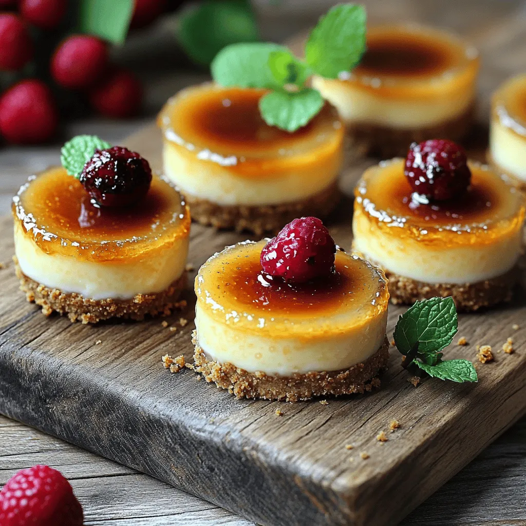 For these mini treats, gather these key ingredients: - 1 cup graham cracker crumbs - 2 tablespoons granulated sugar - 4 tablespoons unsalted butter, melted - 16 ounces cream cheese, softened to room temperature - 1 cup granulated sugar (for filling) - 2 large eggs - 1 teaspoon vanilla extract - 1/2 cup heavy cream - 1/4 cup brown sugar (for topping) These ingredients create a rich, creamy cheesecake with a sweet, crunchy topping. To make your cheesecakes pop, consider these garnishes: - Fresh berries (like strawberries or raspberries) - Mint leaves These garnishes add color and freshness, enhancing your dessert's presentation. To make these mini cheesecakes, you will need: - Muffin tin - Paper liners or cooking spray - Mixing bowls - Electric mixer - Kitchen torch (or broiler) Having the right tools makes the process easier and ensures great results. This recipe allows you to create delightful mini crème brûlée cheesecakes that impress everyone. For the full recipe, check the detailed instructions. Start by preheating your oven to 325°F (160°C). This ensures it’s hot enough for baking. Gather all your ingredients, so you have them ready. You will need graham cracker crumbs, sugar, butter, cream cheese, eggs, vanilla extract, and heavy cream. In a medium bowl, mix 1 cup of graham cracker crumbs with 2 tablespoons of granulated sugar. Then add 4 tablespoons of melted butter. Stir until the crumbs are moist and clumpy. Line a muffin tin with paper liners or grease it well. Pack about 1 tablespoon of the mixture into each muffin cup. Press down firmly to form an even layer. Bake for 5-7 minutes until golden. Let cool slightly. In a large bowl, beat 16 ounces of softened cream cheese until smooth. Add 1 cup of granulated sugar and mix well. Next, add 2 large eggs one at a time, beating well after each. Incorporate 1 teaspoon of vanilla extract and 1/2 cup of heavy cream. Mix until the filling is creamy and smooth. Pour the cheesecake filling into each crust, filling about three-quarters full. Place the muffin tin in the oven and bake for 20-25 minutes. The centers should be set with a slight jiggle. Remove them from the oven and let them sit at room temperature. Chill them completely in the fridge for 2 hours or overnight. Before serving, sprinkle about 1 teaspoon of brown sugar on each cheesecake. Use a kitchen torch to caramelize the sugar until it turns golden. If you don’t have a torch, place them under a broiler for a few seconds. Watch closely to prevent burning. Once the sugar cools, your cheesecakes are ready to serve. Enjoy these delightful mini crème brûlée cheesecakes! For the full recipe, check the recipe section above. Baking can be tricky. Here are some mistakes to watch out for: - Overmixing the batter: This can make the cheesecake dense. Mix just until smooth. - Skipping the cooling step: Letting the cheesecakes cool too fast can crack them. - Not preheating the oven: Always preheat! This helps the cheesecakes bake evenly. The topping is key for a great dessert. Follow these tips: - Even sugar layer: Sprinkle brown sugar evenly on each cheesecake. This helps it caramelize well. - Right heat: Use a kitchen torch for best results. If using a broiler, keep a close eye to avoid burning. - Cool before serving: Let the sugar harden after caramelizing. This gives a great crunch. Serving can make a dessert even better. Here are some ideas: - Garnish with berries: Fresh fruits add color and flavor. - Mint leaves: These add a nice touch and fresh taste. - Pair with coffee: A small cup of coffee balances the sweetness perfectly. For the full recipe, refer to Mini Crème Brûlée Cheesecakes. These tips will help you create a delightful dessert treat that everyone will love. {{image_4}} You can change the flavor of your mini crème brûlée cheesecakes. Adding chocolate brings a rich taste. Just mix in half a cup of melted chocolate with the cream cheese. For a unique twist, use matcha powder. Add one to two teaspoons of matcha to the filling. The color and flavor will impress your guests! While graham cracker crusts are tasty, you can try other options. An Oreo crust adds a chocolatey crunch. Simply crush Oreo cookies and mix with melted butter. For a nutty flavor, use crushed almonds or pecans. Combine them with a bit of melted butter for a delightful change! You can make these cheesecakes vegan and dairy-free, too! Use cashews instead of cream cheese. Soak cashews in water overnight, then blend until smooth. Replace eggs with flax eggs—mix one tablespoon of flaxseed meal with three tablespoons of water for each egg. Use coconut cream instead of heavy cream for a creamy texture. This way, everyone can enjoy these treats! For the full recipe, check out the link provided. To keep your mini crème brûlée cheesecakes fresh, store them in the fridge. Place them in a covered container. This keeps moisture out and helps maintain their creamy texture. If you used paper liners, leave them on for easy serving later. Avoid stacking them to prevent any damage to the tops. You can freeze these cheesecakes if you want them to last longer. First, chill them in the fridge until firm. Then, wrap each cheesecake tightly in plastic wrap. After that, place them in a freezer-safe bag or container. To thaw, move them to the fridge overnight before serving. This method ensures they stay tasty and fresh. These cheesecakes can last about 5 days in the fridge. For best quality, eat them within this time. If frozen, they can stay good for about 2 months. Just remember to brulee the tops right before serving for that perfect crunch. Enjoy your delightful dessert treat! Yes, you can use a store-bought crust. It saves time and still tastes good. Just make sure it fits your muffin tin. Mini cheesecakes stay fresh for about five days in the fridge. Keep them covered to avoid drying out. If you lack a kitchen torch, broil the cheesecakes in the oven. Set them under the broiler for a few seconds. Watch closely to prevent burning. Absolutely! You can make them a day ahead. Just chill them overnight for the best flavor and texture. Crème brûlée is a custard with a caramelized sugar top. Cheesecake is cream cheese-based and often richer. Both are delicious, but they have different textures and flavors. For the full recipe, click [here](insert-link-to-full-recipe). Making mini crème brûlée cheesecakes is fun and rewarding. We covered essential ingredients, cooking tools, and step-by-step baking instructions. I shared tips to avoid common baking mistakes and achieve the perfect topping. We also explored flavor variations and storage tips. Remember, you can mix flavors and customize crusts to fit your taste. Enjoy these treats with friends and family. Baking can be simple, and I hope you try it soon!