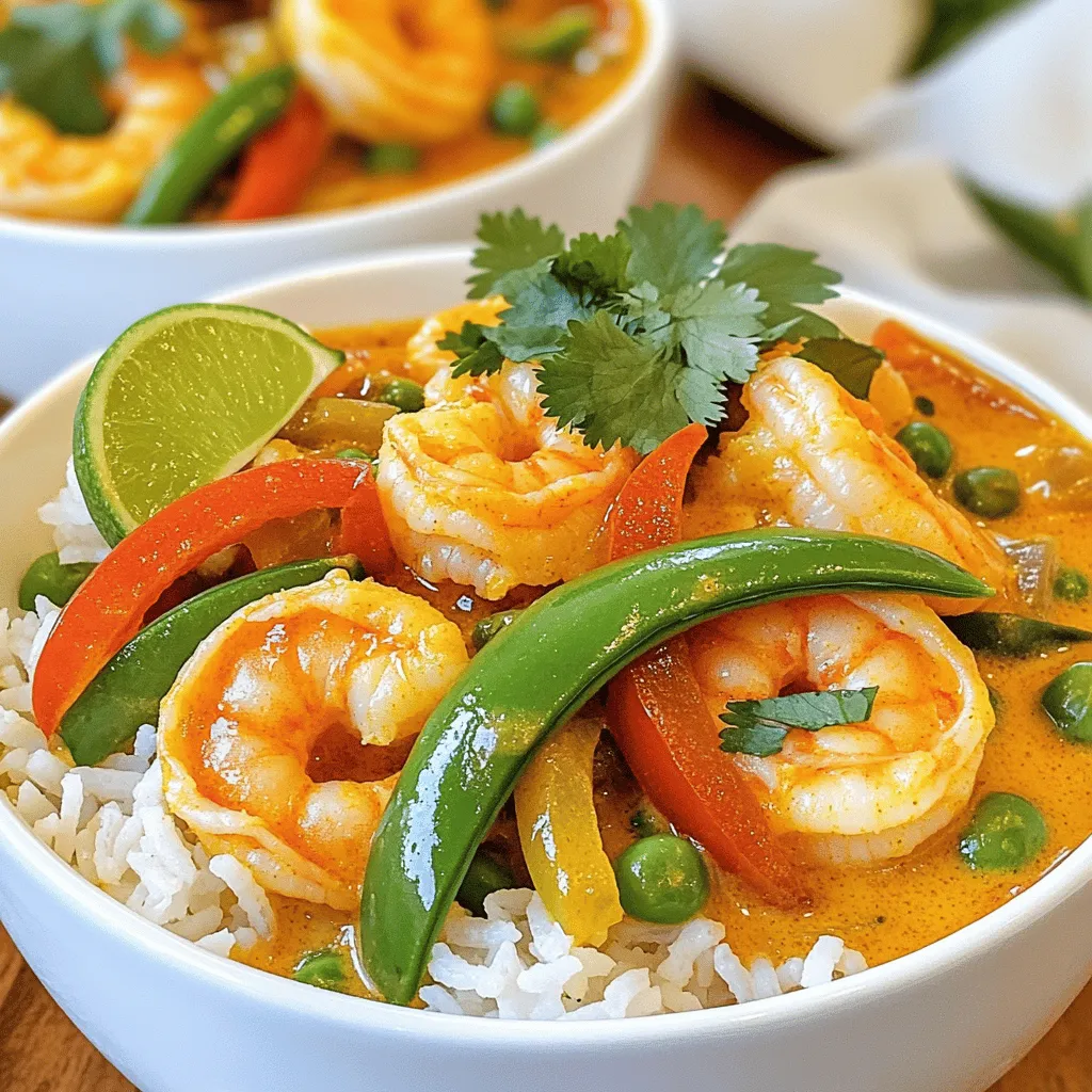 For the Coconut Curry Shrimp, you will need: - 1 lb large shrimp, peeled and deveined - 1 can (14 oz) creamy coconut milk - 2 tablespoons red curry paste - 1 tablespoon fish sauce - 1 tablespoon brown sugar - 1 tablespoon extra virgin olive oil - 1 small onion, finely chopped - 3 garlic cloves, minced - 1-inch piece of fresh ginger, grated - 1 medium bell pepper, sliced (choose red or yellow for sweetness) - 1 cup snap peas or fresh green beans, trimmed - Fresh cilantro, chopped, for garnish - Cooked jasmine rice, for serving I love using fresh shrimp and veggies for the best flavor. But frozen shrimp works too. Just thaw it first. Fresh ginger gives a bright taste. If you can't find it, use ground ginger, but fresh is better. After cooking, I like to sprinkle fresh cilantro on top. It adds a nice color and taste. A lime wedge on the side also brightens the dish and adds a zesty kick. If you want to change things up, try using chicken or tofu instead of shrimp. You can swap the snap peas for broccoli or zucchini. For a vegan option, skip the fish sauce and use soy sauce. Remember, cooking is all about making it your own! For the complete cooking process, check out the [Full Recipe]. - Sautéing the Aromatics Start by heating the extra virgin olive oil in a large skillet over medium heat. Once the oil is hot, add the finely chopped onion. Sauté the onion for about 3-4 minutes. You want it to turn soft and translucent. This step builds a solid base for flavor. - Adding the Red Curry Paste Next, introduce the minced garlic and grated ginger. Stir them in and cook for one minute. This brings out their delicious aroma. Now, add the red curry paste to the skillet. Stir continuously for 1-2 minutes. This helps the paste release its vibrant flavors. - Combining with Coconut Milk Slowly pour in the creamy coconut milk. Stir well to combine it thoroughly with the curry paste. Let the mixture come together harmoniously. This is where the magic starts to happen! - Adding Vegetables Once your sauce begins to simmer, toss in the sliced bell pepper and snap peas. Cook for about 5 minutes. You want the veggies to be tender but still crisp. - Integrating the Shrimp Gently add the prepared shrimp to the skillet. Stir carefully to mix everything. Cook for an additional 3-5 minutes. Watch for the shrimp to turn a lovely pink and opaque. This is a sign they are cooked and ready. - Final Flavor Adjustments Finally, taste the sauce and adjust the seasoning. Add more fish sauce for saltiness or a hint of brown sugar for sweetness if you like. This step makes your dish truly yours. Enjoy serving this Coconut Curry Shrimp over fluffy jasmine rice. Don’t forget to check out the Full Recipe for more details! Ensuring Shrimp are Cooked Properly To cook shrimp just right, look for that lovely pink color. Start by adding shrimp to the pan when the sauce simmers. Cook them for 3-5 minutes. Overcooked shrimp can turn rubbery. Always check by cutting one open; it should be opaque inside. Adjusting Spice Levels If you like it spicy, add more red curry paste. For a milder dish, use less. You can also serve chili flakes or fresh sliced chili on the side. This way, everyone can adjust the heat to their taste. Achieving Creaminess in Sauce For a creamier sauce, make sure to use full-fat coconut milk. Stir it well with the curry paste before adding shrimp. If the sauce seems too thick, you can add a splash of water or more coconut milk to get the right consistency. Pairing with Sides Coconut curry shrimp pairs well with fluffy jasmine rice. You can also serve it with quinoa or rice noodles for a twist. Steamed broccoli or sautéed greens make excellent sides too. Garnishing Ideas Garnish your dish with lots of fresh cilantro. You can also add lime wedges for bright flavor. A sprinkle of toasted coconut adds a nice crunch. Presentation Techniques Serve the shrimp over rice in a shallow bowl. Let the curry pool around the rice for a beautiful look. Use a lime wedge on the side for a pop of color and extra zest. For a final touch, drizzle a little coconut milk on top before serving. For the full recipe, check the [Full Recipe]. {{image_4}} Protein Alternatives You can easily swap shrimp for other proteins. Chicken or tofu works well. If you prefer fish, try salmon or tilapia. Remember to adjust cooking time based on your choice. Vegetable Additions Feel free to add more veggies to the mix. Broccoli, zucchini, or carrots add great flavor and color. You can even toss in leafy greens like spinach for extra nutrients. Vegan Adjustments To make this dish vegan, replace shrimp with chickpeas or mushrooms. Use a vegan fish sauce or skip it altogether. The curry will still be tasty and rich. Adding Different Spices Adding spices can take your curry to new heights. Consider turmeric for warmth or cumin for earthiness. A pinch of chili powder can add some heat if you like it spicy. Experimenting with Other Sauces You can mix in other sauces for unique flavors. Try adding soy sauce, tamari, or even peanut sauce. Each will give a different twist to your dish. Creative Toppings Toppings bring fun and texture. Toasted coconut flakes add crunch and sweetness. Chopped peanuts or cashews work well too. Fresh lime juice and extra cilantro also brighten up the dish. For the complete recipe, check out the Full Recipe section! To keep your Coconut Curry Shrimp fresh, store it in the fridge. Use a tight container. The dish can stay good for up to three days. Make sure to let it cool first before sealing. This helps avoid extra moisture inside the container. If you want to keep it longer, freezing is a great option. Place the leftovers in a freezer-safe bag or container. Be sure to remove as much air as possible. You can freeze it for up to three months. Just remember to label the bag with the date. When it’s time to eat the leftovers, reheating properly is key to keep the shrimp tender. Avoid using high heat, as it can make the shrimp rubbery. Instead, use medium heat on the stove. Add a splash of water or coconut milk to help maintain the sauce's creaminess. Another method is to use the microwave. Place the shrimp in a microwave-safe bowl. Cover it with a damp paper towel to keep moisture in. Heat in short bursts, stirring in between to ensure even warming. For best results, serve your reheated Coconut Curry Shrimp over fresh jasmine rice. Enjoy the flavors just like the first time! For the full recipe, check out the details above. How can I adjust the spice level in Coconut Curry Shrimp? To adjust the spice, you can add more or less red curry paste. Start with less if you prefer mild flavors. You can also add a touch of sugar to balance the heat. For more spice, add fresh chili or cayenne pepper. Taste as you go to find your perfect level. Can I use frozen shrimp for this recipe? Yes, you can use frozen shrimp. Just make sure to thaw them first. Place them in cold water for about 10-15 minutes. This way, they will cook evenly and stay juicy. What is the best type of rice to serve with Coconut Curry Shrimp? Jasmine rice pairs perfectly with Coconut Curry Shrimp. It has a fragrant flavor that complements the curry. You can also use basmati rice for a different taste and texture. What to do if the sauce is too thin or thick? If the sauce is too thin, let it simmer longer. This helps it thicken naturally. You can also stir in a cornstarch slurry (mix cornstarch with water) to thicken it quickly. If it’s too thick, add a little water or coconut milk to reach your desired consistency. Why do my shrimp turn rubbery? Rubbery shrimp usually means they are overcooked. Shrimp cook fast, so keep an eye on them. As soon as they turn pink and opaque, they are done. Remove them from heat right away for the best texture. For the full recipe, check out the detailed instructions and enjoy your cooking experience! This blog post covers how to make a delicious Coconut Curry Shrimp dish. We reviewed the key ingredients and how to prepare them. You learned step-by-step instructions for cooking shrimp and adjusting flavors. We shared tips to ensure your dish is perfect and ideas to vary it. Plus, we discussed safe storage and reheating methods. In conclusion, you can create a tasty meal with easy steps and swaps. Enjoy your culinary adventure with Coconut Curry Shrimp!