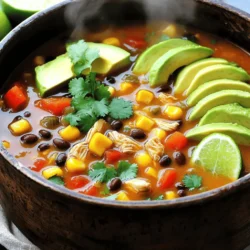 - 1 pound boneless, skinless chicken breasts, diced into bite-sized pieces - 1 tablespoon olive oil - 1 medium onion, diced - 2 cloves garlic, minced - 1 red bell pepper, diced - 1 yellow bell pepper, diced - 1 can (15 oz) black beans, rinsed and drained - 1 can (15 oz) corn, drained - 1 can (14.5 oz) diced tomatoes, with juice - 4 cups chicken broth, low-sodium preferred - 2 tablespoons taco seasoning - 1 teaspoon ground cumin - ½ teaspoon smoked paprika - Salt and pepper, to taste - Fresh cilantro - Avocado slices - Lime wedges When I create Southwest Chicken Soup, I start with fresh, high-quality ingredients. The chicken adds protein, while the veggies give flavor and crunch. I love using bell peppers for a sweet touch. Canned goods like black beans and corn offer convenience and flavor without much effort. For spices, taco seasoning and smoked paprika bring warmth. These spices dance together, creating a rich base for the soup. Don’t forget the salt and pepper to enhance all the flavors. For a special touch, I like to add fresh cilantro and creamy avocado on top. The lime wedges add a bright zing when you squeeze them in. These garnishes not only look pretty but also boost the soup's taste. If you're ready to make this delightful dish, check out the Full Recipe for all the steps! - Sauté the chicken First, heat one tablespoon of olive oil in a large pot over medium heat. When the oil shimmers, add one pound of diced chicken. Sauté the chicken for 5-7 minutes until it browns and cooks through. Once done, remove the chicken from the pot and set it aside. - Cook the onion and garlic In the same pot, add one medium diced onion and two minced garlic cloves. Sauté for 3-4 minutes until the onion becomes soft and clear. This step builds a strong flavor base for your soup. - Add bell peppers and the remaining ingredients Next, stir in one diced red bell pepper and one diced yellow bell pepper. Cook for another 3-4 minutes, allowing the peppers to soften. Then, return the chicken to the pot. Add one can of rinsed black beans, one can of drained corn, and one can of diced tomatoes with juice. Pour in four cups of chicken broth, and mix in two tablespoons of taco seasoning, one teaspoon of ground cumin, and half a teaspoon of smoked paprika. - Bring to a boil then simmer Increase the heat and bring the mixture to a gentle boil. Once boiling, lower the heat to a simmer. Cover the pot and let it cook for 20-25 minutes. This helps all the flavors blend together well. - Adjust seasoning After simmering, taste your soup. If it needs more flavor, adjust the seasoning with salt and pepper. If you like it spicier, add more taco seasoning. - Prepare for serving When it's time to serve, ladle the hot soup into bowls. Garnish with fresh cilantro and slices of avocado. For a zesty kick, squeeze a lime wedge over each bowl. Enjoy this vibrant and warming dish! For the full recipe, check out the [Full Recipe]. Choosing the right chicken matters. I suggest using boneless, skinless chicken breasts. They cook quickly and stay tender in the soup. You can also use thighs for more flavor, but remember they take a bit longer to cook. For the best flavor, I like to sauté the chicken first. This step adds a nice brown crust. It helps to deepen the taste of the soup. After cooking the chicken, you can use the same pot for the veggies. This keeps all those yummy bits stuck to the bottom. They will add great flavor to your soup. Presentation makes your dish stand out. Serve your soup in colorful bowls. I love adding fresh cilantro on top for a pop of green. Avocado slices also look great and add creaminess. For side dishes, I recommend cornbread. It pairs perfectly with the soup’s spices. You can also serve tortilla chips for crunch. They add a fun texture and taste. Feel free to check out the Full Recipe for more serving ideas! {{image_4}} You can change the proteins in this soup. If you want, use turkey instead of chicken. Turkey gives a nice flavor and is leaner. Tofu is a great choice too. It makes the soup plant-based and is rich in protein. For beans, you don’t have to stick with black beans. Try pinto or kidney beans for a different taste. You can also add chickpeas for more protein and texture. When it comes to vegetables, feel free to be creative. Zucchini or carrots can add a nice crunch and color. Want to kick up the heat? Add jalapeños or cayenne pepper to your soup. Both give a nice spicy kick. If you prefer a milder flavor, skip the heat. Herbs can also boost the taste. Add fresh cilantro or parsley for a fresh twist. You can even try adding a bay leaf while it simmers. Just remember to take it out before serving. For the full recipe, check out the link provided. To store your Southwest Chicken Soup, let it cool first. Place it in an airtight container. This helps keep the soup fresh. You can store it in the fridge for up to 3 days. Make sure to label the container with the date. If you want to keep it longer, freezing is a great option. For freezing, pour the soup into freezer-safe bags. Leave some space at the top for expansion. Seal the bags tightly and label them with the date. You can freeze the soup for up to 3 months. When you’re ready to eat, take it out of the freezer. Thaw it overnight in the fridge. To reheat, warm it slowly on the stove over low heat. Stir it often to avoid burning. Enjoy your soup as if it were fresh! To make your Southwest Chicken Soup spicy, you have a few great options. You can add diced jalapeños or chipotle peppers for heat. Another choice is to sprinkle in cayenne pepper or red pepper flakes. You can also increase the amount of taco seasoning to boost the spice level. Each option offers a unique flavor twist. Experiment with these additions to find your perfect heat level. Yes, you can make this soup in advance! It stores well in the fridge. Prepare the soup and let it cool before placing it in an airtight container. Keep it in the fridge for up to three days. For longer storage, consider freezing it. Store in freezer-safe containers for up to three months. Thaw overnight in the fridge before reheating on the stove. Southwest Chicken Soup offers many health benefits. The chicken provides lean protein, which helps build muscle. Beans are high in fiber, aiding digestion and keeping you full longer. Bell peppers are rich in vitamins A and C, boosting your immune system. Tomatoes add antioxidants, which are good for heart health. This soup packs a nutritious punch while being tasty and satisfying. Enjoy the benefits with each bowl! This blog post covered how to make delicious Southwest Chicken Soup. We explored key ingredients like chicken, beans, and spices. I shared step-by-step instructions for cooking and combining these foods. You learned tips for both flavor and presentation. Lastly, we discussed variations and storage methods. Remember, this soup is easy to make and packed with flavor. You can adjust it to fit your taste. Enjoy making it your own!