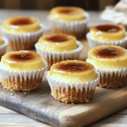 - 1 cup digestive biscuits, finely crushed - 4 tablespoons unsalted butter, melted - 16 oz (450g) cream cheese, softened to room temperature - ½ cup granulated sugar - 1 teaspoon pure vanilla extract - 2 large eggs, at room temperature - ¼ cup heavy cream - 2 tablespoons brown sugar (for topping) To make these mini cheesecakes smooth and creamy, you need some key ingredients. First, the digestive biscuits form a crunchy crust. The unsalted butter binds them together. Cream cheese gives the filling its rich texture. Granulated sugar adds sweetness, while vanilla extract brings out all the flavors. Eggs help set the cheesecake, and heavy cream makes it extra smooth. Lastly, brown sugar creates the crunchy top layer. - Fresh berries - Grated lemon zest - Whipped cream For fun and flavor, consider garnishing your cheesecakes. Fresh berries add a pop of color and taste. Grated lemon zest gives a bright zing. Whipped cream adds a creamy touch. These toppings make your mini crème brûlée cheesecakes even more delightful. You can find the full recipe to get started on this tasty treat! First, preheat your oven to 325°F (160°C). In a mixing bowl, add 1 cup of finely crushed digestive biscuits and 4 tablespoons of melted unsalted butter. Mix them well until it looks like wet sand. This mixture should hold together when pressed. Next, line a muffin tin with cupcake liners. Take your biscuit mixture and firmly press it into the bottom of each liner. This step creates a solid crust. Bake the crust in the oven for about 10 minutes. It should turn lightly golden. Once done, remove it and let it cool a bit. Now, it’s time to make the cheesecake filling. In a larger bowl, beat 16 oz of softened cream cheese until smooth. Slowly add ½ cup of granulated sugar and 1 teaspoon of vanilla extract while mixing. Keep beating until fluffy. Add 2 large eggs one at a time, mixing well after each addition. Finally, pour in ¼ cup of heavy cream and mix until everything is smooth. Carefully pour this cheesecake mixture over the cooled crust in the muffin tin. Fill each liner about three-quarters full. Bake the cheesecakes for 20-25 minutes. The edges should be set, but the centers should still jiggle slightly when shaken. After baking, take the cheesecakes out of the oven. Let them cool to room temperature. Once cooled, transfer them to the fridge. Chill them for at least 4 hours or overnight for the best texture. When ready to serve, remove them from the fridge. Sprinkle about ½ teaspoon of brown sugar over each cheesecake. Using a kitchen torch, carefully melt the sugar until it turns golden brown. This creates a crunchy caramel top. Let it cool briefly, so the sugar hardens. Enjoy these mini crème brûlée cheesecakes as a delightful dessert! For the full recipe, check out the link. Chilling time is key for your mini crème brûlée cheesecakes. After baking, let them cool to room temperature. Then, refrigerate them for at least four hours. Overnight chilling is even better. This waiting time helps the flavors meld and the texture becomes smooth and creamy. To prevent cracking, avoid overmixing the cheesecake filling. Mix just until smooth. Also, bake them in a water bath. Place the muffin tin in a larger pan filled with water. This method keeps the heat even and helps maintain moisture. For a stunning presentation, garnish each cheesecake with fresh berries or a sprinkle of grated lemon zest. You can also add a dollop of whipped cream for extra richness. Arrange them on a beautiful serving platter for a visual treat. Pair these cheesecakes with a light dessert wine or a rich coffee. A sweet dessert wine complements the creamy texture. A strong coffee balances the sweetness. Both choices enhance the overall experience. You will need a few kitchen tools to make these mini cheesecakes: - Muffin tin - Cupcake liners - Mixing bowls - Electric mixer - Kitchen torch for caramelizing If you don’t have a kitchen torch, you can use your oven. Place the cheesecakes under the broiler for a few minutes. Watch them closely to avoid burning the sugar. This method also works well for achieving a crispy top. For the full recipe, check out the detailed instructions above. {{image_4}} You can get creative with flavors. Adding citrus can brighten your cheesecakes. A bit of lemon or orange zest gives a fresh twist. Mix 1 teaspoon of zest into your batter for a burst of flavor. Chocolate also works well in this dessert. You can melt 3 ounces of dark or milk chocolate and mix it with the cream cheese. Coffee lovers can add 1 tablespoon of instant coffee granules. This gives your cheesecakes a rich taste. Tweak the flavors to match your mood! Need a gluten-free version? Use gluten-free cookies instead of digestive biscuits. This small change keeps the texture delicious. If you prefer vegan options, substitute cream cheese with a vegan cream cheese. You can also replace the eggs with flax eggs. Simply mix 1 tablespoon of ground flaxseed with 2.5 tablespoons of water. Let it sit for a few minutes to thicken. These swaps let everyone enjoy the dessert! Want to serve more or fewer people? You can easily adjust the recipe. For larger gatherings, double the ingredients. Bake in a larger muffin tin or a 9-inch springform pan. Just watch the baking time, as it may take longer. If you want smaller portions, use mini muffin tins. Fill each cup only halfway. This gives you bite-sized treats that are perfect for parties. You can make the cheesecakes fit your needs! For the full recipe, check out the [Full Recipe]. To keep your mini crème brûlée cheesecakes fresh, refrigeration is key. Place them in an airtight container. This helps prevent them from absorbing other odors in the fridge. When stored properly, they can last up to five days in the refrigerator. If you want to save some for later, freezing is a great option too. To freeze, wrap each cheesecake in plastic wrap, then place them in a freezer-safe container. They can be frozen for up to three months. To enjoy, let them thaw in the fridge overnight before serving. To keep your cheesecakes at their best, follow a few simple tips. First, always check for freshness before eating. A good sign is a firm and smooth top. If your cheesecakes look dry or cracked, they may not be fresh. Watch for signs of spoilage. If you see mold or an off smell, it's best to toss them. Remember, proper storage will help maintain their delicious flavors and textures. You can check if the cheesecakes are done by looking for a slight jiggle. The edges should be set, but the center should still move a bit. This means they are not overcooked. Look for visual cues too. The top should look firm and slightly puffed. The color should be a pale yellow or light tan. If you see these signs, your cheesecakes are ready! Yes, you can make these cheesecakes in advance. It is best to chill them overnight for the best taste. Once they are cool, cover them well before placing them in the fridge. They last about five days in the fridge. Just make sure to keep them sealed to avoid any fridge odors. If you don't have a kitchen torch, you can still caramelize the sugar. One option is to use a broiler. Simply sprinkle brown sugar on top of the cheesecakes. Place them under the broiler for a few minutes. Keep a close eye on them to prevent burning. The sugar will melt and form a nice crust. This method works well as a substitute for a torch. For the full recipe, check out the detailed instructions to create these delightful treats! These mini crème brûlée cheesecakes are a delightful treat. We covered the ingredients, steps to bake, and tips for the best texture. Enjoy optional garnishes to make them even tastier. You can also try fun variations or dietary adjustments based on your needs. Storing them properly keeps them fresh for longer. With this guide, you can create a delicious dessert with ease. Happy baking!