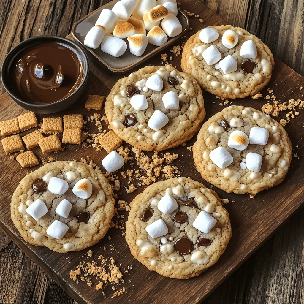 To make these tasty s'mores cookies, you need key ingredients. Here’s what you will need: - 1 cup all-purpose flour - 1/2 teaspoon baking soda - 1/4 teaspoon salt - 1/2 cup unsalted butter, softened - 1/2 cup brown sugar, packed tightly - 1/4 cup granulated sugar - 1 teaspoon pure vanilla extract - 1 large egg, at room temperature - 1 cup graham cracker crumbs - 1 cup semi-sweet chocolate chips - 1 cup mini marshmallows These ingredients blend to create soft and chewy cookies. You can add a few optional ingredients to boost the flavor of your s'mores cookies. Consider these: - A pinch of cinnamon for warmth - A tablespoon of instant coffee for depth - Chopped nuts for crunch These extras make the cookies even more delightful. If you can’t find an ingredient, don’t worry. You have options! - Use coconut flour instead of all-purpose flour for a gluten-free version. - Swap the unsalted butter for coconut oil for a dairy-free treat. - Use honey or maple syrup in place of granulated sugar. These substitutions can still keep your cookies delicious. For the complete recipe, refer to the Full Recipe. First, gather all your ingredients. You will need: - 1 cup all-purpose flour - 1/2 teaspoon baking soda - 1/4 teaspoon salt - 1/2 cup unsalted butter, softened - 1/2 cup brown sugar, packed tightly - 1/4 cup granulated sugar - 1 teaspoon pure vanilla extract - 1 large egg, at room temperature - 1 cup graham cracker crumbs - 1 cup semi-sweet chocolate chips - 1 cup mini marshmallows Make sure you measure each ingredient correctly. This helps your cookies turn out great. Preheat your oven to 350°F (175°C). Line a baking sheet with parchment paper. This keeps the cookies from sticking. In a medium bowl, whisk the flour, baking soda, and salt. Set it aside. In a large bowl, cream the softened butter and sugars. Use an electric mixer on medium speed. Mix until it’s light and fluffy, about 2-3 minutes. Then, add the vanilla extract and egg. Beat until smooth. Now, slowly add the dry ingredients to the wet mixture. Mix on low speed until just combined. Be careful not to overmix. Next, gently fold in the graham cracker crumbs. After that, mix in the chocolate chips and marshmallows. Make sure they are evenly spread throughout the dough. Using a cookie scoop or a tablespoon, drop rounded dough onto the baking sheet. Leave about 2 inches of space between each cookie. This allows them to spread. Bake in the preheated oven for 10-12 minutes. Look for lightly golden edges and soft centers. Once baked, remove the cookies and let them cool for about 5 minutes. After that, transfer them to a wire rack to cool completely. Each bite will remind you of a classic s'mores treat. Enjoy! For the complete recipe, check out the Full Recipe section. To get the right texture, use room temperature butter. This helps the cookies spread nicely. Mix the butter and sugar until light and fluffy. This adds air, making your cookies soft. If you want a chewier cookie, add more brown sugar. The moisture in brown sugar keeps them soft. Always preheat your oven to 350°F (175°C). This ensures even baking and better texture. Bake your cookies for 10-12 minutes. Keep an eye on them. They should be golden on the edges but soft in the center. If your cookies spread too much, try chilling the dough for 30 minutes before baking. When mixing, combine wet and dry ingredients gently. Overmixing can lead to tough cookies. Stir until just blended. Use a spatula to fold in the graham cracker crumbs, chocolate chips, and marshmallows. This ensures even distribution of flavors without making the dough tough. Remember, less is more when mixing! {{image_4}} You can make gluten-free s'mores cookies with just a few swaps. Use gluten-free flour instead of all-purpose flour. You can find blends that work well for baking. Ensure your graham cracker crumbs are also gluten-free. Many brands offer gluten-free options. The texture may change slightly, but the taste remains rich and gooey. To create vegan s'mores cookies, replace butter with a plant-based option. Use coconut oil or vegan butter. For the egg, try a flaxseed or chia seed egg. Mix one tablespoon of flaxseed meal or chia seeds with three tablespoons of water. Let it sit for a few minutes until it thickens. Use dairy-free chocolate chips and marshmallows for a full vegan experience. You’ll get all the sweet, gooey goodness without any animal products. You can switch up the chocolate to fit your taste. Try dark chocolate chips for a richer flavor. White chocolate chips add a sweet twist if you prefer a milder taste. You can even mix different types of chocolate for more depth. Consider adding chunks of chocolate bars for a more decadent treat. Each option gives your s'mores cookies a unique flair, so feel free to experiment! To keep your baked S'mores Cookies fresh, place them in an airtight container. This method keeps them moist and tasty. You can stack the cookies with parchment paper between layers. Avoid storing them in a warm spot, as this can make them lose their charm. If you want to save some cookies for later, freezing is a great option. First, let the cookies cool completely. Then, place them in a single layer on a baking sheet. Freeze them for about an hour. Once frozen, transfer the cookies to a freezer bag. This way, they stay fresh for up to three months. When you want one, just take it out and let it thaw at room temperature. Baked S'mores Cookies last for about a week at room temperature in an airtight container. If stored correctly, they can remain delicious for longer in the freezer. Always check for any signs of spoilage before enjoying. Keeping track of the date helps you know when to eat them, ensuring you savor every bite. You can use crushed digestive biscuits or vanilla wafers instead of graham cracker crumbs. Both options provide a sweet and buttery flavor that works well in S'mores Cookies. If you want a gluten-free version, try using almond flour or gluten-free cookies. The taste will differ slightly, but the cookies will still be tasty and fun. If you want to skip baking soda, use baking powder instead. Replace the baking soda with 1 teaspoon of baking powder. This change will help your cookies rise and stay soft. You can also adjust the salt to 1/2 teaspoon to balance the flavors. Make sure to follow the Full Recipe for more guidance. Yes, you can use larger marshmallows! Just cut them into smaller pieces before mixing them into the dough. This helps the marshmallows melt evenly. Keep in mind that larger marshmallows may take longer to bake and could make your cookies a bit gooey. For best results, stick to the mini marshmallows, as they mix in perfectly. S'mores cookies are easy to make and fun to share. We covered key ingredients, tips for great texture, and variations for everyone. You learned how to substitute items and store cookies well. Baking is a joy when you know these steps. Enjoy your sweet treats and get creative with flavors. Try the full recipe for all the details. Happy baking!
