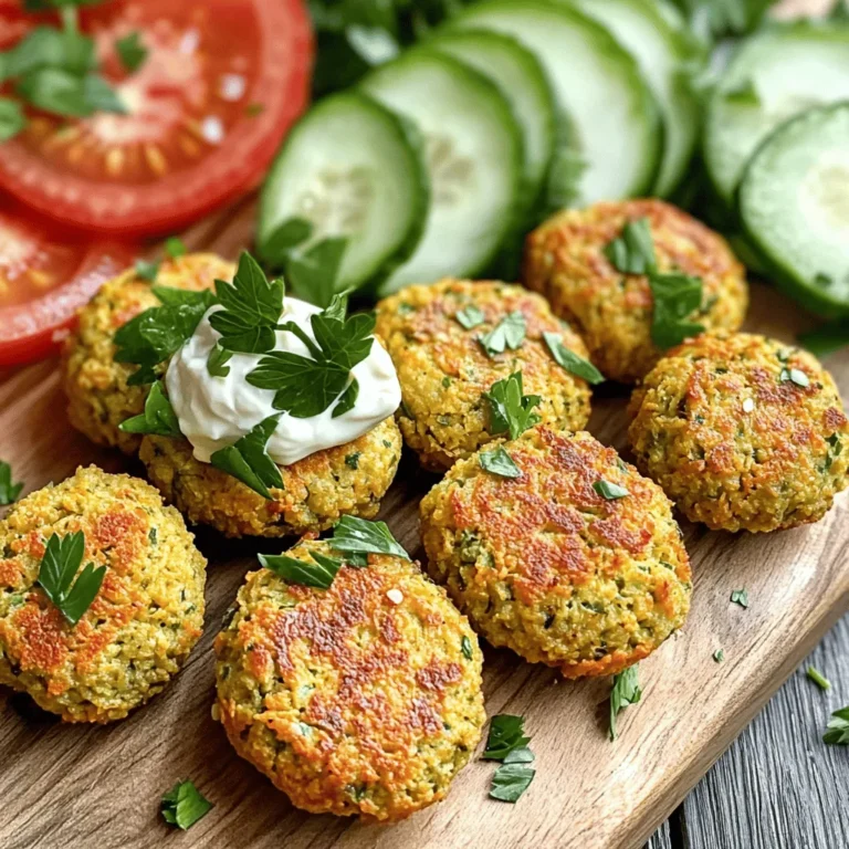 - 1 can (15 oz) chickpeas, drained and rinsed - 1 small red onion, roughly chopped - 3 cloves garlic, minced - 1 cup fresh parsley, tightly packed - 1 teaspoon ground cumin - 1 teaspoon ground coriander - ½ teaspoon baking powder - 1 teaspoon salt - ½ teaspoon black pepper - 2 tablespoons tahini - 1 tablespoon fresh lemon juice - ½ cup breadcrumbs (or oat flour for a gluten-free alternative) - Olive oil spray Every ingredient plays a key role in making your falafel great. - Chickpeas: They provide protein and fiber, making falafel filling. - Red onion: Adds sweetness and flavor depth. - Garlic: Offers a bold taste and health benefits. - Parsley: Brightens the dish and adds freshness. - Cumin and coriander: These spices add warmth and spice. - Baking powder: Helps the falafel rise for a lighter texture. - Salt and black pepper: Enhance all the flavors in the mixture. - Tahini: Adds creaminess and a nutty flavor. - Lemon juice: Brings brightness and balances the dish. - Breadcrumbs: Help bind the mixture and add crunch. - Olive oil spray: Ensures a crispy texture without excess fat. You can adjust ingredients based on what you have. - Chickpeas: Use cooked lentils or black beans for a twist. - Red onion: Substitute with green onions for a milder taste. - Parsley: Cilantro can replace parsley for a different flavor. - Tahini: Almond butter or sunflower seed butter can work too. - Breadcrumbs: Oat flour is great for gluten-free needs. - Lemon juice: Lime juice can be a zesty alternative. For the full recipe, check out the [Full Recipe]. To make your falafel, start by gathering your ingredients. You need chickpeas, red onion, garlic, and parsley. Place these in a food processor. Pulse them until they form a coarse mixture. Make sure to scrape the bowl so everything mixes well. Now, add cumin, coriander, baking powder, salt, black pepper, tahini, and lemon juice. Pulse again, but don’t overdo it. The mixture should be chunky for better texture. Next, move the mixture to a bowl. Stir in breadcrumbs. If it feels too wet, add more breadcrumbs until it holds together. Now that your mixture is ready, let’s shape the falafel. Use your hands to take portions of the mixture. Roll them into small balls or flatten them slightly. Aim for the size of a golf ball. This shape helps them cook evenly in the air fryer. Preheat your air fryer to 375°F (190°C). This step is key for getting crispy falafel. Lightly spray the air fryer basket with olive oil. Place the falafel in a single layer, leaving space between them. This space helps them cook well. Now, spray the tops of the falafel with olive oil for extra crispiness. Cook them for 12 to 15 minutes. Flip them halfway through. They should turn golden brown and crispy. Once they’re done, take them out and let them cool a bit. This cooling time helps the flavors mix. Enjoy your crispy air fryer falafel! To get crispy falafel, the mixture must be just right. Use dry chickpeas instead of canned ones. Soak them overnight in water. This helps the falafel hold its shape and get crispy. Make sure to add breadcrumbs or oat flour to help bind the mixture. The right amount of tahini and lemon juice keeps your falafel moist but not soggy. Preheating your air fryer is key for crispy falafel. It ensures the outside cooks quickly, forming a nice crust. Set the air fryer to 375°F (190°C) for about 5 minutes before cooking. This way, your falafel start cooking right away. The hot air circulates, giving you a crispy finish. Watch out for a few common mistakes. First, don’t over-process the chickpea mixture. It should be coarse, not a paste. Second, avoid overcrowding the air fryer. Give space between each falafel for even cooking. Lastly, skip the oil spray, and your falafel may stick. Lightly spray them before and during cooking for the best results. You can find the full recipe for more details. {{image_4}} To make your falafel spicy, add a pinch of cayenne pepper or red pepper flakes. Start with ¼ teaspoon and adjust to your taste. You can also mix in some chopped jalapeños for a fresh kick. These spices enhance the flavor and give your falafel a unique twist. Feel free to experiment until you find the right amount of heat that you enjoy. If you need a gluten-free option, you can use oat flour instead of breadcrumbs. Just pulse rolled oats in the food processor until fine. This keeps the falafel texture nice while making it safe for gluten-sensitive diets. You can also skip the breadcrumbs entirely for a more authentic taste. The chickpeas hold together well on their own if blended just right. Dips and sauces make falafel even better. I love serving them with tahini sauce for a rich flavor. You can also try a yogurt-based sauce for a creamy touch. Mix plain yogurt with lemon juice, garlic, and fresh herbs for extra taste. Serve falafel with warm pita bread, fresh veggies, or a simple salad. These sides complete the meal and add more color to your plate. To store leftover falafel, let them cool completely. Place them in an airtight container. They can last in the fridge for up to four days. Make sure to separate layers with parchment paper to avoid sticking. If you have a lot, consider portioning them out for easy use. Reheating falafel can be tricky. For best results, use the air fryer. Preheat it to 350°F (175°C). Cook the falafel for about five minutes. This brings back their crispiness. You can also use the oven at the same temperature. Avoid the microwave since it makes them soggy. To freeze falafel, first shape them but don’t cook them. Place them on a baking sheet lined with parchment paper. Freeze until solid, then transfer to a freezer bag. They can last up to three months. When ready to eat, cook them straight from the freezer. Just add a couple of extra minutes to the cooking time in the air fryer. Enjoy your crispy air fryer falafel anytime! For the full recipe, check the previous sections. Yes, you can make falafel without breadcrumbs. You can use oat flour as a gluten-free option. Other options include ground almonds or chickpea flour. These options help bind the mixture and give it structure. Just add enough so the mixture holds together when shaped into balls. Your falafel is cooked when it turns golden brown and crispy. The cooking time in the air fryer is about 12 to 15 minutes. Flip them halfway through for even cooking. You can also check the center with a toothpick. It should feel firm, not mushy. You can serve air fryer falafel with many tasty sides. Try warm pita bread for a classic touch. Fresh veggies like cucumber and tomato add crunch. A dollop of tahini sauce complements the falafel well. You can also add a side salad for freshness. For a fun twist, serve them in wraps or bowls with grains. Check out the full recipe for more ideas! In this post, we explored the key ingredients in air fryer falafel, including their benefits and possible substitutions. I shared a simple step-by-step guide to mix, shape, and cook the perfect falafel. You learned tips for achieving a crispy texture and easy variations for different tastes. Lastly, I explained how to store and reheat leftovers effectively. Now, you can enjoy delicious falafel anytime, with confidence in your cooking skills.