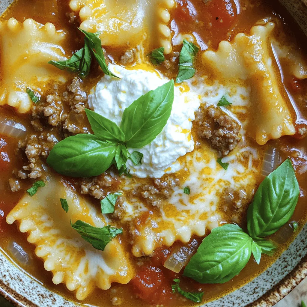 To make Easy Lasagna Soup, you need some key ingredients. Each one adds flavor and texture to your dish. Here's what you'll need: - 1 lb ground beef or turkey - 1 medium onion, diced - 3 cloves garlic, minced - 1 (28 oz) can crushed tomatoes - 4 cups beef or vegetable broth - 2 teaspoons Italian seasoning - 1 teaspoon salt - ½ teaspoon black pepper - 8 oz uncooked lasagna noodles, broken into bite-sized pieces - 1 cup ricotta cheese - 1 cup shredded mozzarella cheese, divided - ½ cup grated Parmesan cheese, divided - Fresh basil leaves, for garnish These ingredients come together for a warm and hearty meal. Ground beef or turkey gives the soup its rich base. Onion and garlic provide aroma and depth. Canned tomatoes and broth create the soup’s body. The lasagna noodles add the classic texture we love. The cheeses melt beautifully, making each bowl creamy and delicious. Don't forget fresh basil on top for a burst of flavor! For the full recipe, check out the section above. Now, gather these ingredients and get ready to cook! - Browning the Ground Meat Start by heating a large pot over medium heat. Add 1 pound of ground beef or turkey into the pot. Cook the meat for about 7-10 minutes. Use a wooden spoon to break the meat into smaller pieces. Once it is browned and no longer pink, drain any excess fat. - Sautéing Onion and Garlic Next, add 1 medium diced onion and 3 minced garlic cloves to the pot. Stir them together with the meat. Sauté everything for about 3-4 minutes. You want the onion to turn soft and translucent, and for the garlic to smell amazing. - Adding Tomatoes and Broth Pour in 1 can of crushed tomatoes and 4 cups of beef or vegetable broth. This will create a rich base for the soup. Stir gently to mix everything well. - Incorporating Seasonings Sprinkle in 2 teaspoons of Italian seasoning, 1 teaspoon of salt, and ½ teaspoon of black pepper. These spices will boost the flavor of your soup. Bring the mixture to a gentle simmer. Stir occasionally as it heats up. - Adding Noodles to the Soup Once your soup is simmering, it’s time to add the noodles. Break 8 ounces of uncooked lasagna noodles into bite-sized pieces. Toss them into the pot and stir well. - Cooking Time for Noodles Let the soup cook uncovered for about 10-12 minutes. Stir occasionally to avoid sticking. Check the noodles to make sure they are tender but not mushy. - Combining Ricotta and Mozzarella While the noodles are cooking, mix the cheeses. In a separate bowl, combine 1 cup of ricotta cheese with ½ cup of shredded mozzarella and ½ cup of grated Parmesan. Mix well until smooth. - Setting Aside the Mixture Set the cheese mixture aside while the soup finishes cooking. This will be the creamy topping for your soup. - Serving the Soup After the noodles are cooked, ladle the hot soup into bowls. Each bowl should be filled with that rich, meaty broth and tender noodles. - Cheese Melting Process Add a generous spoonful of the cheese mixture to the center of each bowl. Stir gently to allow the cheese to melt slightly into the soup. - Garnishing the Dish Top each bowl with the remaining mozzarella and Parmesan cheese. Allow a moment for the cheese to melt. For the final touch, sprinkle fresh basil leaves on top. This adds a bright flavor and a lovely look to your dish. For the full recipe, check out Cheesy Lasagna Soup Delight. For a richer taste, add in some veggies like spinach or bell peppers. You can also throw in cooked sausage or diced chicken for extra protein. Fresh herbs like basil or parsley lift the dish. They add bright flavor and make your soup look fancy. If you want al dente noodles, check them at 10 minutes. For softer noodles, let them cook longer. This helps you control the texture just how you like it. To save time, use pre-cooked meat or veggies. This makes your meal prep super quick and easy. Try these tips to make your easy lasagna soup even better! You can find the full recipe above to get started. {{image_4}} For a meatless version of this soup, you can use some easy swaps. - Substitutes for Meat Try using lentils or mushrooms instead of meat. These options add a hearty flavor. You can also use plant-based ground meat for extra protein. - Additional Vegetables to Include Add spinach, zucchini, or bell peppers to enhance the soup. These veggies bring color and nutrition. Carrots and peas can also make it more vibrant. If you need a gluten-free soup, there are simple choices. - Gluten-Free Lasagna Noodles Use gluten-free lasagna noodles made from rice or corn. They cook well and fit perfectly in this soup. - Alternative Broth Suggestions Choose a gluten-free broth, like vegetable or chicken broth. Check labels to ensure they meet your needs. Want some heat? You can easily spice up your soup. - Adding Heat with Peppers or Spices Add diced jalapeños or crushed red pepper flakes. You can start small and add more for extra kick. - Adjusting Seasonings Increase the Italian seasoning or add cayenne pepper. Tasting as you go helps you find the right heat level. To keep your Easy Lasagna Soup fresh, store it in an airtight container. This helps lock in flavor and moisture. Allow the soup to cool before sealing. Leftover soup can last in the fridge for about 3 to 4 days. If you think you won't finish it that soon, consider freezing some. Freezing lasagna soup is a simple process. First, let the soup cool completely. Then, pour it into freezer-safe containers or bags. Make sure to leave some space at the top for expansion. You can freeze it for up to 3 months. To reheat frozen soup, move it to the fridge for a night to thaw. You can also use the microwave or stovetop for faster reheating. If using the stovetop, heat slowly and stir often. Add a splash of broth if it seems too thick. Enjoy your delightful soup whenever you want! Yes, you can make this soup ahead. It stores well in the fridge. To prep, cook the soup fully, let it cool, and then place it in an airtight container. Keep it in the fridge for up to three days. When ready to eat, reheat it on the stove or in the microwave. To add creaminess, mix in ricotta cheese. You can also stir in some heavy cream or half-and-half. This will give the soup a rich, velvety texture. For extra flavor, add a sprinkle of nutmeg. These tips create a lovely creamy soup that feels comforting. Lasagna soup pairs well with crusty bread. You can also serve it with a fresh salad for balance. Garlic bread is another fun option. Pairing with a simple green salad adds freshness. Try a light vinaigrette to brighten the meal. Yes, you can use a slow cooker for this soup. Brown the meat first in a pan. Then, transfer it to the slow cooker with the other ingredients. Cook on low for 6-8 hours or high for 3-4 hours. This method helps the flavors blend beautifully. This blog post explored how to make a delicious lasagna soup. We covered the key ingredients, from ground beef to cheeses. You learned to prepare the meat, veggies, and soup base step-by-step. We discussed tips to enhance flavor and various adaptations, like vegetarian and gluten-free options. Storing and reheating your soup is easy with my storage tips. Now, you can enjoy lasagna soup that fits your taste and schedule. Happy cooking!