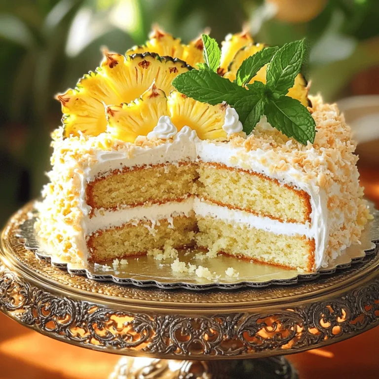 - 2 cups all-purpose flour - 1 ½ cups granulated sugar - 1 teaspoon baking powder - ½ teaspoon baking soda - ½ teaspoon salt - ½ cup unsalted butter, softened to room temperature - 1 cup buttermilk - 2 large eggs - 1 teaspoon vanilla extract - 1 cup crushed pineapple, well-drained - 1 cup sweetened shredded coconut The main ingredients of Pineapple Heaven Cake create a sweet and moist treat. The flour and sugar form the base. The baking powder and baking soda help the cake rise. Butter adds richness, while buttermilk keeps it tender. Eggs give structure and moisture. The vanilla extract adds a lovely flavor. Crushed pineapple and coconut make this cake truly heavenly. - ½ cup chopped pecans - Additional toppings (shredded coconut, pineapple slices) Optional add-ins can elevate your cake. Chopped pecans add a nice crunch. You can also top it with extra shredded coconut or pineapple slices. These touches make your cake look and taste even better. Each element helps you create your own version of this delightful dessert. Start by preheating your oven to 350°F (175°C). This step is key for even baking. Next, prepare two 9-inch round cake pans. Grease them well, then lightly flour them. This helps the cakes release easily after baking. In a large bowl, sift together the dry ingredients: - 2 cups all-purpose flour - 1 ½ cups granulated sugar - 1 teaspoon baking powder - ½ teaspoon baking soda - ½ teaspoon salt Mix them well using a whisk. This aerates the flour and blends the sugar. Now, add the softened butter. Beat it with an electric mixer on medium speed. You want it light and fluffy. Next, slowly pour in 1 cup of buttermilk. Mix until smooth. Add 2 large eggs, one at a time. Make sure to mix well after each egg. Then, gently fold in 1 teaspoon of vanilla extract. Now, it’s time for the fun part! Carefully add 1 cup of crushed pineapple, 1 cup of shredded coconut, and ½ cup of chopped pecans if you want. Mix these in gently so they spread evenly through the batter. Divide the batter equally between the two prepared pans. Use a spatula to smooth the tops. Place the pans in your preheated oven. Bake for 25-30 minutes. To check if they are done, insert a toothpick into the center. It should come out clean. Once baked, remove the cakes from the oven. Let them cool in the pans for about 10 minutes. After that, invert the cakes onto wire racks. Let them cool completely before frosting. To bake the perfect Pineapple Heaven Cake, start by greasing your pans well. This helps prevent sticking. I like to flour the pans too. It makes it easier to remove the cakes later. Always check your oven temperature. An even temperature helps your cake bake nicely. To check if your cake is done, use a toothpick. Insert it into the center. If it comes out clean, your cake is ready. You have two great choices for frosting. Whipped cream is light and fluffy. It adds a nice touch to the cake. To make it, beat heavy cream with sugar until it forms stiff peaks. Cream cheese frosting is richer and tangy. Mix cream cheese with powdered sugar and a bit of vanilla. Both frostings taste amazing with this cake. Presentation can make your cake even more special. Use a fancy cake stand for a stunning look. Top the cake with shredded coconut for a tropical vibe. Add a few pineapple slices for color. You can also sprinkle fresh mint leaves around the base. This adds a refreshing touch. For the full recipe, check out the complete guide. {{image_4}} You can make Pineapple Heaven Cake even more special with simple swaps. If you want a gluten-free cake, try using almond flour or a gluten-free blend. These can replace all-purpose flour 1:1. If you need a dairy-free option, swap buttermilk for almond milk mixed with a bit of vinegar. This gives the same tangy taste without dairy. Adding spices can take your cake to a new level. Try mixing in a teaspoon of cinnamon or nutmeg for warmth. These spices blend well with pineapple's sweetness. You can also change the nuts you use. Instead of pecans, try walnuts or macadamia nuts. Each nut brings its unique crunch and flavor. For the full recipe, check out the complete instructions for making this delightful cake! To keep your Pineapple Heaven Cake fresh, wrap it well. Use plastic wrap or foil. This keeps moisture in and air out. Store the cake in the fridge. It will stay good for about 5 days. If you want to keep it longer, try freezing it. Freezing Pineapple Heaven Cake is easy. First, let the cake cool completely. Wrap each layer in plastic wrap tightly. Then, place them in a freezer bag. This helps prevent freezer burn. You can freeze the cake for up to 3 months. To thaw, move the cake to the fridge overnight. If you're in a hurry, you can leave it at room temperature for a few hours. Once thawed, frost and enjoy! For the full recipe, check the earlier section. Pineapple Heaven Cake is a moist and sweet dessert. It combines cake layers with crushed pineapple and shredded coconut. The origins trace back to home bakers in the 1970s, who wanted to create a tropical treat. This cake is perfect for gatherings or any day you crave something delicious. You will love how easy it is to make and how quickly it disappears at parties. Yes, you can! Fresh pineapple adds a bright flavor. However, it has more juice than canned. To use fresh pineapple, chop it finely and drain it well. This prevents the cake from becoming soggy. Remember that canned pineapple is often sweeter, so adjust sugar in your recipe if needed. Both options taste great, so use what you have on hand. Pineapple Heaven Cake lasts about 3-4 days at room temperature. Be sure to store it in an airtight container. If you want to keep it longer, you can freeze it. When frozen, it stays good for up to three months. Thaw it in the fridge overnight before serving. This way, you can enjoy a slice of paradise anytime! Pineapple Heaven Cake brings joy and flavor to your kitchen. We covered its main ingredients and optional add-ins that make it special. You learned step-by-step instructions for mixing, baking, and cooling. Baking tips, frosting options, and presentation ideas ensure a great finish. Variations for dietary needs allow everyone to enjoy this treat. Lastly, we discussed best storage practices. With these tips, you can create and savor this delightful cake today! Enjoy every slice.