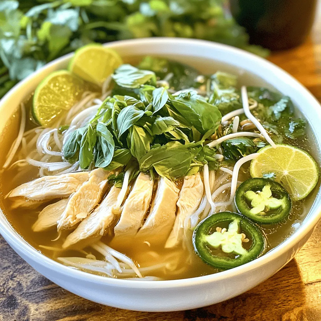 To make a delicious Simple Chicken Pho, you need the following ingredients: - 1 lb chicken breast, thinly sliced - 8 cups chicken broth - 1 onion, thinly sliced - 1 piece of ginger (2 inches), thinly sliced - 2 star anise pods - 1 cinnamon stick - 3 whole cloves - 2 tablespoons fish sauce - 1 tablespoon soy sauce - 1 package rice noodles (8 oz) - Fresh basil leaves, for garnish - Fresh cilantro leaves, for garnish - Bean sprouts, for garnish - Lime wedges, for serving - Sliced jalapeños (optional), for serving - Salt, to taste This list gives you all the key flavors. The chicken breast adds protein, while the spices give the soup depth. The broth is the heart of the dish, providing warmth and comfort. Fresh herbs and lime enhance the flavor and freshness. If you want to learn more about cooking this soup, check out the Full Recipe. - Bring chicken broth to a gentle boil. - Add onion, ginger, star anise, cinnamon stick, and cloves. - Simmer for 15 minutes. I like to start with a large pot of chicken broth. You want it to boil gently. Once it bubbles, add sliced onion and ginger. The smell is amazing! Then toss in the star anise, cinnamon stick, and cloves. This will make your broth fragrant. Let it simmer for 15 minutes. The longer it cooks, the better it tastes. - Follow package instructions to prepare rice noodles. - Drain and set aside. While the broth simmers, I prepare the rice noodles. Just follow the package instructions. It usually takes only a few minutes. Once they are soft, drain them well. Set them aside for later. - Strain broth and return to pot. - Stir in fish sauce and soy sauce. - Add chicken and cook until tender. - Serve noodles in bowls and ladle broth over. After 15 minutes, it’s time to strain the broth. Use a fine sieve to remove the spices. Pour the clear broth back into the pot. Stir in fish sauce and soy sauce. Taste it! You can adjust the salt if needed. Then, add the thinly sliced chicken. Cook it for about 5 to 7 minutes. It should be tender and fully cooked. To serve, place some rice noodles in each bowl. Ladle the hot broth over the noodles. Make sure to get pieces of chicken in there too. It's delicious! You can garnish with fresh basil, cilantro, and bean sprouts. Lime wedges add a nice touch. If you like spice, add jalapeños on the side. This is a simple chicken pho that warms the soul. For the full recipe, check out the detailed instructions above. - Adjust seasoning with salt to taste. - Consider adding more herbs or spices. For example, fresh cilantro adds a burst of freshness. - Use a fine sieve for a clear broth. This step keeps your soup looking clean. - Keep chicken tender by monitoring cooking time. Cook it just until it turns white. - Garnish creatively with herbs and lime wedges. A pop of green looks great! - Arrange ingredients for an appealing look. Layer noodles, chicken, and broth nicely for the best presentation. {{image_4}} You can make your chicken pho even better with veggies. I like to add sliced mushrooms or bok choy. These ingredients bring extra flavor and nutrients. Just toss them in when you add the chicken. They will cook quickly and keep their crunch. If you're looking for a vegetarian option, tofu is a great choice. Just cube it and add it to the broth instead of chicken. It absorbs flavors well and adds a nice texture. If you're short on time, you can also use rotisserie chicken. It’s already cooked, so just shred it and add it to the hot broth. Feel free to get creative with your broth! You can try using beef or vegetable broth instead of chicken broth. Each type brings its own unique taste. Experimenting with different broth bases can lead to exciting new flavors. Just remember to adjust your seasonings to match the broth you choose. These variations make your simple chicken pho even more enjoyable. They allow you to customize your soup based on what you have at home or your dietary needs. For the full recipe, check out the Herbal Delight Chicken Pho. After enjoying your Simple Chicken Pho, let any leftovers cool down. Refrigerate leftovers in an airtight container. They will stay fresh for up to three days. Make sure to keep the broth and noodles separate for the best taste. If you want to store your pho longer, freezing is a great option. Freeze the broth and noodles separately for best texture. This way, the noodles won’t get mushy. You can keep them in the freezer for up to two months. When you're ready to enjoy your pho again, reheating is simple. Use the stovetop or microwave to warm it up. If the broth seems thick, add a bit of water or broth to adjust the liquid. This will help bring back its original flavor and texture. It takes about 15 minutes to prep and 25 minutes to cook. So, in total, you need just 40 minutes to enjoy this comforting soup. This recipe serves four people, making it perfect for a cozy family meal or a small gathering. Yes, you can use dried herbs. However, fresh herbs give your pho a brighter and fresher taste. Fresh basil and cilantro add a nice pop of flavor. If you want the best taste, I recommend sticking with fresh herbs when possible. If you don’t have fish sauce, don't worry! Soy sauce or coconut aminos are great substitutes. They both add umami flavors to your broth. This way, you still get a delicious taste in your pho. For a vegetarian option, coconut aminos is a fantastic choice. This article covered the key ingredients for making Simple Chicken Pho, from chicken and spices to garnishes. I shared step-by-step instructions to prepare a flavorful broth, cook the noodles, and serve the dish with appealing garnishes. You can also try variations to fit your taste. Whether adding veggies or swapping proteins, Pho is versatile. Remember to store leftovers properly for future meals. Enjoy crafting your own delicious bowl of Pho!