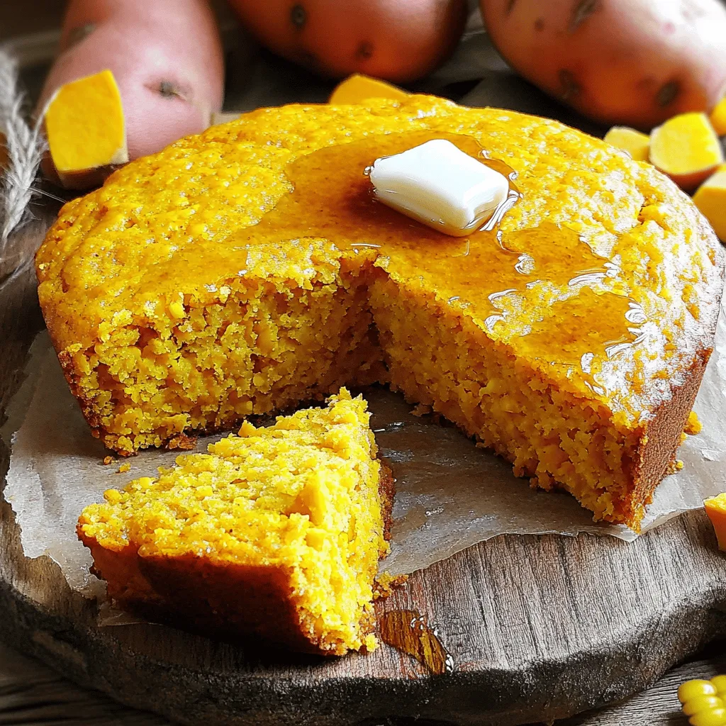 To make this tasty honey butter sweet potato cornbread, you need: - 1 cup mashed sweet potatoes (about 1 large sweet potato) - 1/2 cup unsalted butter, softened to room temperature - 1/2 cup honey - 1 cup buttermilk - 2 large eggs, at room temperature - 1 cup cornmeal - 1 cup all-purpose flour - 1 tablespoon baking powder - 1/2 teaspoon salt - 1/2 teaspoon ground cinnamon - 1/4 cup corn kernels (fresh or frozen, thawed if frozen) These ingredients blend together to create a soft, sweet treat that is perfect for sharing. If you don't have all the ingredients, here are some easy swaps: - Instead of buttermilk, use regular milk with a splash of vinegar or lemon juice. - Swap unsalted butter for coconut oil or a dairy-free butter if needed. - Use maple syrup instead of honey for a different sweetness. - For gluten-free options, try gluten-free flour blends in place of all-purpose flour. These substitutions can keep your cornbread delicious while catering to your pantry or dietary needs. Feel free to customize your cornbread with these tasty add-ins: - Chopped jalapeños for a spicy kick. - Shredded cheese for a savory twist. - Fresh herbs like rosemary or thyme for an aromatic touch. - Diced cooked bacon for a smoky flavor. These add-ins can make your cornbread unique and fun to share at gatherings. For the full recipe, check out the complete instructions to bake this delightful dish. First, preheat your oven to 400°F (200°C). This is key for even baking. Grease an 8-inch square baking dish or a cast-iron skillet. Use unsalted butter or non-stick spray to prevent sticking. This small step helps ensure a clean release after baking. In a medium bowl, combine 1/2 cup softened butter and 1/2 cup honey. Beat them together with an electric mixer for about 2-3 minutes. The mix should be creamy and smooth. Next, add 1 cup of mashed sweet potatoes, 1 cup of buttermilk, and 2 large eggs. Mix on low speed until it’s all blended. The mixture should look smooth and well-combined. In another bowl, whisk together 1 cup cornmeal, 1 cup all-purpose flour, 1 tablespoon baking powder, 1/2 teaspoon salt, and 1/2 teaspoon ground cinnamon. This blend helps the cornbread rise nicely. Gradually add this dry mix to the wet mixture. Stir gently until just combined. A few lumps are fine; don’t overmix. Finally, fold in 1/4 cup corn kernels. Pour the batter into the prepared dish and smooth the top. Bake for 25-30 minutes. Look for a golden-brown top and a clean toothpick when testing. After baking, let it cool for about 10 minutes before cutting. Enjoy this warm, flavorful treat! For the full recipe, check the details above. To get fluffy cornbread, you need to mix well but not too much. When you mix the wet and dry ingredients, stop when you still see some lumps. This helps keep the cornbread light and airy. Overmixing can lead to a dense texture. Make sure your ingredients are at room temperature, especially the eggs and buttermilk, for the best rise. You can take this cornbread to the next level with spices. Try adding a pinch of nutmeg or cayenne pepper for a unique twist. Fresh herbs like rosemary or thyme can also add depth. If you like it sweet, consider adding a little vanilla extract or even more honey. Each of these will enhance the sweet potato flavor and make every bite delightful. Serve this cornbread warm. Drizzle extra honey on top for sweetness. A pat of butter adds richness. You can pair it with savory dishes like chili or stew. It also works great at breakfast with eggs. For a fun twist, serve it in a cast-iron skillet for a rustic look. This way, everyone can dig in and enjoy! Check out the Full Recipe to get started on this tasty dish. {{image_4}} When you make Honey Butter Sweet Potato Cornbread, you can mix things up. There are many ways to change the recipe to suit your taste. To make a gluten-free version, swap out the all-purpose flour. Use a gluten-free blend instead. Many blends work well for baking. Make sure it has xanthan gum for the best texture. This change keeps the cornbread soft and light. You can add savory flavors too! Try mixing in cheese for a rich taste. Cheddar or feta works great. Adding herbs can also boost flavor. Fresh rosemary or thyme brings a nice touch. Just fold in your chosen add-ins gently. This keeps the cornbread fluffy. Feel free to get creative with the seasons. In fall, add pumpkin spice for a warm taste. You can also mix in chopped apples or pears. In spring or summer, fresh herbs and veggies like jalapeños can brighten the dish. Each change makes the cornbread special and fun! Don't forget to check out the Full Recipe for more tips and tricks. To keep your cornbread fresh, wrap it in plastic wrap or aluminum foil. Place it in an airtight container. Store it at room temperature for up to two days. If you want to keep it longer, consider refrigerating it. In the fridge, it stays good for about a week. Always let it cool before storing to avoid moisture buildup. Freezing is a great way to save extra cornbread. Once cooled, cut it into squares. Wrap each piece in plastic wrap, then place them in a freezer bag. Label the bag with the date. You can freeze it for up to three months. When you want to enjoy it, just take out a piece and let it thaw overnight in the fridge. To reheat your cornbread, preheat the oven to 350°F (175°C). Place the cornbread on a baking sheet. Cover it with foil to keep it moist. Heat for about 10-15 minutes. For a quicker option, you can use the microwave. Heat each piece for about 15-20 seconds. Enjoy your warm, sweet cornbread with honey and butter! Try this method for the best results after following the Full Recipe. You can serve Honey Butter Sweet Potato Cornbread with many dishes. It pairs well with soups, stews, and salads. Try it with a hearty chili or a warm bowl of chicken soup. The sweet and buttery flavor enhances savory meals. For breakfast, serve it with maple syrup or fresh fruit. The options are endless! This recipe stands out due to the sweet potatoes and honey. Traditional cornbread is often dry and crumbly. In contrast, this recipe yields a moist and sweet texture. The sweet potatoes add flavor and nutrition. Honey brings out natural sweetness, making it a delightful twist on a classic. Yes, you can prepare this recipe ahead of time! You can mix the wet and dry ingredients separately. Store them in the fridge overnight. When ready, combine and bake. This way, you save time when serving. It keeps well for a day or two, but the taste is best fresh. To achieve a moist cornbread, use fresh ingredients. Make sure your sweet potatoes are well mashed. Overmixing can create a dry texture, so mix gently. Adding buttermilk also helps keep it moist. Don’t skip the honey; it adds sweetness and moisture. For the best results, follow the Full Recipe closely! In this article, I covered how to make honey butter sweet potato cornbread. We looked at the main ingredients, substitutions, and optional add-ins. I shared step-by-step baking instructions, tips for the best texture, and flavor ideas. You have learned about variations and how to properly store leftovers. This bread is great for meals or snacks. Try switching up ingredients or add-ins to suit your taste. With these tips, you can create the best cornbread that everyone will enjoy. Happy baking!