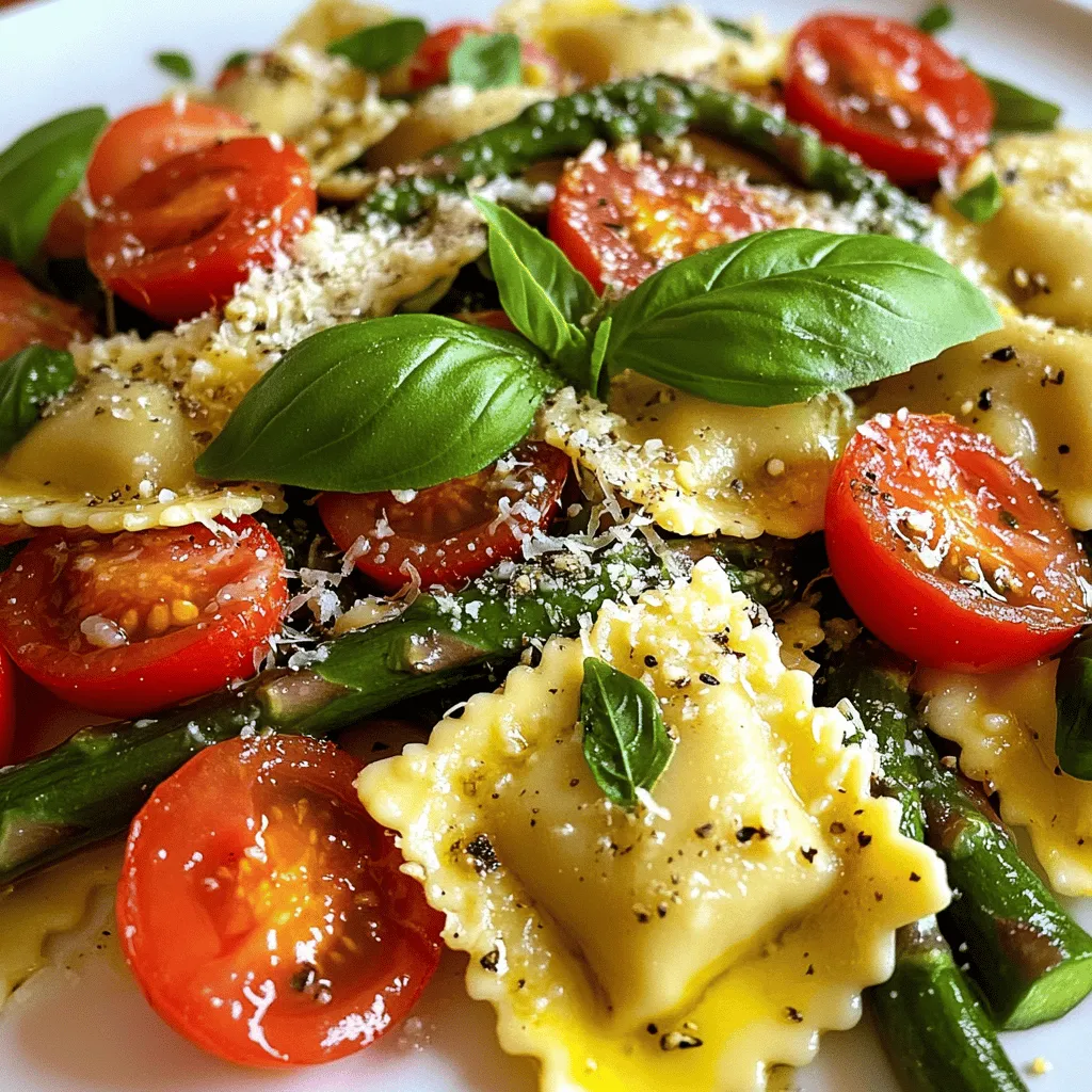 For this dish, you will need 250g of fresh ravioli. You can choose between cheese-filled or spinach-filled ravioli. Both options work well. Fresh ravioli cooks fast and adds a soft texture. You can find fresh ravioli at many grocery stores or make your own if you feel adventurous. You will need the following vegetables: - 200g cherry tomatoes, halved - 150g asparagus, trimmed and cut into 2-inch pieces Cherry tomatoes will provide sweetness and color. Asparagus adds a nice crunch and flavor. Make sure to choose fresh, bright vegetables for the best taste. For seasoning, gather these ingredients: - 3 tablespoons extra virgin olive oil - 2 cloves garlic, minced - 1 teaspoon dried oregano - Sea salt and freshly cracked black pepper to taste - 50g Parmesan cheese, freshly grated - Fresh basil leaves for garnish The olive oil gives richness, while garlic adds a wonderful aroma. Oregano brings warmth to the dish. Salt and pepper enhance all the flavors. Finally, fresh basil and Parmesan cheese on top make the dish look and taste amazing. You can find the full recipe in the earlier sections. First, boil a large pot of salted water. Add the fresh ravioli. Cook them for about 3-4 minutes. They are ready when they float to the top. Drain the ravioli but keep about 1/4 cup of the pasta water. Set the ravioli aside for now. This water will help the sauce later. Next, grab a large skillet and heat the extra virgin olive oil over medium heat. When the oil is hot, add the minced garlic. Sauté the garlic for about 30 seconds. You want it fragrant but not burnt. Then, add the asparagus pieces to the skillet. Cook them for about 3-4 minutes. Stir them often so they cook evenly. The asparagus should be tender but still crunchy. Now, stir in the halved cherry tomatoes and dried oregano. Continue cooking for another 3-4 minutes. The tomatoes should soften and release their juices. Season with sea salt and black pepper to taste. Now it's time to bring it all together. Gently add the cooked ravioli to the skillet. Pour in the reserved pasta water as well. Use tongs or a spatula to toss everything together. Heat for another 1-2 minutes until warmed through. To serve, plate the ravioli mixture in shallow bowls. This makes the colors pop. Finally, sprinkle freshly grated Parmesan cheese on top. Add fresh basil leaves for a nice touch. This dish looks and tastes amazing. Enjoy your homemade ravioli with tomatoes and asparagus! For the complete preparation, refer to the Full Recipe. To get the best ravioli, use fresh pasta. It cooks faster and tastes better. Boil water until it bubbles, then add salt. Cook the ravioli for 3-4 minutes. They float when done. This means they are light and tender. If you like a bit of bite, try not to overcook them. Flavor is key in this dish. Start with good olive oil; it adds richness. Use fresh garlic for a strong aroma. Add dried oregano, which boosts the taste. Fresh herbs like basil give a nice finish. Don’t forget to season with salt and pepper. Taste as you go, and adjust the flavors to your liking. Presentation matters. Serve in shallow bowls to show off the colors. Top with freshly grated Parmesan for a creamy touch. Add basil leaves for green accents. Drizzle a bit of olive oil for shine. This makes your dish look as good as it tastes. Remember, we eat with our eyes first! You can find the full recipe [here](#). {{image_4}} You can change the filling in your ravioli for a new taste. Cheese ravioli is rich and creamy. Spinach ravioli adds a fresh, green flavor. Want to try something different? Go for mushroom, butternut squash, or even lobster fillings. Each option brings unique tastes that pair well with tomatoes and asparagus. Asparagus is a star in this dish, but other veggies work too. Try zucchini, bell peppers, or peas for a different twist. Broccoli florets add a nice crunch. If you want more color, mix in rainbow carrots or snap peas. These veggies can change the look and taste of your meal. Seasoning can make or break a dish. If you like it spicy, add red pepper flakes. A squeeze of lemon juice brightens flavors. For an herb twist, try fresh thyme or rosemary. Adjust salt and pepper to suit your taste. Experimenting with seasonings can lead to exciting new flavors. Check the [Full Recipe] for a base to start from! To keep leftover ravioli fresh, place it in an airtight container. You can store it in the fridge for up to three days. Make sure to let it cool before sealing. If you have extra sauce, store it separately to avoid sogginess. This way, your dish stays vibrant and tasty. When you're ready to enjoy your leftover ravioli, reheat it gently. You can use a skillet over low heat, adding a splash of water or olive oil. Stir occasionally to warm it evenly. If you prefer the microwave, place it in a bowl with a damp paper towel. Heat in short bursts, stirring in between to avoid overcooking. For meal prep, you can freeze ravioli for up to two months. Lay the cooked ravioli on a baking sheet in a single layer. Freeze them until solid, then transfer to a freezer bag. Remove as much air as possible. When you're ready to eat, boil or sauté directly from frozen, adding a few extra minutes to the cooking time. For the complete recipe, check out the Full Recipe. Yes, this dish is great for vegetarians. The ravioli can be cheese or spinach-filled, which are both meat-free. The fresh veggies add flavor and nutrients. Absolutely! Store-bought ravioli saves time. Look for fresh or frozen types in your local store. Just follow the package instructions for cooking. If you need a substitute for Parmesan cheese, try using nutritional yeast. It gives a similar flavor and is perfect for vegans. Grated pecorino or a nut-based cheese also works well. For the full recipe, check out the detailed steps and enjoy your cooking experience! In this post, we explored making a delicious ravioli dish. We looked at fresh ravioli options, essential vegetables, and seasoning ingredients. I shared step-by-step instructions for preparation, cooking, and serving. We discussed tips for achieving the perfect texture and enhancing flavors, along with presentation ideas. Variations include different fillings and seasonings. Lastly, I covered how to store and reheat leftovers. Overall, you can create a tasty meal that fits your needs. Enjoy your cooking adventure and make it your own!