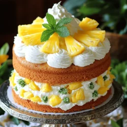 To create this delightful Pineapple Cream Cake, gather the following ingredients: - 1 cup all-purpose flour - 1 teaspoon baking powder - ½ teaspoon baking soda - ¼ teaspoon salt - ½ cup unsalted butter, softened - 1 cup granulated sugar - 2 large eggs - 1 teaspoon pure vanilla extract - ½ cup whole milk - 1 cup crushed pineapple, well-drained - 1 cup heavy cream, chilled - 2 tablespoons powdered sugar - 1 teaspoon coconut extract - Garnish: Fresh pineapple slices and mint leaves These ingredients work together to create a moist and flavorful cake. The crushed pineapple brings sweetness and a hint of tartness, while the coconut extract adds a tropical flair. The whipped cream topping gives it a light and airy finish. When you combine these elements, you get a dessert that is both simple and indulgent. You can find the full recipe to guide you through each step to make this cake. Enjoy the process of mixing and baking, and look forward to the delicious taste of your homemade creation! - Setting the temperature: Start by preheating your oven to 350°F (175°C). This ensures even baking. - Preparing the cake pan: Grease an 8-inch round cake pan with butter. Dust it with flour to stop the cake from sticking. - Dry ingredients preparation: In a medium bowl, whisk together 1 cup of flour, 1 teaspoon of baking powder, ½ teaspoon of baking soda, and ¼ teaspoon of salt. Make sure they mix well. - Creaming butter and sugar: In a large bowl, cream ½ cup of softened butter and 1 cup of granulated sugar. Use an electric mixer on medium speed until it is light and fluffy, about 3-5 minutes. - Adding eggs and vanilla: Add 2 large eggs one at a time. Mix well after each one. Then, add 1 teaspoon of pure vanilla extract and blend it in. - Combining wet and dry ingredients: Gradually add the dry mixture to the butter mix, alternating with ½ cup of whole milk. Start with a third of the dry mix, then half of the milk, and mix well. Finish with the dry mixture. Gently fold in 1 cup of well-drained crushed pineapple until it spreads evenly. - Transferring batter to the pan: Pour the batter into the prepared cake pan. Smooth the top with a spatula. - Baking time and testing readiness: Bake for 25-30 minutes. To check if it’s done, insert a toothpick into the center. It should come out clean. - Cooling tips: After baking, let the cake cool in the pan for 10 minutes. Then transfer it to a wire rack to cool completely. For the complete recipe, check the recipe section above. To get a light and fluffy cake, use the right creaming technique. Start with softened butter. Beat it with sugar until it looks pale and fluffy. This process helps add air to your batter. Next, make sure your eggs are at room temperature. Cold eggs may not mix well, which can affect the cake's rise. You can jazz up your cake in many ways. Try adding coconut or lime zest for a tropical twist. If you want a stronger flavor, use fresh pineapple instead of canned. Fresh fruit usually has more juice and taste. If using canned, choose the one in juice, not syrup, for a lighter cake. Garnishing makes your cake look stunning. Top it with fresh pineapple slices and mint leaves. This adds color and freshness. For a fun touch, you can sprinkle toasted coconut on top. Serve slices with a dollop of whipped cream. It makes each bite extra special. Enjoy the bright, sweet flavors! {{image_4}} You can have fun with flavors in your pineapple cream cake. Try adding coconut for a tropical twist. You can also mix in other fruits like mango or strawberries for a unique taste. If you love chocolate, you can create a chocolate variation. Just swap some flour for cocoa powder. For a vanilla version, use vanilla bean paste instead of extract. Each choice brings a new flavor to life. For those who need gluten-free options, you can use gluten-free flour. It works well and keeps the cake light. You can find gluten-free blends at many stores. If you want dairy-free options, replace butter with coconut oil. Use almond milk instead of whole milk. The cake will still taste great while being kinder to your diet. You can serve this cake in different styles. A layered cake looks beautiful on any table. Just slice the cake in half and add cream in between. If you prefer a fun treat, try making cupcakes. Use muffin tins to bake smaller cakes. They are perfect for parties and easy to share. For more details, don't forget to check the Full Recipe for all steps and tips! To keep your pineapple cream cake fresh, store it in the fridge. Use an airtight container to prevent it from drying out. Place a piece of plastic wrap over the cake if you do not have a container. This extra step helps keep the cake moist and tasty. If you want to freeze the cake, slice it first. Wrap each slice in plastic wrap and then place them in a freezer bag. This keeps the cake fresh for later enjoyment. In the fridge, your pineapple cream cake lasts about 4 to 5 days. Always check for signs of spoilage. If you see mold or an off smell, it's best to toss it. The cake may also dry out if stored too long, losing its soft texture. If you want to refresh the cake, simply take it out of the fridge. Let it sit at room temperature for about 20 minutes. This helps restore some of its softness. If the cake feels dry, you can add a bit of whipped cream on top before serving. This adds moisture and flavor, making each bite delightful. To test if the cake is done, use a toothpick. Insert it in the center of the cake. If it comes out clean, the cake is ready. If it has batter on it, bake a few more minutes. The top should look golden brown, and it should spring back when touched gently. Yes, you can make this cake ahead of time. Bake the cake and let it cool completely. Wrap it tightly in plastic wrap. It can stay in the fridge for up to three days. For longer storage, freeze it for up to two months. Just remember to thaw it in the fridge before serving. If you can’t find crushed pineapple, try using other fruits. Mashed bananas or applesauce work well. You can also use canned peaches or mango, but drain them well. Adjust sweetness by adding a little sugar if needed. This keeps the cake moist and tasty. This blog post provided a clear guide to making a delicious cake. You learned about the key ingredients, step-by-step instructions, and helpful tips for the best results. Whether you want to try different flavors or store your cake, the information in this post will set you up for success. Remember, baking is an art that gets easier with practice. Enjoy experimenting and sharing your creations with others!