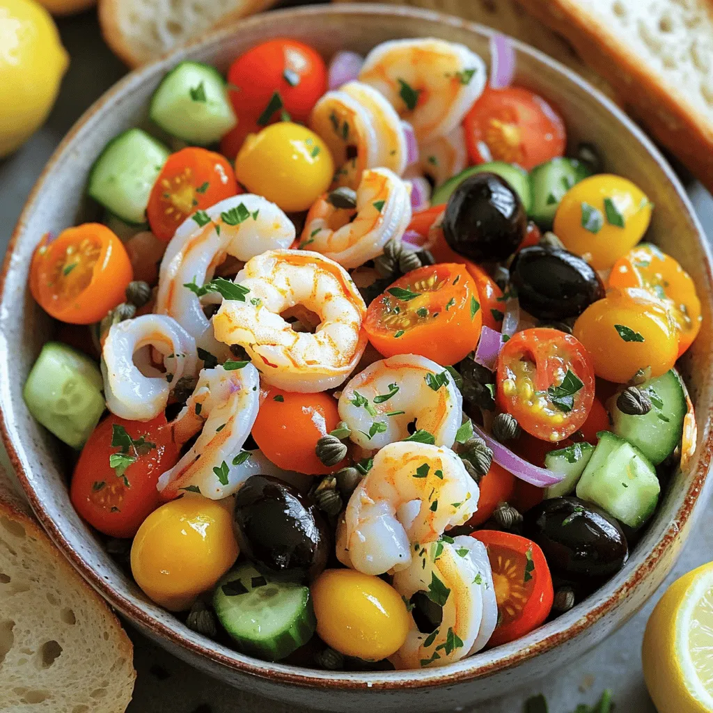 - 1 cup cooked shrimp, peeled and deveined - 1 cup calamari rings, cooked and tender - 1 cup mussels, cooked and shelled - 1 cup cherry tomatoes, halved - 1 cucumber, diced into small cubes - 2 tablespoons fresh parsley, finely chopped - Sea salt - Black pepper - Juice of 1 lemon (about 2 tablespoons) - 3 tablespoons extra-virgin olive oil - 2 tablespoons capers, rinsed and drained This dish bursts with fresh flavors. The main ingredients, like shrimp and calamari, offer a rich taste of the sea. Mussels add a unique texture that completes the salad. The vegetables bring a crisp bite to the mix. Cherry tomatoes provide juicy sweetness. Diced cucumber adds cool crunch. Fresh parsley infuses a bright flavor. For the dressing, lemon juice gives zest and vibrancy. Extra-virgin olive oil adds richness. Rinsed capers introduce a salty pop. Together, they create a perfect balance. You can find the full recipe at the end of this article. Enjoy making this delightful seafood salad! Start with a large mixing bowl. Combine the cooked shrimp, calamari rings, and mussels. I like to ensure that the seafood is spread evenly in the bowl. This step helps with even flavor and texture throughout the salad. Next, add in the halved cherry tomatoes, diced cucumber, thinly sliced red onion, and black olives. Don't forget the capers! Gently fold these ingredients into the seafood mixture. Be careful not to mash them; you want to keep the integrity of each piece. Now it's time to drizzle on the lemon juice and extra-virgin olive oil. This adds brightness and richness to the salad. Toss everything gently with a large spoon to coat all the ingredients well. Finally, sprinkle with chopped parsley, sea salt, and freshly cracked black pepper. Let the salad rest at room temperature for about ten minutes. This allows the flavors to meld beautifully before serving. For the full recipe, check out the complete instructions. When choosing seafood, look for bright colors and a clean smell. For shrimp, they should be firm and springy. Check calamari for a shiny surface and a mild scent. Mussels must be closed tightly; if they are open, they are not fresh. Fresh seafood keeps you safe and makes your salad tasty. To kick up the flavor, add fresh basil or dill. A pinch of red pepper flakes can give a nice kick too. It’s key to let the salad rest for about ten minutes. This helps all the flavors blend beautifully. Serve your salad on a large, colorful platter. You can arrange the seafood and veggies in a circle for a lovely display. Garnish with lemon wedges and extra parsley. This makes the dish pop and look inviting. For extra appeal, offer some crusty bread on the side. For the full details on making this delicious dish, check out the Full Recipe. {{image_4}} You can make your Italian seafood salad even better. Try adding other seafood like crab or lobster. These additions bring a new taste and texture. You can also toss in seasonal vegetables. Think about bell peppers in summer or roasted squash in fall. Each vegetable adds color and flavor. If you need a gluten-free version, skip any bread. Focus on fresh seafood and veggies. You can also make it dairy-free by avoiding creamy dressings. For a vegan twist, use plant-based seafood like hearts of palm. They mimic the texture and add a fun surprise. Dressings can change the whole dish. Explore different vinaigrettes like balsamic or red wine. These add a tangy kick. Citrus-infused dressings are also a great choice. You can mix lemon juice with olive oil for a bright, fresh taste. Consider trying flavored oils, too, for a unique flair in your salad. For the complete recipe, check out the Full Recipe section. To keep your seafood salad fresh, store it in an airtight container. This helps prevent any odors from mixing with your salad. Place it in the fridge right after serving. The salad stays good for about 2 to 3 days. Always check for any signs of spoilage before enjoying leftovers. Freezing seafood salad is not the best choice. Seafood can lose its texture and flavor when frozen. If you need to freeze it, do so without the dressing. Place the salad in a freezer-safe container and use it within a month. When you thaw it, let it sit in the fridge overnight. This helps maintain some of the texture. To serve leftovers, take only what you need. Do not heat the entire salad, as seafood can become rubbery. If you prefer a warm dish, gently warm the seafood in a pan over low heat. Ensure it is hot but not overcooked. Always check the temperature to keep it safe to eat. Enjoy your seafood salad fresh for the best taste! Italian seafood salad is a fresh dish that hails from coastal regions of Italy. This salad features a mix of seafood like shrimp, calamari, and mussels. It also includes vibrant veggies like cherry tomatoes and cucumber. The bright flavors come from lemon juice and olive oil. The dish captures the essence of Italian cuisine with its simple yet bold components. Yes, you can make Italian seafood salad ahead of time. Prepare it a few hours before serving for the best flavor. Store it in the fridge in an airtight container. This keeps it fresh and cool for later. Just remember to give it a gentle toss before serving. If it sits too long, the seafood may lose its texture. Italian seafood salad pairs well with crusty bread. The bread soaks up the delicious dressing. You can also serve it with a light white wine to enhance the meal. A simple green salad or roasted vegetables complement it nicely too. For a special touch, add a side of garlic bread or a fresh fruit platter. This article explored the essential ingredients and steps for making Italian Seafood Salad. You learned how to prepare fresh seafood, mix vibrant vegetables, and create a flavorful dressing. I shared tips for selecting and storing seafood, plus variations to try. In conclusion, this dish is easy to make and adapt. Whether you're a seafood lover or just curious, you can enjoy this salad any time. Dive into the flavors and make it your own!