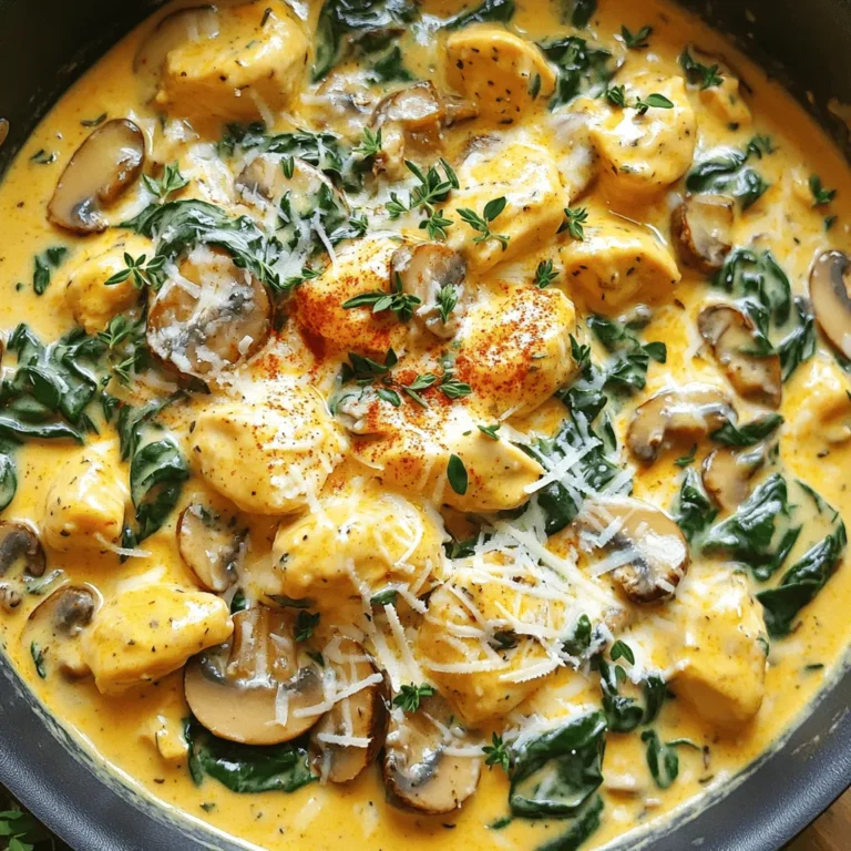 - 4 boneless, skinless chicken breasts - 1 tablespoon extra-virgin olive oil - 1 medium onion, finely chopped - 3 cloves garlic, minced - 1 cup fresh mushrooms, sliced - 1 cup fresh spinach leaves - 1 cup heavy cream - ½ cup low-sodium chicken broth - 1 teaspoon dried thyme - 1 teaspoon smoked paprika - Salt and black pepper to taste - 1 cup freshly grated Parmesan cheese - Fresh parsley for garnish - Additional vegetables (peppers, zucchini) - Different cheese varieties (cheddar, mozzarella) These ingredients come together to create a rich and creamy sauce. The chicken adds protein, while mushrooms and spinach provide texture and nutrients. You can easily adjust the recipe by adding veggies you love. Using different cheese can change the flavor too. I often experiment with cheddar for a sharp taste or mozzarella for creaminess. Remember, the Full Recipe provides all the steps to make this dish truly delightful. First, heat the olive oil in a large skillet over medium heat. Add the diced chicken and sauté for 7-8 minutes. Stir the chicken often until it's no longer pink. This step is key for juicy chicken. Once cooked, remove the chicken from the skillet and set it aside on a plate. In the same skillet, add the chopped onion. Sauté it for about 2-3 minutes until it turns soft and translucent. Next, stir in the minced garlic and cook for 1 more minute. This brings out a lovely aroma. After that, add the sliced mushrooms. Cook them for about 4-5 minutes, stirring occasionally. Wait until they become tender. Then, toss in the fresh spinach. Cook until it wilts, which takes about 2 minutes. Now it's time to bring it all together. Pour in the heavy cream and chicken broth. Mix them thoroughly with the veggies. Sprinkle in the dried thyme and smoked paprika. Season with salt and pepper to taste, and stir well. Return the cooked chicken to the skillet. Mix it with the creamy sauce to coat it evenly. Gradually add the grated Parmesan cheese. Stir continuously until the cheese melts. This takes about 2-3 minutes. Your creamy chicken delight is nearly ready! For the complete recipe, check the [Full Recipe] link. To keep the chicken tender, do not overcook it. Cook until it’s no longer pink. You can check by cutting a piece in half. Remove the chicken from the skillet to avoid drying it out. This keeps it juicy and full of flavor. For the sauce, you want a creamy texture. Start with heavy cream and chicken broth. Stir well to blend the flavors. If the sauce is too thick, add a bit more broth. If it's too thin, let it cook longer to thicken. Want to kick up the flavor? Try adding fresh herbs like basil or thyme. These herbs add a bright taste. You can also use spices such as red pepper flakes for heat. When choosing between fresh and dried ingredients, fresh works best for herbs. Dried herbs are good too, but use less. Generally, use one-third the amount of dried herbs compared to fresh. Creamy Chicken Delight pairs well with rice or pasta. These sides soak up the rich sauce nicely. You can also serve it with a fresh salad for a light touch. When serving, use a large bowl to show off the dish. Sprinkle fresh parsley on top for color. This adds a nice touch and makes it look gourmet. For a fun twist, serve with garlic bread on the side. For the complete recipe, check out the Full Recipe. {{image_4}} You can easily tailor this dish to fit your needs. To make it gluten-free, use gluten-free chicken broth. This simple swap keeps the flavors intact. For low-carb options, skip the heavy cream. Instead, mix in a creamy cauliflower puree for a lighter sauce. If you need a dairy-free version, try coconut milk. It adds a rich texture and a hint of sweetness. Silken tofu is another great choice for creaminess without the dairy. Both options work well and keep the dish satisfying. Want a little heat? Add some jalapeños or a dash of chili flakes. These ingredients bring a spicy kick that complements the creamy sauce. Adjust the amount to suit your taste. You can switch the chicken for turkey or shrimp for a different protein. Turkey works well with the same cooking method. Shrimp cooks quickly and adds a nice twist. Both options keep the dish exciting and flavorful. For an Italian flair, mix in sun-dried tomatoes and basil. This gives the dish a fresh, vibrant taste. You can also sprinkle in some Italian seasoning for extra depth. To adapt to Mediterranean flavors, consider olives and feta cheese. These ingredients add a briny contrast to the creamy sauce. You can customize this dish to fit any cuisine you love. Enjoy experimenting! For the full recipe, check out the detailed instructions and ingredients list. To store leftovers, let the dish cool down first. Once cool, place it in an airtight container. This helps keep the Creamy Chicken Delight fresh. You can store it in the fridge for up to three days. Use glass or plastic containers that seal well. Avoid metal containers, as they may react with the food. Label the container with the date, so you know how long it has been stored. When reheating, aim to keep the dish creamy and delicious. The best method is using the stovetop. Put the leftovers in a skillet over low heat. Stir often to warm evenly without burning. If you choose the microwave, use a microwave-safe bowl. Heat for short intervals, about one minute at a time. Stir in between to prevent hot spots and keep the texture nice. You can try several sides with Creamy Chicken Delight. Here are a few ideas: - Rice: White or brown rice works well to soak up the sauce. - Pasta: Serve it over fettuccine or penne for a hearty meal. - Mashed Potatoes: Creamy potatoes add a nice touch. - Steamed Vegetables: Broccoli or green beans add color and nutrients. - Salad: A light salad with greens balances the rich flavors. These sides make a great match for the creamy sauce and chicken. To prep Creamy Chicken Delight in advance, follow these steps: 1. Chicken: Dice and season the chicken. Store in the fridge for up to one day. 2. Veggies: Chop onions, garlic, and mushrooms. Keep them in an airtight container. 3. Sauce: Mix cream, broth, and spices. Store it separately in the fridge. When you're ready to cook, just combine everything in the skillet. It saves time and makes dinner easier. Yes, you can freeze Creamy Chicken Delight. Here’s how: - Cool Down: Let the dish cool completely before freezing. - Portion Out: Place in airtight containers for easy serving. - Label: Write the date on the container for reference. To reheat, thaw overnight in the fridge. Then heat on the stove until warm. This way, you still enjoy that creamy goodness! Adjusting the serving size is simple. Here's what to do: - For More Servings: Multiply each ingredient by the number of servings needed. - For Fewer Servings: Divide each ingredient by the same number. Use measuring tools for accuracy. This keeps your dish balanced and tasty. You can easily adapt the recipe to fit any size gathering. In this post, we explored how to create a tasty Creamy Chicken Delight. We covered necessary ingredients, detailed cooking steps, and shared helpful tips. Variations let you adjust flavors and accommodate diets. Storage advice ensures your leftovers stay fresh. Try making this dish your way. It’s easy to modify, and the results are delicious. Enjoy bringing this simple yet rich meal to your table!